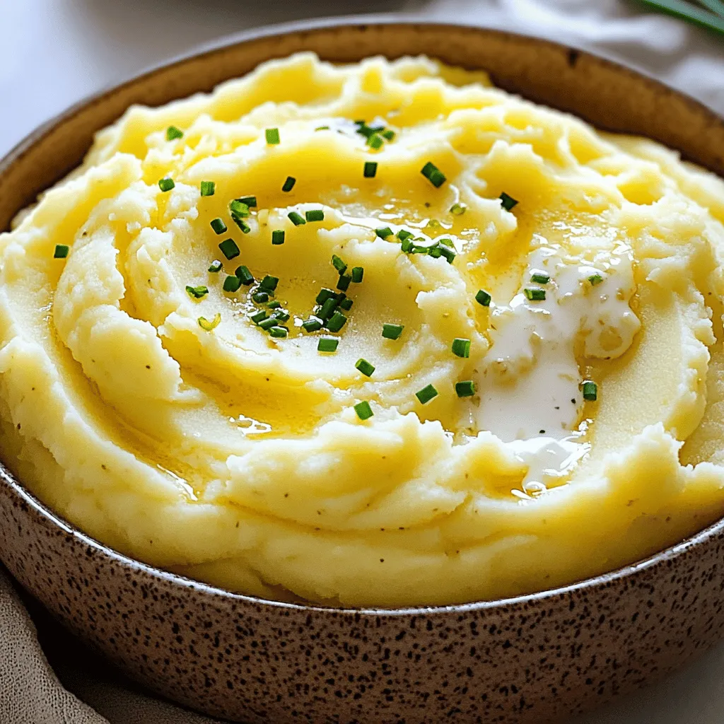 To make the best creamy garlic mashed potatoes, you need a few key items. Here’s what you’ll need: - 2 pounds Yukon Gold potatoes, peeled and cubed into even pieces - 4 cloves fresh garlic, minced finely - ½ cup unsalted butter, cubed - 1 cup heavy cream, warmed - Salt and freshly ground black pepper, to taste - ¼ cup cream cheese, softened (for added creaminess) - 2 tablespoons chives, finely chopped (for a vibrant garnish) These ingredients come together to create a rich and flavorful side dish. If you want to kick things up a notch, try adding some optional ingredients. Here are a few ideas: - Sour cream for a bit of tang - Parmesan cheese for a nutty flavor - Roasted garlic for a sweeter, deeper taste - A dash of nutmeg for warmth - Fresh herbs like thyme or rosemary for an earthy note These optional ingredients can enhance the taste and make your mashed potatoes unique. You can always swap out ingredients based on what you have. Here are some smart substitutions: - Use Russet potatoes instead of Yukon Gold for a fluffier texture. - Almond milk can replace heavy cream for a lighter version. - Olive oil can stand in for butter if you want a healthier fat. - Greek yogurt can substitute for cream cheese, adding protein and tang. These substitutions allow flexibility while keeping the dish delicious. For the full recipe, check out the recipe section. Start by peeling and cubing 2 pounds of Yukon Gold potatoes. Make sure the pieces are even. This helps them cook evenly. Place the cubed potatoes in a large pot. Fill the pot with salted water until it covers the potatoes. Heat the pot over medium-high heat. Once the water boils, cook the potatoes for 15 to 20 minutes. Check if they are done by piercing them with a fork. They should feel soft and tender. Drain the potatoes in a colander and let them sit for a moment. While the potatoes cook, prepare the garlic butter. In a small saucepan, add ½ cup of unsalted butter. Heat it over low heat until it melts. Once melted, add 4 cloves of minced garlic. Stir the garlic gently for about 2 to 3 minutes. Be careful not to burn the garlic, as it can taste bitter. You want to release its lovely aroma without browning it. Return the drained potatoes to the pot. Pour in the melted garlic butter mixture. Next, add 1 cup of warmed heavy cream and ¼ cup of softened cream cheese. This will make your mashed potatoes extra creamy. Season with salt and freshly ground black pepper to taste. Now, use a sturdy potato masher or an electric hand mixer. Mash the potatoes until you reach your desired creaminess. Taste them and adjust the salt and pepper if needed. Finally, fold in 2 tablespoons of finely chopped chives for a fresh touch. Serve the mashed potatoes warm. Enjoy every bite of your creamy garlic mashed potatoes! You can find the full recipe [Full Recipe]. To make creamy garlic mashed potatoes, focus on the potatoes you choose. Yukon Gold potatoes work best. Their natural creaminess makes them ideal for this dish. When cooking, ensure you cut the potatoes into even pieces. This helps them cook at the same rate. Boil them until they are tender, about 15 to 20 minutes. Always drain them well to avoid watery mashed potatoes. For the creamy texture, use a mix of heavy cream and cream cheese. The cream adds richness, while cream cheese gives an extra smoothness. When mashing, go slow. Use a potato masher or electric mixer. Don't over-mash, as this can make the potatoes gummy. One common mistake is not seasoning the water. Adding salt to the boiling water enhances the potato flavor. Another mistake is burning the garlic. Sauté it gently to keep its lovely taste. If it burns, it turns bitter. Also, be careful not to add cold cream or butter. Warm them up first. Cold ingredients can cool down the potatoes, making them less creamy. Lastly, don't skip the chives. They bring a fresh flavor and color to your dish. Serve your creamy garlic mashed potatoes warm. They pair well with many main dishes. Try them with roasted chicken or grilled steak for a classic combo. You can also serve them with rich gravies or sauces. For a fun twist, add toppings. Crispy bacon bits, shredded cheese, or sautéed mushrooms can enhance the dish. You can also serve them in small bowls for individual portions. This makes the meal more special. Don't forget to check out the full recipe to impress your guests with this delightful side dish! {{image_4}} If you want to make creamy garlic mashed potatoes healthier, try using cauliflower. Steam cauliflower until soft, then mash it with the same garlic butter mixture. This swap cuts carbs and adds fiber. For a dairy-free version, swap cream and butter for almond milk and coconut oil. You still get a tasty dish that meets your diet goals. You can elevate your mashed potatoes with many fun flavors. Try adding roasted garlic for a sweeter taste. Mixing in some sautéed spinach gives a lovely green color and extra nutrition. For a twist, stir in some cheese, like parmesan or cheddar. This adds a rich, savory depth to your dish. Creamy garlic mashed potatoes make a great side for many meals. They pair well with roasted chicken, meatloaf, or grilled steak. The creamy texture complements the savory flavors of these dishes. You can also serve them with vegetarian options, like stuffed peppers or mushroom risotto. These combinations create a balanced and satisfying meal. I love creamy garlic mashed potatoes, and I know you will too! After a meal, you may have some leftovers. To store them, let the potatoes cool completely. Place them in an airtight container. Keep them in the fridge for up to three days. For best taste, enjoy them within two days. When you're ready to enjoy your leftovers, reheating is easy. You can use the stove or microwave. If using the stove, place the potatoes in a pot. Add a splash of cream or milk to help with texture. Heat them over low heat, stirring often. If using the microwave, cover the bowl with a damp paper towel. Heat for one minute, then stir. Repeat until warm. Freezing mashed potatoes is a great option! To freeze, let the potatoes cool first. Scoop them into freezer bags and remove as much air as possible. Label the bags with the date. You can freeze them for up to three months. When you're ready to eat, thaw them in the fridge overnight. Reheat as mentioned above for the best flavor. For the full recipe, check out Creamy Garlic Mashed Potatoes with Chive Infusion. You can make garlic mashed potatoes ahead of time. First, prepare the mashed potatoes as usual. After mashing, let them cool slightly. Transfer them to an airtight container and store in the fridge. They can stay fresh for up to three days. When it’s time to serve, reheat them on the stove or in the microwave. Add a splash of cream or milk to keep them creamy. Stir well to ensure even heating. Yes, you can use different types of potatoes. Yukon Gold potatoes provide a rich flavor and creamy texture. Russet potatoes are another great option; they are fluffy and light. Red potatoes also work well. They are waxy and hold their shape. Each potato type adds a unique taste and texture. You can experiment to find your favorite! Creamy garlic mashed potatoes pair well with many dishes. They are great with roasted meats like chicken, beef, or pork. Serve them alongside grilled vegetables for a tasty meal. They also complement rich sauces, like gravy or mushroom sauce. For a complete meal, add a fresh salad or steamed greens. The creamy potatoes balance well with crisp and flavorful sides. Creamy garlic mashed potatoes bring joy and comfort to any meal. We covered essential and optional ingredients, plus how to prepare them in a simple way. With tips for perfect texture and common mistakes, you can create delicious potatoes. Remember, you can switch up flavors and pair them with various dishes. Store leftovers wisely, and enjoy them later. Master these skills, and you’ll impress everyone with your cooking. Enjoy making your creamy garlic mashed potatoes!