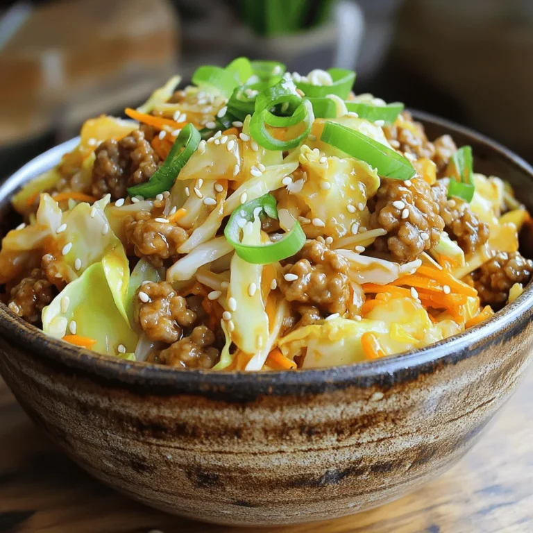 - 1 lb ground turkey or chicken - 4 cups coleslaw mix (blend of shredded cabbage and carrots) - 3 green onions, thinly sliced - 2 cloves garlic, finely minced - 1 tablespoon fresh ginger, grated - 2 tablespoons low-sodium soy sauce - 1 tablespoon sesame oil - 1 teaspoon rice vinegar - Optional: Sesame seeds for garnish The star of this dish is the ground turkey or chicken, which gives it a hearty base. I love using ground turkey for its mild flavor and health benefits. The coleslaw mix adds a fresh crunch and bright color. For the best taste, don't skip the garlic and ginger. They add depth and warmth to the meal. The soy sauce, sesame oil, and rice vinegar create a nice balance of salty and tangy. Feel free to sprinkle sesame seeds on top for some extra flair. They add a lovely crunch and make the dish look even more inviting. This recipe is all about ease and flavor. You can find the full recipe details to make this delicious meal! - Heat the Skillet: First, pour sesame oil into a large skillet. Warm it over medium heat. This creates a tasty base for your dish. - Cook the Meat: Next, add 1 pound of ground turkey or chicken. Use a spatula to break it apart. Cook for about 5-7 minutes until the meat is brown and cooked through. - Stir in Garlic and Ginger: Now, add 2 minced cloves of garlic and 1 tablespoon of grated ginger. Cook for another minute to let the amazing smell fill your kitchen. - Incorporate Coleslaw and Green Onions: Add 4 cups of coleslaw mix and 3 thinly sliced green onions. Mix well to combine everything. Cook for 5-6 minutes. The veggies should be tender but still have a nice crunch. - Season the Mixture: Drizzle 2 tablespoons of low-sodium soy sauce and 1 teaspoon of rice vinegar over the mix. Stir well to coat all the ingredients. Taste and add salt and pepper if needed. - Cool and Serve: Let the dish cook for another 2-3 minutes. This helps all the flavors blend nicely. Remove from heat and let it cool slightly. Serve in bowls, and enjoy! For the Full Recipe, make sure to check the details above! - Ensuring Perfectly Cooked Meat To cook meat well, use medium heat. This helps it brown nicely. Stir it often with a spatula. This keeps the meat from sticking and cooking unevenly. Cook until it's no longer pink. This usually takes about 5-7 minutes. - Maintaining Crunchy Vegetables To keep your veggies crunchy, add them last. Stir them in after the meat cooks. Cook them for just a few minutes. This keeps their bright color and crispness. The coleslaw mix should be tender but not mushy. - Experimenting with Additional Seasoning Don’t be afraid to add more flavor. Try chili flakes for heat or garlic powder for richness. You can also add a splash of lime juice for a fresh kick. Each will make your dish unique and tasty. - Garnishing for Presentation Presentation matters. Use sliced green onions and sesame seeds for garnish. They add color and a nice crunch. Serve in individual bowls to make it look special. A little effort in presentation goes a long way. - Prepping Ingredients in Advance Chop veggies and measure out spices ahead of time. This makes cooking quicker and easier. You can store them in the fridge for a day. This way, you save time when you are ready to cook. - Using Frozen Vegetable Mixes Frozen veggies are a great shortcut. They are pre-chopped and easy to use. Just add them to the skillet when you would add fresh ones. This saves time and keeps your meal quick and simple. For the complete steps and ingredients, check the Full Recipe. {{image_4}} You can swap the ground turkey or chicken for other meats. Ground beef brings a richer taste. Ground pork adds a nice flavor too. If you prefer plant-based meals, use crumbled tofu or tempeh. These options are great for a vegetarian or vegan diet. They still give you that hearty feel. You can change up the vegetables based on what you like. Bell peppers, snap peas, or broccoli work well. You can also use frozen veggies for quick prep. If you need gluten-free options, look for gluten-free soy sauce. It still gives that tasty umami flavor without the gluten. Pair your egg roll bowl with rice or noodles for a filling meal. Serve it over brown rice for added fiber. You can also use zucchini noodles for a low-carb option. For meal prep, divide the mix into containers. This way, you have easy lunches ready for the week. You can simply heat and eat. Check out the Full Recipe for more details! Your Easy Egg Roll in a Bowl lasts about 3 to 4 days in the fridge. To store leftovers, let the dish cool first. Then, place it in an airtight container. This keeps the flavors fresh and the food safe. When you want to eat it, just take it out. You can freeze this meal for later use. To freeze, let the dish cool completely. Then, place it in freezer-safe bags or containers. Be sure to remove as much air as possible to avoid freezer burn. For reheating, thaw it overnight in the fridge. To reheat, use a skillet over medium heat for best flavor. Stir it often to keep it from sticking. You can also use a microwave. Just cover your bowl to trap steam and heat it for 2-3 minutes. This keeps it moist. Enjoy it with a sprinkle of sesame seeds for extra flair. For the full recipe, check out the details above! You can use ground beef, pork, or tofu. These options provide great flavor. For a leaner choice, try ground chicken breast. Each option will give a unique taste to your dish. Yes, you can make this dish ahead of time. Cook it and let it cool. Store it in an airtight container in the fridge. It stays fresh for about three days. Just reheat it on the stove or in the microwave before serving. Some quick sides include steamed rice or cauliflower rice. You can also serve it with a simple salad or edamame. These sides complement the flavors well and add variety to your meal. To make this dish low-carb, skip the rice and use more veggies. You can add mushrooms or bell peppers for extra crunch. Using a lettuce wrap instead of rice also works well. Yes, you can easily make this vegetarian. Replace the meat with tofu or tempeh. Use the same cooking steps to enjoy a tasty plant-based meal. The flavors will still shine through with the right seasoning. For the full recipe, check out the details above. This recipe uses simple ingredients to create a tasty meal. We started with ground turkey, coleslaw mix, and fresh greens for flavor. Cooking techniques ensure your meat is juicy while keeping the veggies crunchy. You also learned about variations and storage tips for added convenience. In the end, you can enjoy a healthy dish that fits your tastes. Try it out and customize it! You’ll impress yourself and anyone you serve it to.
