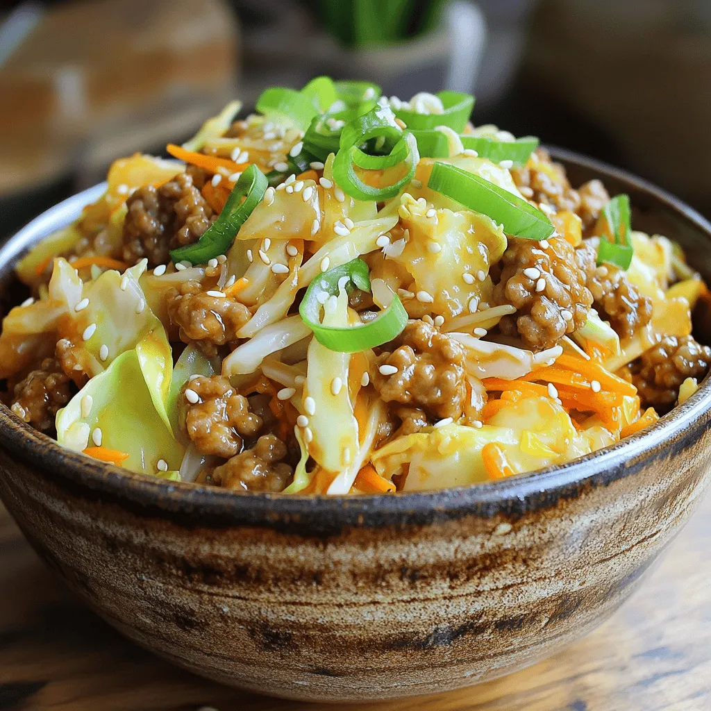 - 1 lb ground turkey or chicken - 4 cups coleslaw mix (blend of shredded cabbage and carrots) - 3 green onions, thinly sliced - 2 cloves garlic, finely minced - 1 tablespoon fresh ginger, grated - 2 tablespoons low-sodium soy sauce - 1 tablespoon sesame oil - 1 teaspoon rice vinegar - Optional: Sesame seeds for garnish The star of this dish is the ground turkey or chicken, which gives it a hearty base. I love using ground turkey for its mild flavor and health benefits. The coleslaw mix adds a fresh crunch and bright color. For the best taste, don't skip the garlic and ginger. They add depth and warmth to the meal. The soy sauce, sesame oil, and rice vinegar create a nice balance of salty and tangy. Feel free to sprinkle sesame seeds on top for some extra flair. They add a lovely crunch and make the dish look even more inviting. This recipe is all about ease and flavor. You can find the full recipe details to make this delicious meal! - Heat the Skillet: First, pour sesame oil into a large skillet. Warm it over medium heat. This creates a tasty base for your dish. - Cook the Meat: Next, add 1 pound of ground turkey or chicken. Use a spatula to break it apart. Cook for about 5-7 minutes until the meat is brown and cooked through. - Stir in Garlic and Ginger: Now, add 2 minced cloves of garlic and 1 tablespoon of grated ginger. Cook for another minute to let the amazing smell fill your kitchen. - Incorporate Coleslaw and Green Onions: Add 4 cups of coleslaw mix and 3 thinly sliced green onions. Mix well to combine everything. Cook for 5-6 minutes. The veggies should be tender but still have a nice crunch. - Season the Mixture: Drizzle 2 tablespoons of low-sodium soy sauce and 1 teaspoon of rice vinegar over the mix. Stir well to coat all the ingredients. Taste and add salt and pepper if needed. - Cool and Serve: Let the dish cook for another 2-3 minutes. This helps all the flavors blend nicely. Remove from heat and let it cool slightly. Serve in bowls, and enjoy! For the Full Recipe, make sure to check the details above! - Ensuring Perfectly Cooked Meat To cook meat well, use medium heat. This helps it brown nicely. Stir it often with a spatula. This keeps the meat from sticking and cooking unevenly. Cook until it's no longer pink. This usually takes about 5-7 minutes. - Maintaining Crunchy Vegetables To keep your veggies crunchy, add them last. Stir them in after the meat cooks. Cook them for just a few minutes. This keeps their bright color and crispness. The coleslaw mix should be tender but not mushy. - Experimenting with Additional Seasoning Don’t be afraid to add more flavor. Try chili flakes for heat or garlic powder for richness. You can also add a splash of lime juice for a fresh kick. Each will make your dish unique and tasty. - Garnishing for Presentation Presentation matters. Use sliced green onions and sesame seeds for garnish. They add color and a nice crunch. Serve in individual bowls to make it look special. A little effort in presentation goes a long way. - Prepping Ingredients in Advance Chop veggies and measure out spices ahead of time. This makes cooking quicker and easier. You can store them in the fridge for a day. This way, you save time when you are ready to cook. - Using Frozen Vegetable Mixes Frozen veggies are a great shortcut. They are pre-chopped and easy to use. Just add them to the skillet when you would add fresh ones. This saves time and keeps your meal quick and simple. For the complete steps and ingredients, check the Full Recipe. {{image_4}} You can swap the ground turkey or chicken for other meats. Ground beef brings a richer taste. Ground pork adds a nice flavor too. If you prefer plant-based meals, use crumbled tofu or tempeh. These options are great for a vegetarian or vegan diet. They still give you that hearty feel. You can change up the vegetables based on what you like. Bell peppers, snap peas, or broccoli work well. You can also use frozen veggies for quick prep. If you need gluten-free options, look for gluten-free soy sauce. It still gives that tasty umami flavor without the gluten. Pair your egg roll bowl with rice or noodles for a filling meal. Serve it over brown rice for added fiber. You can also use zucchini noodles for a low-carb option. For meal prep, divide the mix into containers. This way, you have easy lunches ready for the week. You can simply heat and eat. Check out the Full Recipe for more details! Your Easy Egg Roll in a Bowl lasts about 3 to 4 days in the fridge. To store leftovers, let the dish cool first. Then, place it in an airtight container. This keeps the flavors fresh and the food safe. When you want to eat it, just take it out. You can freeze this meal for later use. To freeze, let the dish cool completely. Then, place it in freezer-safe bags or containers. Be sure to remove as much air as possible to avoid freezer burn. For reheating, thaw it overnight in the fridge. To reheat, use a skillet over medium heat for best flavor. Stir it often to keep it from sticking. You can also use a microwave. Just cover your bowl to trap steam and heat it for 2-3 minutes. This keeps it moist. Enjoy it with a sprinkle of sesame seeds for extra flair. For the full recipe, check out the details above! You can use ground beef, pork, or tofu. These options provide great flavor. For a leaner choice, try ground chicken breast. Each option will give a unique taste to your dish. Yes, you can make this dish ahead of time. Cook it and let it cool. Store it in an airtight container in the fridge. It stays fresh for about three days. Just reheat it on the stove or in the microwave before serving. Some quick sides include steamed rice or cauliflower rice. You can also serve it with a simple salad or edamame. These sides complement the flavors well and add variety to your meal. To make this dish low-carb, skip the rice and use more veggies. You can add mushrooms or bell peppers for extra crunch. Using a lettuce wrap instead of rice also works well. Yes, you can easily make this vegetarian. Replace the meat with tofu or tempeh. Use the same cooking steps to enjoy a tasty plant-based meal. The flavors will still shine through with the right seasoning. For the full recipe, check out the details above. This recipe uses simple ingredients to create a tasty meal. We started with ground turkey, coleslaw mix, and fresh greens for flavor. Cooking techniques ensure your meat is juicy while keeping the veggies crunchy. You also learned about variations and storage tips for added convenience. In the end, you can enjoy a healthy dish that fits your tastes. Try it out and customize it! You’ll impress yourself and anyone you serve it to.