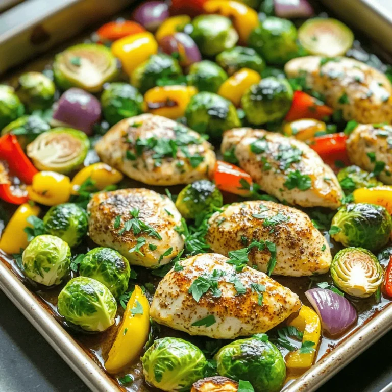 - 4 boneless, skinless chicken breasts - 2 cups Brussels sprouts, halved - 1 red bell pepper, sliced into strips - 1 yellow bell pepper, sliced into strips - 1 red onion, cut into wedges - 3 cloves garlic, minced - 1 tablespoon olive oil (plus extra for the veggies) - 2 teaspoons smoked paprika - 1 teaspoon dried oregano - 1 teaspoon garlic powder - ½ teaspoon cayenne pepper (optional for heat) - Salt and freshly ground black pepper, to taste - Fresh parsley, finely chopped, for garnish Gathering ingredients is key for smooth cooking. Start by washing the veggies. Make sure they are dry before cutting. Cut the Brussels sprouts in half, slice the bell peppers, and wedge the onion. Mince the garlic cloves too. For tools, use a large mixing bowl for the chicken and a separate bowl for veggies. A sharp knife makes cutting easier. Keep a cutting board handy and have measuring spoons ready for the spices. This simple prep sets you up for success in making the Chicken and Veggie Sheet Pan Dinner. With everything in place, you’ll cook your meal faster and enjoy your time in the kitchen. Just follow the [Full Recipe] for clear steps. First, preheat your oven to 425°F (220°C). This high heat helps cook the chicken and veggies evenly. Next, line a large baking sheet with parchment paper. This makes cleanup easy and prevents sticking. In a big bowl, add your chicken breasts. Pour in olive oil and add smoked paprika, dried oregano, garlic powder, cayenne pepper, salt, and black pepper. Mix well to coat each chicken breast evenly. This step is key to adding flavor. Take another bowl and add Brussels sprouts, red and yellow bell peppers, red onion, and minced garlic. Drizzle a bit of olive oil over the veggies, and season with salt and black pepper. Toss gently to coat all the veggies. This helps ensure every bite is tasty. Place the seasoned chicken in the center of your baking sheet. Arrange the veggies around the chicken, making sure they are in a single layer. Spacing is vital for roasting. It allows hot air to circulate, making everything cook better. Put the baking sheet in your preheated oven. Roast for about 25-30 minutes. Check the chicken's internal temperature. It should reach 165°F (74°C). The veggies should be tender and slightly caramelized. After cooking, let everything rest for 5 minutes. This helps keep the juices in the chicken. To ensure evenly cooked chicken, start with similar-sized breasts. This way, they cook at the same rate. Use a meat thermometer to check the center. It should read 165°F (74°C). If you don’t have one, cut into the thickest part. The meat should be white and juices clear. For perfectly roasted veggies, cut them into similar sizes. This helps them cook evenly. Spread them out on the pan. They need space to brown. If they’re crowded, they’ll steam instead of roast. Stir them halfway through cooking to get all sides nice and crispy. For a fun presentation, serve straight from the sheet pan. Let guests help themselves. It makes the meal feel relaxed. You can also plate each serving. Drizzle some olive oil over the veggies for shine and flavor. Pair this dish with fresh bread or a light salad. A tangy vinaigrette adds a nice touch. For sauces, consider a garlic aioli or a tangy yogurt dip. These add creaminess and zest to each bite. If your chicken or veggies seem undercooked, pop them back in the oven. Cook for another 5-10 minutes. Check again with a thermometer for chicken. For veggies, they should be tender and golden. If the dish lacks flavor, adjust the seasoning after cooking. Sprinkle more salt or pepper as needed. You can also drizzle olive oil for more richness. Fresh herbs like parsley or basil can brighten up the dish too. For the full recipe, check out the Zesty Chicken & Veggie Sheet Pan Delight! {{image_4}} You can swap chicken for other proteins. Tofu or tempeh works great. They soak up flavors well. This is perfect for plant-based diets. Choose firm tofu for the best texture. For seasonal veggies, use what you have. In the fall, try sweet potatoes or carrots. In summer, add zucchini or corn. This keeps your dish fresh and exciting. Add herbs and spices to change flavors. Fresh herbs like rosemary or thyme brighten the meal. You can also try a splash of lemon juice for zest. Want more heat? Add more cayenne pepper or red pepper flakes. For marinades, use soy sauce or balsamic vinegar. These give a delicious twist. Try a honey mustard sauce for sweetness too. Don't be afraid to mix and match! You can grill or air fry your chicken and veggies. Grilling gives a nice char and flavor. Air frying makes everything crispy without extra oil. If you want a softer texture, try slow cooking. Cook on low for several hours. This option makes chicken super tender. Just adjust the seasoning for best results. Each method brings its own tasty twist! For the complete recipe, check out the Full Recipe. To keep your leftovers fresh, use airtight containers. Glass or plastic containers work well. Make sure the food cools down before sealing. Place them in the fridge within two hours after cooking. This helps keep bacteria away. Store the chicken and veggies separately for best taste. You can reheat your chicken and veggies in a few ways. The oven works best to keep them juicy. Preheat your oven to 350°F (175°C) and place the food on a baking tray. Heat for about 15-20 minutes. You can also use a microwave. Heat in short bursts of 1-2 minutes, stirring in between. This way, they won’t dry out. To freeze leftovers, let them cool completely. Wrap each portion tightly in plastic wrap and then in foil. Label them with the date for easy tracking. They can last up to three months in the freezer. To cook from frozen, remove the wrapping and place them in the oven at 375°F (190°C). Cook for about 30-40 minutes, or until heated through. You can also thaw them overnight in the fridge for quick reheating. Roasting chicken on a sheet pan takes about 25-30 minutes. The time can vary based on the chicken type. For boneless breasts, stick to this time. Bone-in pieces may need longer. Always check the internal temperature. It should reach 165°F (74°C) for safety. Absolutely! Feel free to mix in extra veggies. Good choices include carrots, zucchini, or sweet potatoes. These add flavor and color. You can also try different herbs like thyme or rosemary. They enhance your dish even more. Pair your meal with simple sides. A fresh salad works great. You could also serve rice or quinoa for a hearty touch. Bread rolls make a nice addition too. They help soak up any juices. Yes! This recipe is perfect for new cooks. Just follow the steps closely. Make sure to prep your ingredients first. Use a meat thermometer for best results. Don't worry if things aren't perfect, practice makes it better! For the full recipe, check out the Zesty Chicken & Veggie Sheet Pan Delight. This recipe combines simple, fresh ingredients for a tasty sheet pan meal. You learned how to prepare chicken and veggies, roast them perfectly, and serve them beautifully. Cooking does not have to be hard. Feel free to adjust flavors and try new vegetables. Enjoy your meal, and don’t forget to share it with family and friends! You can also store and reheat leftovers easily. Now, get cooking and have fun with your sheet pan dinner!
