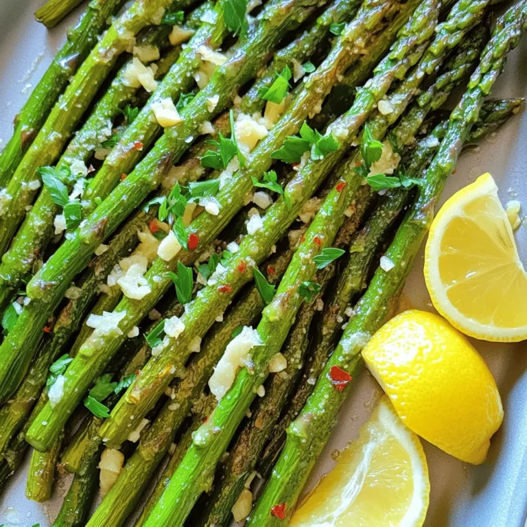 - 1 pound fresh asparagus, ends trimmed - 3 tablespoons extra virgin olive oil - 2 cloves garlic, finely minced - Zest and juice from 1 large lemon - 1 teaspoon fine sea salt - ½ teaspoon freshly cracked black pepper - ¼ teaspoon red pepper flakes (optional) - 2 tablespoons freshly grated Parmesan cheese (optional) - Fresh parsley for garnish If you want to switch out asparagus, try green beans or broccoli. Both add a nice crunch. For oils, you can use avocado oil or melted butter. These will give different flavors. In terms of spices, feel free to swap sea salt with kosher salt. You can also leave out red pepper flakes if you prefer a milder taste. Each serving has about 120 calories. You get 10 grams of fat, 3 grams of carbs, and 2 grams of protein. This dish is low in carbs and high in vitamins. Asparagus is rich in fiber, vitamins A, C, E, and K. It also has folate, which is great for your health. Check out the Full Recipe for a complete cooking guide! 1. First, preheat your oven to 400°F (200°C). This step is key for great roasting. 2. Next, prepare a baking sheet. Line it with parchment paper. This helps with cleanup and keeps the asparagus from sticking. 3. In a large bowl, add the trimmed asparagus. Pour in the olive oil, then add the minced garlic, lemon zest, and lemon juice. 4. Sprinkle in the sea salt, black pepper, and red pepper flakes, if you want some heat. 5. Use your hands or a spatula to toss the asparagus until all pieces are covered in the mix. 1. Arrange the asparagus on the baking sheet in a single layer. This helps them cook evenly. 2. Place the baking sheet in the oven and roast for 15-20 minutes. 3. Halfway through, gently toss the asparagus. This step helps them cook evenly and get that nice crispy texture. 1. If you choose to add Parmesan, sprinkle it on during the last 5 minutes of roasting. This melts the cheese and gives a tasty golden top. 2. Once done, take the asparagus out of the oven. Sprinkle freshly chopped parsley on top for a pop of color. 3. For a great presentation, place the roasted asparagus on a nice platter. You can drizzle more lemon juice on top and serve with lemon wedges for extra flavor. For the complete instructions, check out the Full Recipe. To achieve the perfect roast and tenderness, follow these steps: - Choose fresh asparagus: Look for bright green stalks with firm tips. - Trim the ends: This helps remove any tough parts. Aim for about 1-2 inches off the bottom. - Spread evenly: Place asparagus in a single layer on the baking sheet. This helps them cook evenly. - Toss halfway: Stir the asparagus halfway through cooking to ensure even roasting and crispness. - Check for doneness: The asparagus should be tender but still firm. Avoid these common mistakes: - Overcrowding: Don’t pile the asparagus. This causes steaming instead of roasting. - Skipping the toss: Tossing helps coat the asparagus and allows for an even roast. - Not preheating: Always preheat your oven. This ensures the asparagus cooks properly. For additional spices and herbs, consider these options: - Thyme: Adds a lovely earthy note. - Oregano: Brings a Mediterranean flair. - Cumin: Offers a warm, nutty flavor. - Lemon zest: Boosts the lemony taste even more. When pairing options with sides and entrees, try: - Grilled chicken: The flavors complement each other well. - Salmon: The richness balances the bright asparagus. - Quinoa salad: A fresh and hearty option. For creative serving ideas: - Platter display: Arrange asparagus on a beautiful platter for a stunning look. - Lemon drizzle: Add extra lemon juice on top for a burst of flavor. - Garnish: Use fresh herbs like parsley or dill for a pop of color. Best dishes to accompany your asparagus include: - Roasted potatoes: Their texture pairs nicely with the asparagus. - Rice pilaf: A light, flavorful side that balances the meal. - Pasta: A simple lemon pasta goes hand in hand with this dish. For the full recipe, check out the complete details above. Enjoy your cooking journey! {{image_4}} You can change the cheese to fit your taste. Parmesan is great, but you might try: - Feta for a tangy twist - Goat cheese for creaminess - Cheddar for a sharp flavor If you want vegan options, use: - Nutritional yeast for a cheesy taste - Vegan cheese that melts well Add nuts or seeds for a nice crunch. Some tasty options are: - Slivered almonds for a light flavor - Pine nuts for a buttery touch - Sesame seeds for a nutty flavor You can also mix in other vegetables. Try adding: - Cherry tomatoes for sweetness - Bell peppers for color - Carrots for a bit of sweetness You can adapt this recipe for the seasons. In spring, add fresh herbs like basil or dill. In summer, mix in zucchini or corn for a fresh taste. For the holidays, try adding: - Cranberries for a sweet touch in fall - Lemon zest during summer for brightness These variations keep the dish fun and exciting. You can explore many flavors while enjoying this Lemon Garlic Roasted Asparagus recipe. For the full recipe, check the main article. Store your leftover lemon garlic roasted asparagus in the fridge. Use an airtight container to keep it fresh. It stays good for about 3 days. If you want to store it longer, consider freezing. To reheat roasted asparagus, use the oven. Preheat it to 350°F (175°C). Place the asparagus on a baking sheet. Heat for about 10 minutes. This keeps it crisp and tasty. Avoid using the microwave. It can make the asparagus soggy. Yes, you can freeze roasted asparagus! First, let it cool completely. Then, place it in a freezer-safe bag. Try to squeeze out all the air before sealing. When you’re ready to eat, thaw it in the fridge overnight. Reheat in the oven for best results. - How do I know when asparagus is cooked? Asparagus is cooked when it turns bright green and is tender but still crisp. You can test it by piercing a spear with a fork. It should offer some resistance but not be hard. - Can I use frozen asparagus for this recipe? Yes, you can use frozen asparagus. However, it may release more water during cooking. Make sure to pat it dry before mixing with the other ingredients. - How to prevent asparagus from becoming mushy? To keep asparagus crisp, do not overcook it. Roasting at high heat helps. Toss it halfway through cooking to promote even roasting and check for doneness early. - What to serve with lemon garlic roasted asparagus? This dish goes well with grilled chicken, fish, or steak. You can also serve it with rice or quinoa for a nice grain pairing. - Can I make this recipe ahead of time? You can prepare the asparagus and mix it with the oil and seasonings ahead of time. Just store it in the fridge. Roast it when you're ready to serve. - Is roasted asparagus healthy? Yes, roasted asparagus is very healthy. It is low in calories and high in vitamins A, C, and K. It also provides fiber, which is good for digestion. - How many calories are in lemon garlic roasted asparagus? One serving of lemon garlic roasted asparagus has about 100 calories. This can vary based on the amount of oil and cheese used in the recipe. For the full recipe, check the detailed nutrition information. This blog post shared a simple, tasty recipe for lemon garlic roasted asparagus. You learned about the ingredients, cooking steps, and helpful tips for the best results. I hope this inspires you to try it. Experiment with flavors and variations to make it your own. Store and reheat leftovers properly for more delicious meals. Enjoy this healthy dish with your favorite sides! The freshness and zest will brighten your table. Cooking can be fun and rewarding, so get started.