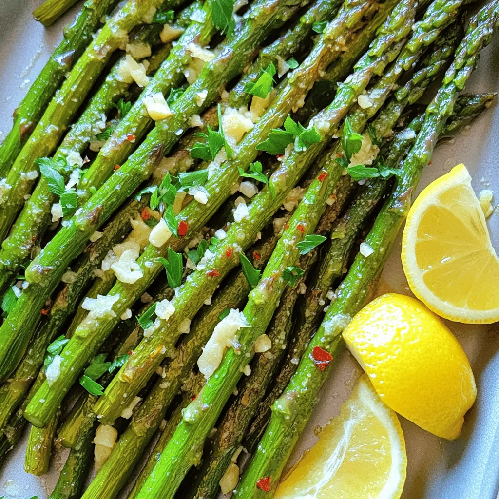 - 1 pound fresh asparagus, ends trimmed - 3 tablespoons extra virgin olive oil - 2 cloves garlic, finely minced - Zest and juice from 1 large lemon - 1 teaspoon fine sea salt - ½ teaspoon freshly cracked black pepper - ¼ teaspoon red pepper flakes (optional) - 2 tablespoons freshly grated Parmesan cheese (optional) - Fresh parsley for garnish If you want to switch out asparagus, try green beans or broccoli. Both add a nice crunch. For oils, you can use avocado oil or melted butter. These will give different flavors. In terms of spices, feel free to swap sea salt with kosher salt. You can also leave out red pepper flakes if you prefer a milder taste. Each serving has about 120 calories. You get 10 grams of fat, 3 grams of carbs, and 2 grams of protein. This dish is low in carbs and high in vitamins. Asparagus is rich in fiber, vitamins A, C, E, and K. It also has folate, which is great for your health. Check out the Full Recipe for a complete cooking guide! 1. First, preheat your oven to 400°F (200°C). This step is key for great roasting. 2. Next, prepare a baking sheet. Line it with parchment paper. This helps with cleanup and keeps the asparagus from sticking. 3. In a large bowl, add the trimmed asparagus. Pour in the olive oil, then add the minced garlic, lemon zest, and lemon juice. 4. Sprinkle in the sea salt, black pepper, and red pepper flakes, if you want some heat. 5. Use your hands or a spatula to toss the asparagus until all pieces are covered in the mix. 1. Arrange the asparagus on the baking sheet in a single layer. This helps them cook evenly. 2. Place the baking sheet in the oven and roast for 15-20 minutes. 3. Halfway through, gently toss the asparagus. This step helps them cook evenly and get that nice crispy texture. 1. If you choose to add Parmesan, sprinkle it on during the last 5 minutes of roasting. This melts the cheese and gives a tasty golden top. 2. Once done, take the asparagus out of the oven. Sprinkle freshly chopped parsley on top for a pop of color. 3. For a great presentation, place the roasted asparagus on a nice platter. You can drizzle more lemon juice on top and serve with lemon wedges for extra flavor. For the complete instructions, check out the Full Recipe. To achieve the perfect roast and tenderness, follow these steps: - Choose fresh asparagus: Look for bright green stalks with firm tips. - Trim the ends: This helps remove any tough parts. Aim for about 1-2 inches off the bottom. - Spread evenly: Place asparagus in a single layer on the baking sheet. This helps them cook evenly. - Toss halfway: Stir the asparagus halfway through cooking to ensure even roasting and crispness. - Check for doneness: The asparagus should be tender but still firm. Avoid these common mistakes: - Overcrowding: Don’t pile the asparagus. This causes steaming instead of roasting. - Skipping the toss: Tossing helps coat the asparagus and allows for an even roast. - Not preheating: Always preheat your oven. This ensures the asparagus cooks properly. For additional spices and herbs, consider these options: - Thyme: Adds a lovely earthy note. - Oregano: Brings a Mediterranean flair. - Cumin: Offers a warm, nutty flavor. - Lemon zest: Boosts the lemony taste even more. When pairing options with sides and entrees, try: - Grilled chicken: The flavors complement each other well. - Salmon: The richness balances the bright asparagus. - Quinoa salad: A fresh and hearty option. For creative serving ideas: - Platter display: Arrange asparagus on a beautiful platter for a stunning look. - Lemon drizzle: Add extra lemon juice on top for a burst of flavor. - Garnish: Use fresh herbs like parsley or dill for a pop of color. Best dishes to accompany your asparagus include: - Roasted potatoes: Their texture pairs nicely with the asparagus. - Rice pilaf: A light, flavorful side that balances the meal. - Pasta: A simple lemon pasta goes hand in hand with this dish. For the full recipe, check out the complete details above. Enjoy your cooking journey! {{image_4}} You can change the cheese to fit your taste. Parmesan is great, but you might try: - Feta for a tangy twist - Goat cheese for creaminess - Cheddar for a sharp flavor If you want vegan options, use: - Nutritional yeast for a cheesy taste - Vegan cheese that melts well Add nuts or seeds for a nice crunch. Some tasty options are: - Slivered almonds for a light flavor - Pine nuts for a buttery touch - Sesame seeds for a nutty flavor You can also mix in other vegetables. Try adding: - Cherry tomatoes for sweetness - Bell peppers for color - Carrots for a bit of sweetness You can adapt this recipe for the seasons. In spring, add fresh herbs like basil or dill. In summer, mix in zucchini or corn for a fresh taste. For the holidays, try adding: - Cranberries for a sweet touch in fall - Lemon zest during summer for brightness These variations keep the dish fun and exciting. You can explore many flavors while enjoying this Lemon Garlic Roasted Asparagus recipe. For the full recipe, check the main article. Store your leftover lemon garlic roasted asparagus in the fridge. Use an airtight container to keep it fresh. It stays good for about 3 days. If you want to store it longer, consider freezing. To reheat roasted asparagus, use the oven. Preheat it to 350°F (175°C). Place the asparagus on a baking sheet. Heat for about 10 minutes. This keeps it crisp and tasty. Avoid using the microwave. It can make the asparagus soggy. Yes, you can freeze roasted asparagus! First, let it cool completely. Then, place it in a freezer-safe bag. Try to squeeze out all the air before sealing. When you’re ready to eat, thaw it in the fridge overnight. Reheat in the oven for best results. - How do I know when asparagus is cooked? Asparagus is cooked when it turns bright green and is tender but still crisp. You can test it by piercing a spear with a fork. It should offer some resistance but not be hard. - Can I use frozen asparagus for this recipe? Yes, you can use frozen asparagus. However, it may release more water during cooking. Make sure to pat it dry before mixing with the other ingredients. - How to prevent asparagus from becoming mushy? To keep asparagus crisp, do not overcook it. Roasting at high heat helps. Toss it halfway through cooking to promote even roasting and check for doneness early. - What to serve with lemon garlic roasted asparagus? This dish goes well with grilled chicken, fish, or steak. You can also serve it with rice or quinoa for a nice grain pairing. - Can I make this recipe ahead of time? You can prepare the asparagus and mix it with the oil and seasonings ahead of time. Just store it in the fridge. Roast it when you're ready to serve. - Is roasted asparagus healthy? Yes, roasted asparagus is very healthy. It is low in calories and high in vitamins A, C, and K. It also provides fiber, which is good for digestion. - How many calories are in lemon garlic roasted asparagus? One serving of lemon garlic roasted asparagus has about 100 calories. This can vary based on the amount of oil and cheese used in the recipe. For the full recipe, check the detailed nutrition information. This blog post shared a simple, tasty recipe for lemon garlic roasted asparagus. You learned about the ingredients, cooking steps, and helpful tips for the best results. I hope this inspires you to try it. Experiment with flavors and variations to make it your own. Store and reheat leftovers properly for more delicious meals. Enjoy this healthy dish with your favorite sides! The freshness and zest will brighten your table. Cooking can be fun and rewarding, so get started.
