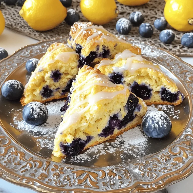 - 2 cups all-purpose flour - 3/4 cup granulated sugar - 1 tablespoon baking powder - 1/2 teaspoon salt - 1/2 cup unsalted butter, cold and cubed - 1 cup fresh blueberries - Zest of 1 lemon - 1/2 cup heavy cream - 1 large egg - 1 teaspoon vanilla extract - 1 tablespoon lemon juice - 1/2 cup powdered sugar (for icing) - 2 teaspoons lemon juice (for icing) When making lemon blueberry scones, choosing the right blueberries is key. Look for small, firm berries. They should be plump and free of blemishes. Fresh blueberries give the best flavor, but frozen ones work too. If using frozen, do not thaw them. For special diets, you can swap some ingredients. If you need gluten-free scones, use a gluten-free flour blend. For a dairy-free option, replace butter with coconut oil and use almond milk instead of heavy cream. You can also use a flax egg as a vegan substitute for the large egg. This recipe is flexible to fit your needs. Just make sure to keep the balance of wet and dry ingredients the same. With these tips, you can create perfect lemon blueberry scones every time. For the full recipe, check out the detailed steps above. 1. Prepping the oven and baking sheet: First, set your oven to 400°F (200°C). This helps the scones bake evenly. Next, line a baking sheet with parchment paper. This prevents the scones from sticking. 2. Mixing dry and wet ingredients: In a large bowl, mix together the dry ingredients. Combine 2 cups of all-purpose flour, 3/4 cup of granulated sugar, 1 tablespoon of baking powder, and 1/2 teaspoon of salt. Make sure to whisk until no lumps remain. In another bowl, whisk together 1/2 cup of heavy cream, 1 large egg, 1 teaspoon of vanilla extract, and 1 tablespoon of lemon juice. This ensures a smooth mix. 3. Forming and shaping the dough: Add cold, cubed unsalted butter to the dry mixture. Work it in until the mix looks like coarse crumbs. Then, fold in 1 cup of fresh blueberries and the zest of 1 lemon. Pour the wet mix into the dry ingredients. Stir gently until just combined. Turn the dough onto a floured surface and knead it for about 30 seconds. Shape it into a circle, about 1 inch thick. Cut the circle into 8 wedges or use a biscuit cutter for round scones. - Recommended oven temperature: Keep your oven at 400°F (200°C) for the best rise and texture. This high heat gives the scones a light and fluffy inside. - Baking duration for perfect scones: Bake the scones for 15 to 20 minutes. Look for a light golden color on the edges. A toothpick should come out clean when inserted. - Importance of cooling time: Let the scones cool for a few minutes on the baking sheet. This helps them firm up and makes them easier to handle. After cooling, drizzle with icing for a tasty finish. For the complete recipe, check out the [Full Recipe]. Enjoy your baking! To achieve flaky scones, use cold butter. Cut it into the flour until it looks like coarse crumbs. This keeps the butter from melting and helps the scones rise. Avoid common mistakes like overmixing the dough. Mix wet and dry ingredients just until combined. Overworking can lead to tough scones. When mixing, use a gentle folding method. This helps keep the blueberries intact and keeps the scones light. Pair your scones with tea or coffee. They taste great with a dollop of clotted cream or a smear of jam. For gatherings, arrange the scones on a pretty plate. Garnish with fresh blueberries for a pop of color. A dusting of powdered sugar adds a lovely finish. Try variations for festive times. Add nuts or seasonal fruits to change things up. Lemon blueberry scones are perfect for spring or summer brunches. Enjoy these flavors as you celebrate! For the full recipe, check out the details above. {{image_4}} You can easily change the flavors of your lemon blueberry scones. Adding nuts like walnuts or pecans gives a nice crunch. You can also toss in other fruits, like raspberries or strawberries, for a new twist. If you want a different citrus taste, try lime or orange instead of lemon. Each fruit brings its own unique flavor. Switching sweeteners also impacts the taste. For example, using honey or maple syrup instead of sugar can add depth. These changes keep every batch exciting! If you need gluten-free scones, swap the all-purpose flour for a gluten-free blend. Many options work well and still taste great. For those who want a vegan version, replace the butter with coconut oil and use a flax egg instead of a regular egg. Looking for low-sugar options? You can cut the sugar in half or use a natural sweetener like stevia. These adjustments let everyone enjoy delicious scones, no matter their diet. Check out the Full Recipe for all the details to make these tasty treats! To keep your lemon blueberry scones fresh, store them in an airtight container. This helps maintain their moisture and prevents them from drying out. You can layer parchment paper between the scones to avoid sticking. For long-term storage, you can freeze these scones. Wrap each scone in plastic wrap and then place them in a freezer bag. Label the bag with the date. They can last up to three months in the freezer. When you want to enjoy a scone, take it out and reheat it. The best way to do this is in the oven. Preheat your oven to 350°F (175°C). Place the scone on a baking sheet for about 10 minutes. This method keeps the texture light and fluffy. Fresh lemon blueberry scones taste best within two days of baking. After that, they may start to lose their flavor and texture. If you store them correctly, they can last up to a week at room temperature. Look for signs of spoilage. If the scones feel hard or dry, it’s time to toss them. Also, check for any mold or an off smell. Fresh scones should smell bright and citrusy, like the lemon they contain. For the full recipe, check back in the article to ensure you bake the perfect batch! What is the best way to prevent sogginess? To avoid sogginess, make sure your butter is cold when mixing. Also, do not overmix the dough. This keeps your scones light and airy. Bake them right after forming to keep moisture in check. Can I use frozen blueberries? Yes, you can use frozen blueberries. However, they may tint the dough blue. If using frozen, add them directly from the freezer to the dough. This helps keep them from breaking apart too much. How do I know when the scones are done? Scones are done when they turn a light golden brown. Insert a toothpick into the center; it should come out clean. This means the batter has cooked through and is ready to enjoy. Can I make the dough ahead of time? Yes, you can prepare the dough ahead of time. Shape it into a circle, wrap it in plastic, and refrigerate. Bake it fresh the next day for warm scones at breakfast. How to add a personal twist to the recipe Get creative! Try adding nuts like almonds or walnuts for extra crunch. You could also experiment with different citrus zest, such as orange or lime, for a fun twist. Substitutes for heavy cream in the recipe If you need a substitute for heavy cream, use whole milk mixed with a bit of melted butter. You can also try coconut cream for a dairy-free option. These will still give you a nice texture in your scones. For the full recipe, check out the Lemon Blueberry Bliss Scones. You now have a complete guide to making the perfect scones. We covered the key ingredients, preparation, and baking steps. Plus, we explored tips for better results and variations to fit your needs. Remember, choosing quality ingredients is vital for flavor and texture. Don't shy away from mixing things up with different flavors. With proper storage, your scones will stay fresh longer. Enjoy making these delicious treats and sharing them with friends!