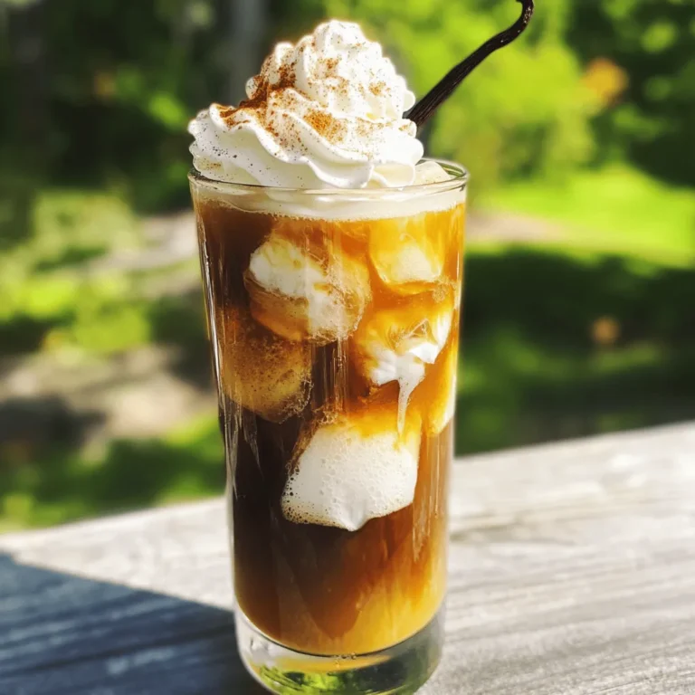 - 2 cups brewed coffee - 1 vanilla bean - 1/4 cup milk or alternative - 2 tablespoons vanilla syrup - Ice cubes - Whipped cream for topping - Ground cinnamon for garnish For this recipe, I like to use fresh vanilla beans. They give a rich flavor that store-bought vanilla cannot match. You can find them in many grocery stores or online. While brewing coffee, make sure to chill it well. I recommend brewing a bold coffee for the best taste. You can choose any milk you enjoy, whether it's whole milk, almond milk, or oat milk. Each type will bring its own flavor to the drink. For sweetness, consider adding vanilla syrup. If you want a creamy touch, add whipped cream on top. Finally, a sprinkle of ground cinnamon adds warmth and spice. Feel free to adjust these ingredients based on your taste. The Full Recipe has specific measurements, but don't be afraid to experiment! Brew your favorite coffee. I recommend using a medium roast for a balanced flavor. Once brewed, let it cool to room temperature. For a faster option, place it in the fridge until chilled. This step ensures your iced coffee stays refreshing. Next, take your vanilla bean and split it lengthwise. Scrape out the seeds and add them to a small saucepan with the milk. Warm the milk over low heat. Be careful not to boil it. This will help the vanilla flavor blend into the milk. Once warmed, remove it from the heat and let it cool down. When the milk is cool, combine it with your chilled coffee in a large glass or pitcher. Add the vanilla syrup to the mix and stir well. Adjust the syrup to your taste if you want it sweeter. Fill a tall glass with ice cubes, then pour the vanilla coffee mixture over the ice. Stir gently to combine all the flavors. If you like, top it with whipped cream and a sprinkle of ground cinnamon for extra flair. For a complete guide, check out the Full Recipe. To make your vanilla bean iced coffee just right, play with the vanilla syrup. If you want a sweeter drink, add more syrup. If you prefer a less sweet flavor, use less. This lets you control your drink's taste. You can also try different types of milk. Almond milk offers a nutty twist, while oat milk gives a creamy texture. Each milk type brings out different flavors in your coffee. So, feel free to explore until you find your favorite combination. Serving your drink in tall glasses makes a big difference. It shows off the lovely layers of coffee and milk. Tall glasses also keep your drink cold longer. Adding a straw is smart, too. It makes sipping easy and fun. Choose colorful or unique straws to add a personal touch to your drink. Vanilla bean iced coffee pairs well with sweet treats. Consider serving it with pastries or cookies. A buttery croissant or a chocolate chip cookie makes every sip taste better. Serve your drink right away for the best flavor. The ice keeps it cool, and you want to enjoy it at its freshest. This way, you can savor every delightful drop of your homemade iced coffee. {{image_4}} If you want to change up your drink, try different milk. Almond milk adds a nice nutty flavor. Oat milk is creamy and sweet. Coconut milk gives a tropical twist. Each option makes your vanilla bean iced coffee unique and delightful. You can choose how sweet you want your drink. Homemade syrup lets you control the flavor. Honey adds a natural sweetness. Agave syrup is a great vegan choice. Each sweetener gives a different taste, so feel free to experiment! Want to add more fun to your vanilla bean iced coffee? Try adding chocolate for a mocha twist. Drizzle caramel for a rich, sweet touch. A sprinkle of nutmeg can also boost the flavors. These extras can turn your drink into an even more special treat. For the complete recipe, check out the Full Recipe. To chill brewed coffee, first, let it cool at room temperature. Once it’s cool, pour it into a clean jar. This helps keep the flavor fresh. Seal the jar tightly and place it in the fridge. Aim to use it within three days for the best taste. If you have leftover iced coffee, store it in the same jar. Make sure to cover it well. You can also add a bit of milk or syrup to keep it tasty. Drink it within two days to enjoy the best flavor. If you want to enjoy leftover iced coffee later, try this: pour it into a glass and add fresh ice. If it tastes a bit flat, add more vanilla syrup or a splash of milk. This will help bring back its yummy taste. For extra fun, you can even top it with whipped cream! To make your vanilla bean iced coffee stronger, use more coffee. You can double the amount of brewed coffee in the recipe. Another option is to brew your coffee using a coarser grind. This will help extract more flavor without making it bitter. You can also try cold brewing your coffee. Cold brew tends to have a smoother taste and can be stronger than regular brewed coffee. Yes, you can use instant coffee. It is quick and easy to prepare. Just mix the instant coffee with hot water, then chill. However, instant coffee may not have the same depth of flavor as brewed coffee. Some brands may taste more bitter, while others can be smoother. Always check the label for quality. The best type of vanilla bean to use is Madagascar vanilla. It has a sweet, creamy flavor that works well in drinks. You could also try Tahitian vanilla. It has a floral and fruity taste, adding a unique twist. If you want something more bold, consider Mexican vanilla. It has a rich, spiced flavor. Each type adds its own magic to your iced coffee. This blog post covered how to create a delicious iced vanilla coffee. You learned about key ingredients, from brewed coffee to vanilla beans. I shared steps to brew and mix your coffee, as well as tips to enhance flavor and presentation. You also discovered variations and storage tips for jazzing up your drink. In summary, making iced vanilla coffee is fun and easy. Experiment with flavors and enjoy it with friends or a tasty treat. Now, go impress your taste buds!