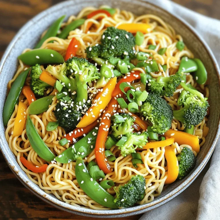 When making Vegetable Lo Mein, using fresh and colorful ingredients makes a big difference. Here’s what you need: - 8 oz lo mein noodles - 2 tablespoons vegetable oil - 1 cup broccoli florets - 1 bell pepper, thinly sliced (choose red, yellow, or green) - 1 cup snap peas, trimmed - 1 medium carrot, julienned - 3 green onions, chopped - 3 cloves garlic, minced - 1 tablespoon fresh ginger, grated - 3 tablespoons soy sauce - 1 tablespoon hoisin sauce - 1 teaspoon sesame oil - Salt and pepper to taste - Toasted sesame seeds for garnish Each ingredient adds its own flavor and texture. The lo mein noodles provide a nice base. Fresh veggies like broccoli and bell pepper add crunch. Garlic and ginger bring warmth and depth. The sauces tie everything together with savory goodness. You can find the full recipe above. Enjoy cooking! To start, bring a large pot of water to a boil. Add 8 oz of lo mein noodles. Cook according to the package directions, which usually take about 5-7 minutes. When done, drain the noodles in a colander. Then, toss them with a splash of vegetable oil to keep them from sticking. Set them aside for later. In a large wok or skillet, heat 2 tablespoons of vegetable oil over medium heat. Once hot, add 3 cloves of minced garlic and 1 tablespoon of grated ginger. Cook these for about 30 seconds. You want the garlic fragrant and golden, but be careful not to burn it. Now, it's time for the veggies! Start by adding 1 cup of broccoli florets. Sauté for 2-3 minutes until they soften. Next, toss in the thinly sliced bell pepper and stir in 1 cup of trimmed snap peas and 1 medium julienned carrot. Cook this mix for another 3-4 minutes. Aim for vibrant colors and a tender-crisp texture. In a small bowl, mix together 3 tablespoons of soy sauce, 1 tablespoon of hoisin sauce, and 1 teaspoon of sesame oil. Once well combined, pour this sauce over your sautéed vegetables. Stir well to coat everything in that tasty sauce. Gently add your cooked lo mein noodles to the wok. Toss all the ingredients together until the noodles are heated through, about 2-3 minutes. This is where you get to taste. Adjust the flavor with a sprinkle of salt and pepper if needed. Remove the wok from the heat. Sprinkle 3 chopped green onions and some toasted sesame seeds on top. This adds a nice crunch and flavor. For a beautiful presentation, serve the Vegetable Lo Mein in wide, shallow bowls. Add extra green onions and a light dusting of sesame seeds on top to make it pop. Enjoy your tasty dish! For the complete recipe, check out the [Full Recipe]. - Ensuring noodle texture: Cook the lo mein noodles just until soft. This usually takes about 5-7 minutes. Drain them well. Toss with a bit of oil to stop them from sticking. This keeps them light and fluffy. - Avoiding overcooked vegetables: Sauté each vegetable for just a few minutes. You want them crisp, not mushy. Broccoli should be bright green, and bell peppers should stay crunchy. This gives your dish a fresh look and taste. - Adjusting sauce levels: Taste your sauce mix before adding it to the vegetables. If you like it saltier, add more soy sauce. For sweetness, add a bit more hoisin sauce. This helps you customize the flavor to your liking. - Suggested seasoning tweaks: Add a pinch of red pepper flakes for heat. You can also sprinkle some ground black pepper or even a squeeze of lime for a zesty kick. Experimenting with spices can elevate your dish. - Prepping vegetables in advance: Chop all your veggies before you start cooking. This saves time and keeps your cooking flow smooth. It also helps you avoid burning your garlic while waiting for veggies to chop. - Organizing workspace: Keep your workspace tidy. Arrange your ingredients in the order you will use them. This makes cooking more fun and less stressful. A clean space helps you focus on making a delicious meal. For the Full Recipe, check the recipe section above. {{image_4}} You can make your Vegetable Lo Mein heartier by adding protein. Tofu is a great choice. Choose firm tofu for best results. Just cube it, then sauté it until golden brown. For meat lovers, chicken or shrimp works well too. Slice chicken thinly and cook until no longer pink. If using shrimp, cook until they turn pink and opaque. Adding these proteins boosts flavor and texture. Sometimes, you may not have all the veggies on hand. No worries! You can swap in seasonal vegetables. Zucchini, mushrooms, or baby corn can work nicely. If you want more crunch, add water chestnuts. For a sweet touch, try baby carrots or sugar snap peas. This flexibility keeps your dish fresh and exciting. For those avoiding gluten, you can easily substitute the noodles. Try rice noodles or zoodles (zucchini noodles). Both options work well and taste great. When it comes to sauces, look for gluten-free soy sauce. Brands like tamari or coconut aminos are excellent substitutes. These swaps ensure everyone can enjoy this tasty meal. For the full recipe, check out the details above! To store your leftover Vegetable Lo Mein, let it cool first. Place it in an airtight container. This will keep the dish fresh. Store it in the fridge for up to three days. When you're ready to eat, simply reheat it in a pan or microwave. If you want to freeze your Vegetable Lo Mein, follow these steps: - Safe freezing methods: Cool the dish completely. Use a freezer-safe container or bag. Remove as much air as possible before sealing. This helps prevent freezer burn. You can freeze it for up to three months. - Reheating guidelines: Thaw the dish in the fridge overnight. Reheat it on the stove over medium heat. Add a splash of water or soy sauce to help it heat evenly. Stir often until it’s hot. When stored correctly, Vegetable Lo Mein can last: - In the fridge: Up to three days. - In the freezer: Up to three months. Enjoy your Vegetable Lo Mein, fresh or reheated! For the full recipe, check out the [Full Recipe]. To make Vegetable Lo Mein vegan, you need to replace some ingredients. Use vegetable oil instead of animal fat. Choose soy sauce that has no added fish sauce. Hoisin sauce is often vegan, but check the label. For protein, use tofu or tempeh instead of meat. These swaps keep your dish tasty and plant-based. Yes! You can use different noodles if you want. Here are some great options: - Rice noodles: These are gluten-free and soak up flavors well. - Soba noodles: Made from buckwheat, they add a nutty taste. - Udon noodles: Thick and chewy, they offer a hearty texture. Each type brings a unique taste and feel to your dish. Pair your Vegetable Lo Mein with tasty sides. Here are some ideas: - Spring rolls: These crispy bites add a nice crunch. - Dumplings: Stuffed with veggies or meat, they are a great match. - Soup: A light broth can balance the meal well. These dishes complement the flavors and make for a full dining experience. This blog post covered a simple and tasty Vegetable Lo Mein recipe. We explored all the ingredients, like lo mein noodles and various fresh veggies. I shared step-by-step instructions for cooking noodles and sautéing vegetables, along with tips for flavor and presentation. Remember, you can add proteins or adjust veggies to suit your taste. Store leftovers properly to enjoy them later, as the dish can last a while. Enjoy making this dish and get creative with your own twists!