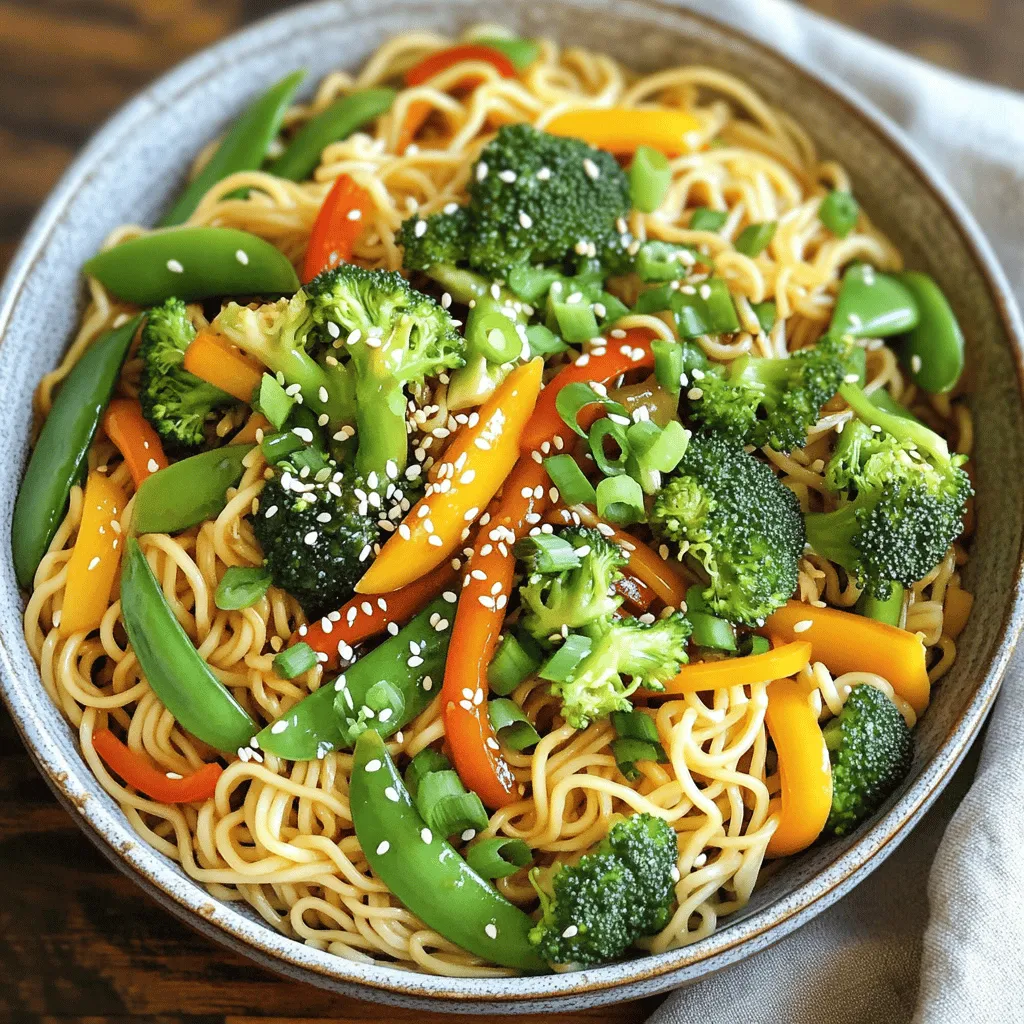 When making Vegetable Lo Mein, using fresh and colorful ingredients makes a big difference. Here’s what you need: - 8 oz lo mein noodles - 2 tablespoons vegetable oil - 1 cup broccoli florets - 1 bell pepper, thinly sliced (choose red, yellow, or green) - 1 cup snap peas, trimmed - 1 medium carrot, julienned - 3 green onions, chopped - 3 cloves garlic, minced - 1 tablespoon fresh ginger, grated - 3 tablespoons soy sauce - 1 tablespoon hoisin sauce - 1 teaspoon sesame oil - Salt and pepper to taste - Toasted sesame seeds for garnish Each ingredient adds its own flavor and texture. The lo mein noodles provide a nice base. Fresh veggies like broccoli and bell pepper add crunch. Garlic and ginger bring warmth and depth. The sauces tie everything together with savory goodness. You can find the full recipe above. Enjoy cooking! To start, bring a large pot of water to a boil. Add 8 oz of lo mein noodles. Cook according to the package directions, which usually take about 5-7 minutes. When done, drain the noodles in a colander. Then, toss them with a splash of vegetable oil to keep them from sticking. Set them aside for later. In a large wok or skillet, heat 2 tablespoons of vegetable oil over medium heat. Once hot, add 3 cloves of minced garlic and 1 tablespoon of grated ginger. Cook these for about 30 seconds. You want the garlic fragrant and golden, but be careful not to burn it. Now, it's time for the veggies! Start by adding 1 cup of broccoli florets. Sauté for 2-3 minutes until they soften. Next, toss in the thinly sliced bell pepper and stir in 1 cup of trimmed snap peas and 1 medium julienned carrot. Cook this mix for another 3-4 minutes. Aim for vibrant colors and a tender-crisp texture. In a small bowl, mix together 3 tablespoons of soy sauce, 1 tablespoon of hoisin sauce, and 1 teaspoon of sesame oil. Once well combined, pour this sauce over your sautéed vegetables. Stir well to coat everything in that tasty sauce. Gently add your cooked lo mein noodles to the wok. Toss all the ingredients together until the noodles are heated through, about 2-3 minutes. This is where you get to taste. Adjust the flavor with a sprinkle of salt and pepper if needed. Remove the wok from the heat. Sprinkle 3 chopped green onions and some toasted sesame seeds on top. This adds a nice crunch and flavor. For a beautiful presentation, serve the Vegetable Lo Mein in wide, shallow bowls. Add extra green onions and a light dusting of sesame seeds on top to make it pop. Enjoy your tasty dish! For the complete recipe, check out the [Full Recipe]. - Ensuring noodle texture: Cook the lo mein noodles just until soft. This usually takes about 5-7 minutes. Drain them well. Toss with a bit of oil to stop them from sticking. This keeps them light and fluffy. - Avoiding overcooked vegetables: Sauté each vegetable for just a few minutes. You want them crisp, not mushy. Broccoli should be bright green, and bell peppers should stay crunchy. This gives your dish a fresh look and taste. - Adjusting sauce levels: Taste your sauce mix before adding it to the vegetables. If you like it saltier, add more soy sauce. For sweetness, add a bit more hoisin sauce. This helps you customize the flavor to your liking. - Suggested seasoning tweaks: Add a pinch of red pepper flakes for heat. You can also sprinkle some ground black pepper or even a squeeze of lime for a zesty kick. Experimenting with spices can elevate your dish. - Prepping vegetables in advance: Chop all your veggies before you start cooking. This saves time and keeps your cooking flow smooth. It also helps you avoid burning your garlic while waiting for veggies to chop. - Organizing workspace: Keep your workspace tidy. Arrange your ingredients in the order you will use them. This makes cooking more fun and less stressful. A clean space helps you focus on making a delicious meal. For the Full Recipe, check the recipe section above. {{image_4}} You can make your Vegetable Lo Mein heartier by adding protein. Tofu is a great choice. Choose firm tofu for best results. Just cube it, then sauté it until golden brown. For meat lovers, chicken or shrimp works well too. Slice chicken thinly and cook until no longer pink. If using shrimp, cook until they turn pink and opaque. Adding these proteins boosts flavor and texture. Sometimes, you may not have all the veggies on hand. No worries! You can swap in seasonal vegetables. Zucchini, mushrooms, or baby corn can work nicely. If you want more crunch, add water chestnuts. For a sweet touch, try baby carrots or sugar snap peas. This flexibility keeps your dish fresh and exciting. For those avoiding gluten, you can easily substitute the noodles. Try rice noodles or zoodles (zucchini noodles). Both options work well and taste great. When it comes to sauces, look for gluten-free soy sauce. Brands like tamari or coconut aminos are excellent substitutes. These swaps ensure everyone can enjoy this tasty meal. For the full recipe, check out the details above! To store your leftover Vegetable Lo Mein, let it cool first. Place it in an airtight container. This will keep the dish fresh. Store it in the fridge for up to three days. When you're ready to eat, simply reheat it in a pan or microwave. If you want to freeze your Vegetable Lo Mein, follow these steps: - Safe freezing methods: Cool the dish completely. Use a freezer-safe container or bag. Remove as much air as possible before sealing. This helps prevent freezer burn. You can freeze it for up to three months. - Reheating guidelines: Thaw the dish in the fridge overnight. Reheat it on the stove over medium heat. Add a splash of water or soy sauce to help it heat evenly. Stir often until it’s hot. When stored correctly, Vegetable Lo Mein can last: - In the fridge: Up to three days. - In the freezer: Up to three months. Enjoy your Vegetable Lo Mein, fresh or reheated! For the full recipe, check out the [Full Recipe]. To make Vegetable Lo Mein vegan, you need to replace some ingredients. Use vegetable oil instead of animal fat. Choose soy sauce that has no added fish sauce. Hoisin sauce is often vegan, but check the label. For protein, use tofu or tempeh instead of meat. These swaps keep your dish tasty and plant-based. Yes! You can use different noodles if you want. Here are some great options: - Rice noodles: These are gluten-free and soak up flavors well. - Soba noodles: Made from buckwheat, they add a nutty taste. - Udon noodles: Thick and chewy, they offer a hearty texture. Each type brings a unique taste and feel to your dish. Pair your Vegetable Lo Mein with tasty sides. Here are some ideas: - Spring rolls: These crispy bites add a nice crunch. - Dumplings: Stuffed with veggies or meat, they are a great match. - Soup: A light broth can balance the meal well. These dishes complement the flavors and make for a full dining experience. This blog post covered a simple and tasty Vegetable Lo Mein recipe. We explored all the ingredients, like lo mein noodles and various fresh veggies. I shared step-by-step instructions for cooking noodles and sautéing vegetables, along with tips for flavor and presentation. Remember, you can add proteins or adjust veggies to suit your taste. Store leftovers properly to enjoy them later, as the dish can last a while. Enjoy making this dish and get creative with your own twists!