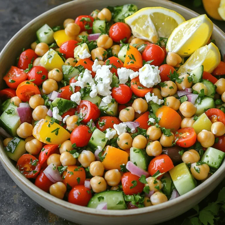This salad bursts with flavor and freshness. Here are the main ingredients you need: - 1 can (15 oz) chickpeas, thoroughly rinsed and drained - 1 cup cherry tomatoes, halved - 1 medium cucumber, diced into bite-sized pieces - 1 ripe bell pepper, diced (choose red or yellow for sweetness) - 1/2 medium red onion, finely chopped - 1/2 cup Kalamata olives, pitted and sliced - 1/2 cup feta cheese, crumbled (optional) - 1/4 cup fresh parsley, finely chopped These ingredients create a colorful and healthy dish. The chickpeas provide protein, while the vegetables add crunch and vitamins. You can customize the salad with some optional ingredients: - Avocado for creaminess - Radishes for a spicy kick - Artichoke hearts for extra texture Feel free to mix and match these ingredients. They bring extra taste and excitement to your salad. To enhance the flavors, use the following seasonings and dressings: - 3 tablespoons extra virgin olive oil - 2 tablespoons freshly squeezed lemon juice - 1 teaspoon dried oregano - Salt and pepper to taste These seasonings add richness and zest to your salad. The olive oil offers a smooth finish, while lemon juice provides a refreshing tang. For the full recipe, check the section above. First, gather all your ingredients. You need: - 1 can (15 oz) chickpeas, thoroughly rinsed and drained - 1 cup cherry tomatoes, halved - 1 medium cucumber, diced into bite-sized pieces - 1 ripe bell pepper, diced - 1/2 medium red onion, finely chopped - 1/2 cup Kalamata olives, pitted and sliced - 1/2 cup feta cheese, crumbled (optional) - 1/4 cup fresh parsley, finely chopped - 3 tablespoons extra virgin olive oil - 2 tablespoons freshly squeezed lemon juice - 1 teaspoon dried oregano - Salt and pepper to taste Rinsing the chickpeas well gets rid of extra salt. Dice the cucumber and bell pepper into small pieces. This helps everyone enjoy the salad without big bites. Chop the onion finely. This way, it mixes well without being too strong. In a large mixing bowl, combine the chickpeas, cherry tomatoes, cucumber, bell pepper, red onion, and Kalamata olives. Stir gently to mix everything evenly. If you want creaminess, add crumbled feta on top. It adds a nice touch. Make sure each ingredient is distributed well. This ensures every bite is full of flavor. Freshness matters in this salad, so use the best ingredients you can find. In a separate small bowl, whisk together the olive oil, lemon juice, oregano, and a sprinkle of salt and pepper. Whisk until everything blends together nicely. This dressing is key to the salad's flavor. Carefully pour the dressing over the salad mixture. Gently toss everything together. This ensures every piece is coated. Finally, add the freshly chopped parsley and toss one last time. Let the salad sit for 10-15 minutes. This lets the flavors meld beautifully. For the full recipe, feel free to check the details provided above. Enjoy your fresh and flavorful Mediterranean Chickpea Salad! To make your salad shine, mix ingredients that play well together. Start with chickpeas, as they add protein and texture. Then, add fresh veggies like cherry tomatoes and cucumbers. They bring bright flavors. Don't forget olives for a salty kick. The dressing is key. Use olive oil and lemon juice for zest. Let the salad sit for a bit. This helps the flavors blend. Chopping well makes a big difference. First, wash all your veggies. A clean surface is crucial. For tomatoes, cut them in half. This keeps their juice intact. Dice the cucumber into small pieces for easy bites. For the bell pepper, remove the seeds and cut it into squares. When chopping onion, make thin slices. This keeps the flavor mild. Use a sharp knife for clean cuts. A beautiful salad is inviting. Serve it in a big bowl or on plates. Arrange the salad in layers for a colorful look. Sprinkle extra parsley on top for a pop of green. You can add a lemon wedge on the side. This adds color and freshness. For a fun touch, use a colorful bowl. It makes the dish more appealing. Enjoy your Mediterranean Chickpea Salad fresh and vibrant! {{image_4}} You can make your Mediterranean chickpea salad even heartier. Try adding grilled chicken or shrimp. These proteins boost flavor and nutrition. Canned tuna or chickpea patties work well, too. Each protein adds a unique taste and texture to the salad. Herbs and spices can transform your salad. You might use fresh mint for a refreshing twist. Basil also adds a sweet, fragrant note. You can sprinkle in a pinch of cumin for warmth. Feel free to mix and match these herbs to find your favorite flavor. While the lemon and olive oil dressing is great, you can switch it up. Try a tahini dressing for a creamy and nutty flavor. A balsamic vinaigrette gives a sweet touch. You could even use yogurt-based dressings for a tangy twist. Each dressing brings something special to the table. For the full recipe, check out the details above. To store leftover Mediterranean chickpea salad, place it in a bowl. Cover the bowl tightly with plastic wrap or a lid. This keeps the salad fresh and prevents odors from other foods. If you want, you can also separate the dressing and salad. This helps keep the salad crisp. I recommend using glass or BPA-free plastic containers. Glass containers do not stain or hold odors. They are also easy to clean. Look for containers with tight-fitting lids. This will help keep the salad fresh longer. If you have smaller portions, use smaller containers for easy storage. When stored properly, the salad stays fresh for about 3 to 5 days in the fridge. After that, the veggies may start to lose their crunch. If you notice any off smells or colors, it's best to toss it. Always check for freshness before eating. Enjoy your Mediterranean chickpea salad at its best! For the full recipe, check out the details above. Mediterranean Chickpea Salad stays fresh in the fridge for about 3 to 5 days. Make sure to store it in an airtight container. The flavors will deepen, making it even better on day two! Yes, you can make Mediterranean Chickpea Salad ahead of time. It tastes great when made a few hours before serving. Just mix in the dressing right before serving to keep everything crisp and fresh. You can serve this salad with grilled chicken, fish, or pita bread. It pairs nicely with hummus or a yogurt dip, too. For a light meal, enjoy it on its own or with some crusty bread. Check out the Full Recipe for more ideas! Mediterranean chickpea salad is easy and fun to make. We explored key ingredients, step-by-step instructions, and tips to boost flavor. Variations let you customize this dish to your taste. Proper storage helps keep leftovers fresh and tasty. With this guide, you can enjoy a healthy, flavorful meal any time. Remember, the key is experimenting and finding what works best for you. Enjoy this vibrant salad as a meal or a side dish. Let your creativity shine as you make it your own.