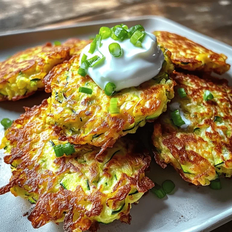 - 2 medium zucchinis, coarsely grated - 1 teaspoon salt - 1/2 cup all-purpose flour - 1/4 cup freshly grated Parmesan cheese - 2 large eggs - 1/4 cup green onions, finely chopped - 1/2 teaspoon garlic powder - 1/2 teaspoon onion powder - 1/4 teaspoon black pepper - 1/4 teaspoon cayenne pepper (optional) - Olive oil, for frying - Greek yogurt or sour cream, for serving When making zucchini fritters, you need fresh ingredients for the best taste. Start with two medium zucchinis. Grate them coarsely for texture. Salt helps draw out water, making the fritters crispier. For binding, we add all-purpose flour and Parmesan cheese. The cheese also adds a nice flavor. You’ll need two large eggs to hold everything together. Chopped green onions bring a fresh crunch, while garlic powder and onion powder add depth. If you like a little heat, cayenne pepper gives a kick, but it's optional. Olive oil is key for frying; it helps achieve that golden brown color. Lastly, a dollop of Greek yogurt or sour cream adds creaminess. These ingredients come together to create delicious bites that are perfect for any meal. For the complete recipe, check out the [Full Recipe]. First, we need to prepare the zucchini. Grate the zucchinis using the large holes of a grater. Place the grated zucchini in a clean kitchen towel or cheesecloth. Sprinkle the salt over the zucchini and mix it in lightly. This helps to draw out moisture. Let the zucchini rest for about 10-15 minutes. After the resting time, gather the edges of the towel to make a pouch. Twist tightly to squeeze out as much liquid as possible from the zucchini. This step is key for crispy fritters. If you skip it, your fritters may turn out soggy. Now, let’s mix our batter. In a large bowl, combine the squeezed zucchini, flour, grated Parmesan cheese, and eggs. Then, add chopped green onions, garlic powder, onion powder, black pepper, and cayenne pepper if you like some heat. Stir everything until well blended. The mixture should be thick but still scoopable. It’s time to cook! Heat a couple of tablespoons of olive oil in a large skillet over medium heat. When the oil shimmers, drop spoonfuls of the zucchini mixture into the skillet. Flatten each fritter slightly with the back of the spoon. This ensures even cooking. Cook the fritters for about 3-4 minutes on each side. Look for a golden brown color and a crispy texture. Keep an eye on the heat and adjust as needed to avoid burning. Once cooked, transfer the fritters onto a paper towel-lined plate. This helps absorb any extra oil. Serve the fritters warm with Greek yogurt or sour cream for a tasty dip. For the complete guide, check the Full Recipe. To get that perfect crunch, you must squeeze moisture from the zucchini. If you skip this step, your fritters will turn out soggy. After grating the zucchini, sprinkle it with salt and let it sit for about 10-15 minutes. This helps draw out excess water. Then, use a kitchen towel to squeeze out the liquid. The drier the zucchini, the crispier your fritters will be. Adjusting the heat while frying is also key. Start with medium heat to avoid burning. If you notice the fritters browning too fast, lower the heat. Cooking them too quickly can lead to a raw center, which is not tasty. Zucchini fritters shine with the right dips. A dollop of Greek yogurt or sour cream pairs perfectly. You could also try salsa or a garlic aioli for extra flavor. For side dishes, think fresh salads or roasted vegetables. They add color and balance to your meal. Mixing textures enhances the dining experience. One common mistake is overcooking or undercooking the fritters. Keep an eye on the cooking time; aim for about 3-4 minutes on each side. When they turn golden brown, they are ready. Not seasoning properly is another issue. The fritters need salt and pepper to bring out the flavors. Don't forget to taste the mixture before cooking. Adjust the seasoning if needed. For the full recipe, check out the details above. Enjoy your cooking! {{image_4}} To make your zucchini fritters extra tasty, try adding herbs and spices. Fresh herbs like basil, parsley, or dill can add a burst of flavor. You can mix in spices like paprika or cumin for a warm kick. Another fun twist is to incorporate different types of cheese. Feta or cheddar can change the taste and texture. Cheese can also help the fritters hold together better. If you want gluten-free fritters, use almond or coconut flour instead of regular flour. Both options give a nice texture and taste. For vegan fritters, you can replace eggs with a flaxseed mixture. Combine one tablespoon of ground flaxseed with three tablespoons of water and let it sit for a few minutes. This mix will help bind the fritters. Zucchini is great, but feel free to experiment with different types of squash. Yellow squash or pattypan squash can add new flavors. Mixing in colorful veggies like bell peppers or corn not only adds taste but also makes the dish look vibrant. Seasonal ingredients make the fritters fresh and fun! For the full recipe, check out the Zesty Zucchini Fritters . To store leftover fritters, let them cool completely first. Place them in an airtight container. This keeps them fresh and prevents sogginess. You can store them in the fridge for up to three days. If you want them to last longer, freezing is a great option. When you reheat fritters, keep them crispy. Use a skillet for the best results. Heat a little oil over medium heat. Place the fritters in the skillet. Cook until they are hot and crisp again, usually around two minutes per side. Avoid using a microwave as it can make them soggy. To freeze fritters, let them cool completely. Arrange them in a single layer on a baking sheet. Place the baking sheet in the freezer until they are firm. Once frozen, transfer them to a freezer-safe bag or container. They can last up to three months. To thaw, place them in the fridge overnight before reheating. This method helps preserve their texture. For the full details on making zesty zucchini fritters, check the Full Recipe. To keep your zucchini fritters from falling apart, remove extra moisture. After grating the zucchini, sprinkle salt on it. Let it sit for about 10-15 minutes. This will help draw out the water. Next, use a clean towel to squeeze the zucchini. This step is key for a firm fritter. Mix in flour, eggs, and cheese to bind the fritters. The right ratio of these ingredients will help them hold together. Yes, you can bake zucchini fritters! Preheat your oven to 400°F (200°C). Place the fritters on a baking sheet lined with parchment paper. Lightly spray the fritters with cooking oil. Bake for about 20-25 minutes. Flip them halfway through for even cooking. They may not be as crispy as fried fritters, but they will still taste great! Zucchini fritters pair well with many sides. Here are some ideas: - Greek yogurt or sour cream for dipping - A fresh salad with lemon dressing - Tomato salsa for a zesty twist - Garlic aioli for extra flavor These sides will complement the fritters and add variety to your meal. To check if your fritters are done, look for a golden brown color. They should be crispy on the outside. Gently press them with a spatula; they should feel firm. If they are still soft, give them a couple more minutes. When both sides are golden and the inside feels set, your fritters are ready to enjoy. Zucchini fritters are easy and fun to make. You need simple ingredients like zucchini, eggs, and cheese. I covered steps for preparing, cooking, and storing them. I also shared tips to keep them crispy and made ideas for serving. When trying this recipe, remember to squeeze out moisture and season well. Enjoy experimenting with flavors and serving them with your favorite dips. Zucchini fritters will surely be a tasty treat!