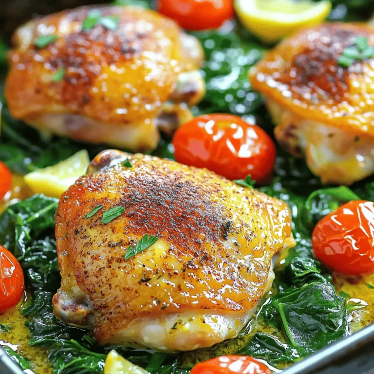 - 4 boneless, skinless chicken thighs - 4 tablespoons unsalted butter, divided - 8 cloves garlic, finely minced - 1 teaspoon dried thyme - 1 teaspoon smoked paprika - Salt and freshly ground black pepper, to taste - 1 cup cherry tomatoes, halved - 1 cup fresh baby spinach - 1 lemon, juiced (about 2 tablespoons) - Fresh parsley, chopped, for garnish Using these simple ingredients makes cooking easy and fun. Chicken thighs give you a juicy, tender bite. The garlic and butter blend creates a rich flavor that you will love. Fresh tomatoes and spinach add color and nutrition. - Calories per serving: About 350 calories - Macronutrient breakdown: Roughly 25 grams of protein, 20 grams of fat, and 10 grams of carbs - Health benefits of garlic and spinach: Garlic boosts your immune system while spinach offers iron and vitamins. This dish is not only tasty but also packed with health benefits. Garlic helps keep you healthy, and spinach supports your body with nutrients. Enjoy this dish guilt-free, knowing it's good for you! Check out the Full Recipe for detailed steps to make this delightful dish. - Prepare the skillet with butter: Start by heating 2 tablespoons of unsalted butter in a large skillet over medium-high heat. Wait until the butter melts and bubbles. - Season the chicken thighs: Take 4 boneless, skinless chicken thighs. Sprinkle salt, black pepper, dried thyme, and smoked paprika on both sides. Make sure to coat them well for great flavor. - Sear the chicken thighs: Place the seasoned thighs in the hot skillet. Sear for about 5-7 minutes on each side. They should look golden brown and reach 165°F inside. Once done, take them out and set aside. - Sauté the garlic and cook the vegetables: In the same skillet, add the rest of the butter and 8 minced garlic cloves. Sauté for 1 minute. Don’t let the garlic burn! Then, add 1 cup of halved cherry tomatoes and 1 cup of fresh baby spinach. Cook for 2-3 minutes until the spinach wilts and tomatoes soften. - Combine chicken with vegetables and lemon juice: Return the chicken to the skillet. Squeeze the juice of 1 lemon over everything. Let it simmer for 2 minutes to blend the flavors. - Adjust seasoning and serve: Taste the dish. If needed, add more salt and pepper. Once ready, remove from heat. Serve hot and enjoy this delightful meal straight from the pan. - Prep time: 10 minutes - Cook time: 20 minutes - Total time: 30 minutes - Servings: 4 For the full recipe, check out [Full Recipe]. Seasoning is key for great flavor. I always use fresh herbs, salt, and pepper. Make sure to season both sides of the chicken well. This helps lock in moisture and adds taste. For searing chicken, heat your skillet well before adding the meat. This creates a nice crust. Place the chicken in the pan gently, and avoid overcrowding. This ensures even cooking and browning. One big mistake is burning the garlic. Garlic cooks fast, so watch it closely. Remove it from heat as soon as it’s fragrant. This keeps your dish from tasting bitter. Another common issue is undercooked chicken. Use a meat thermometer to check the internal temperature. It should reach 165°F. This keeps your chicken juicy and safe to eat. I recommend using a heavy skillet or cast-iron pan. These types heat evenly and help with searing. A good spatula or tongs makes flipping the chicken easy. Also, keep a meat thermometer handy. It’s a great tool for ensuring perfect doneness. With the right tools, your cooking will be much smoother. For more details, you can check the Full Recipe. {{image_4}} You can switch the chicken for other proteins. Turkey thighs work well. Tofu is a great choice for a vegan option. It holds flavor and cooks nicely. Add different vegetables for variety. Consider bell peppers, zucchini, or broccoli. They all blend well with garlic and butter. Want more texture? Try adding cheese or nuts. Parmesan cheese melts beautifully over the chicken. Almonds or walnuts give a nice crunch. You can also play with seasonings. Try adding Italian herbs or a hint of cayenne. These spices can elevate the dish. If you need it gluten-free, check labels on butter and seasonings. Most are safe, but always verify. To make it low-carb, cut the tomatoes and focus on the chicken and spinach. This keeps it hearty and satisfying without extra carbs. How do you store One Pan Garlic Butter Chicken? First, let the dish cool down. Then, place it in an airtight container. This keeps the chicken moist and flavorful for later meals. You should store it in the fridge. It lasts for up to three days. For best results, use glass containers. They do not stain or retain odors. Plastic containers are also fine if they are food-safe and airtight. What are the best methods for reheating chicken? The oven works great for even heating. Preheat it to 350°F and place the chicken in a baking dish. Cover the dish with foil to keep it moist. You can also use the microwave. Place the chicken on a microwave-safe plate. Cover it with a damp paper towel. Heat for 1-2 minutes, checking often to avoid drying it out. To keep the flavor and texture, avoid using high heat. Slow and steady is the way to go! How do you freeze leftovers? First, let the chicken cool completely. Then, cut it into pieces if desired. Place the chicken in a freezer-safe bag or container. Remove as much air as possible to prevent freezer burn. To thaw, move the chicken from the freezer to the fridge. It takes about 24 hours. You can also use the microwave on defrost mode. Just be careful not to cook it. When ready to eat, you can reheat it as mentioned above. Enjoy your One Pan Garlic Butter Chicken straight from the freezer! How to make One Pan Garlic Butter Chicken? First, heat butter in a skillet. Sear seasoned chicken thighs until golden. Then, sauté garlic and add cherry tomatoes with spinach. Combine it all, add lemon juice, and simmer. This creates a rich, buttery flavor. You can find the full recipe above for detailed steps. Can I use chicken breasts instead of thighs? Yes, you can use chicken breasts. They are leaner but may dry out faster. Adjust the cooking time to ensure they stay juicy. Thighs are more forgiving and flavorful, though. What should I serve with this dish? Pair it with crusty bread to soak up the sauce. You can also serve over rice or pasta. A fresh salad adds a nice crunch and balance to the meal. Is this recipe suitable for meal prep? Yes, One Pan Garlic Butter Chicken is great for meal prep. Store leftovers in an airtight container in the fridge. They will stay fresh for up to three days. How can I lower the calorie count? To reduce calories, use less butter or opt for a light butter substitute. You can also add more vegetables. This keeps the dish filling without extra calories. What’s the best pan to use for this recipe? A large, heavy skillet works best. Cast iron or stainless steel pans are great options. They heat evenly and give a nice sear to the chicken. Can I cook this on a grill instead of a skillet? Yes, grilling is an option. Use a grill pan or direct heat. Keep an eye on the chicken to avoid drying it out. The smoky flavor will add a great twist! This blog post shared a tasty recipe for One Pan Garlic Butter Chicken. You learned about the ingredients, easy steps to prepare and cook, and helpful tips. Try making this dish with the suggested variations for more fun. Store leftovers properly to keep them fresh. Remember, this dish is quick and great for meal prep. Enjoy cooking and experimenting in your kitchen! It’s a simple way to impress friends and family. Keep exploring new flavors and enjoy your meals!