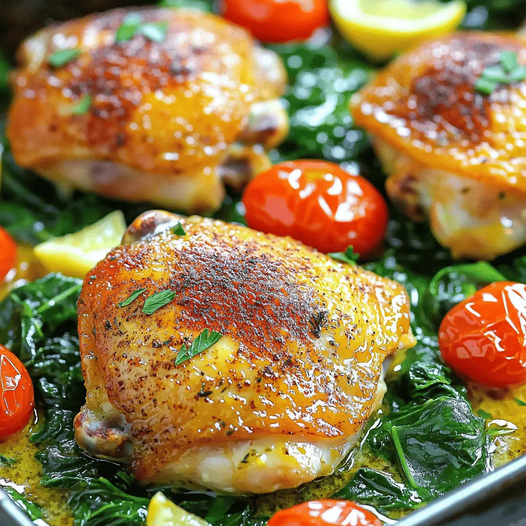 - 4 boneless, skinless chicken thighs - 4 tablespoons unsalted butter, divided - 8 cloves garlic, finely minced - 1 teaspoon dried thyme - 1 teaspoon smoked paprika - Salt and freshly ground black pepper, to taste - 1 cup cherry tomatoes, halved - 1 cup fresh baby spinach - 1 lemon, juiced (about 2 tablespoons) - Fresh parsley, chopped, for garnish Using these simple ingredients makes cooking easy and fun. Chicken thighs give you a juicy, tender bite. The garlic and butter blend creates a rich flavor that you will love. Fresh tomatoes and spinach add color and nutrition. - Calories per serving: About 350 calories - Macronutrient breakdown: Roughly 25 grams of protein, 20 grams of fat, and 10 grams of carbs - Health benefits of garlic and spinach: Garlic boosts your immune system while spinach offers iron and vitamins. This dish is not only tasty but also packed with health benefits. Garlic helps keep you healthy, and spinach supports your body with nutrients. Enjoy this dish guilt-free, knowing it's good for you! Check out the Full Recipe for detailed steps to make this delightful dish. - Prepare the skillet with butter: Start by heating 2 tablespoons of unsalted butter in a large skillet over medium-high heat. Wait until the butter melts and bubbles. - Season the chicken thighs: Take 4 boneless, skinless chicken thighs. Sprinkle salt, black pepper, dried thyme, and smoked paprika on both sides. Make sure to coat them well for great flavor. - Sear the chicken thighs: Place the seasoned thighs in the hot skillet. Sear for about 5-7 minutes on each side. They should look golden brown and reach 165°F inside. Once done, take them out and set aside. - Sauté the garlic and cook the vegetables: In the same skillet, add the rest of the butter and 8 minced garlic cloves. Sauté for 1 minute. Don’t let the garlic burn! Then, add 1 cup of halved cherry tomatoes and 1 cup of fresh baby spinach. Cook for 2-3 minutes until the spinach wilts and tomatoes soften. - Combine chicken with vegetables and lemon juice: Return the chicken to the skillet. Squeeze the juice of 1 lemon over everything. Let it simmer for 2 minutes to blend the flavors. - Adjust seasoning and serve: Taste the dish. If needed, add more salt and pepper. Once ready, remove from heat. Serve hot and enjoy this delightful meal straight from the pan. - Prep time: 10 minutes - Cook time: 20 minutes - Total time: 30 minutes - Servings: 4 For the full recipe, check out [Full Recipe]. Seasoning is key for great flavor. I always use fresh herbs, salt, and pepper. Make sure to season both sides of the chicken well. This helps lock in moisture and adds taste. For searing chicken, heat your skillet well before adding the meat. This creates a nice crust. Place the chicken in the pan gently, and avoid overcrowding. This ensures even cooking and browning. One big mistake is burning the garlic. Garlic cooks fast, so watch it closely. Remove it from heat as soon as it’s fragrant. This keeps your dish from tasting bitter. Another common issue is undercooked chicken. Use a meat thermometer to check the internal temperature. It should reach 165°F. This keeps your chicken juicy and safe to eat. I recommend using a heavy skillet or cast-iron pan. These types heat evenly and help with searing. A good spatula or tongs makes flipping the chicken easy. Also, keep a meat thermometer handy. It’s a great tool for ensuring perfect doneness. With the right tools, your cooking will be much smoother. For more details, you can check the Full Recipe. {{image_4}} You can switch the chicken for other proteins. Turkey thighs work well. Tofu is a great choice for a vegan option. It holds flavor and cooks nicely. Add different vegetables for variety. Consider bell peppers, zucchini, or broccoli. They all blend well with garlic and butter. Want more texture? Try adding cheese or nuts. Parmesan cheese melts beautifully over the chicken. Almonds or walnuts give a nice crunch. You can also play with seasonings. Try adding Italian herbs or a hint of cayenne. These spices can elevate the dish. If you need it gluten-free, check labels on butter and seasonings. Most are safe, but always verify. To make it low-carb, cut the tomatoes and focus on the chicken and spinach. This keeps it hearty and satisfying without extra carbs. How do you store One Pan Garlic Butter Chicken? First, let the dish cool down. Then, place it in an airtight container. This keeps the chicken moist and flavorful for later meals. You should store it in the fridge. It lasts for up to three days. For best results, use glass containers. They do not stain or retain odors. Plastic containers are also fine if they are food-safe and airtight. What are the best methods for reheating chicken? The oven works great for even heating. Preheat it to 350°F and place the chicken in a baking dish. Cover the dish with foil to keep it moist. You can also use the microwave. Place the chicken on a microwave-safe plate. Cover it with a damp paper towel. Heat for 1-2 minutes, checking often to avoid drying it out. To keep the flavor and texture, avoid using high heat. Slow and steady is the way to go! How do you freeze leftovers? First, let the chicken cool completely. Then, cut it into pieces if desired. Place the chicken in a freezer-safe bag or container. Remove as much air as possible to prevent freezer burn. To thaw, move the chicken from the freezer to the fridge. It takes about 24 hours. You can also use the microwave on defrost mode. Just be careful not to cook it. When ready to eat, you can reheat it as mentioned above. Enjoy your One Pan Garlic Butter Chicken straight from the freezer! How to make One Pan Garlic Butter Chicken? First, heat butter in a skillet. Sear seasoned chicken thighs until golden. Then, sauté garlic and add cherry tomatoes with spinach. Combine it all, add lemon juice, and simmer. This creates a rich, buttery flavor. You can find the full recipe above for detailed steps. Can I use chicken breasts instead of thighs? Yes, you can use chicken breasts. They are leaner but may dry out faster. Adjust the cooking time to ensure they stay juicy. Thighs are more forgiving and flavorful, though. What should I serve with this dish? Pair it with crusty bread to soak up the sauce. You can also serve over rice or pasta. A fresh salad adds a nice crunch and balance to the meal. Is this recipe suitable for meal prep? Yes, One Pan Garlic Butter Chicken is great for meal prep. Store leftovers in an airtight container in the fridge. They will stay fresh for up to three days. How can I lower the calorie count? To reduce calories, use less butter or opt for a light butter substitute. You can also add more vegetables. This keeps the dish filling without extra calories. What’s the best pan to use for this recipe? A large, heavy skillet works best. Cast iron or stainless steel pans are great options. They heat evenly and give a nice sear to the chicken. Can I cook this on a grill instead of a skillet? Yes, grilling is an option. Use a grill pan or direct heat. Keep an eye on the chicken to avoid drying it out. The smoky flavor will add a great twist! This blog post shared a tasty recipe for One Pan Garlic Butter Chicken. You learned about the ingredients, easy steps to prepare and cook, and helpful tips. Try making this dish with the suggested variations for more fun. Store leftovers properly to keep them fresh. Remember, this dish is quick and great for meal prep. Enjoy cooking and experimenting in your kitchen! It’s a simple way to impress friends and family. Keep exploring new flavors and enjoy your meals!