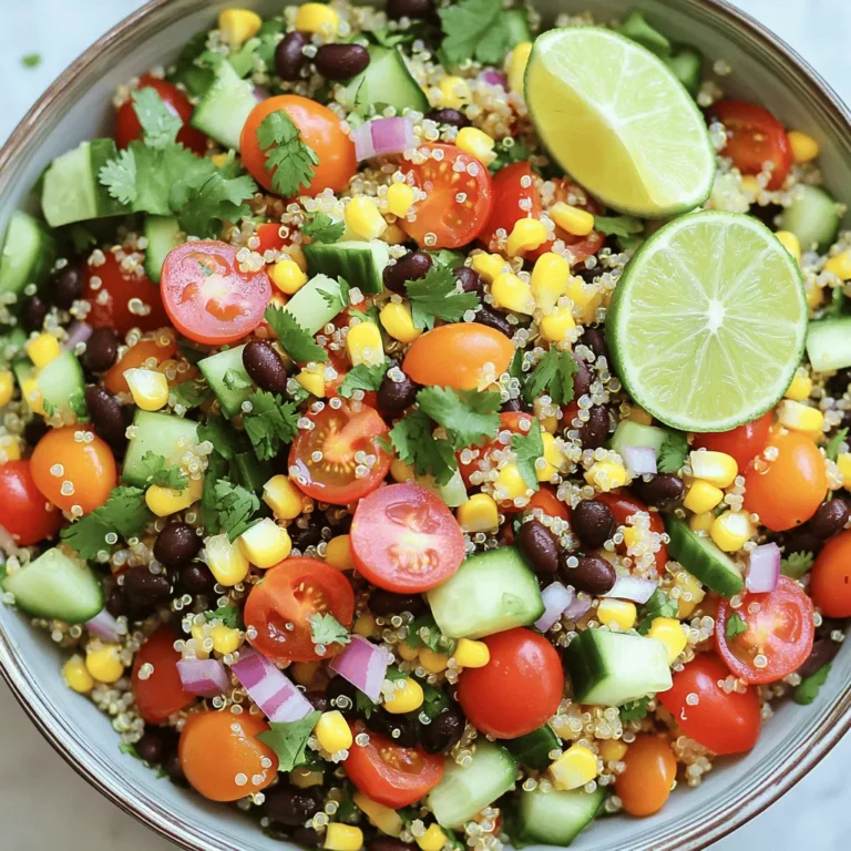 - 1 cup quinoa, thoroughly rinsed - 2 cups vegetable broth (or water) - 1 cup cherry tomatoes, halved - 1 cup cucumber, diced - 1 cup black beans, rinsed and drained - ½ cup corn (fresh or frozen) - Juice of 1 lime - 3 tablespoons olive oil - 1 teaspoon ground cumin When making a healthy quinoa salad, the right ingredients make all the difference. Quinoa is a great base. It has protein and fiber. You start with 1 cup of quinoa. Make sure to rinse it well. This removes any bitterness. Next, you need liquid. Use 2 cups of vegetable broth or water. The broth adds flavor. Then, add 1 cup of halved cherry tomatoes. They add sweetness and color. Now for some crunch! Dice 1 cup of cucumber. It adds a fresh taste. Then, rinse and drain 1 cup of black beans. These beans provide protein and fiber. Lastly, add ½ cup of corn. Use fresh corn or frozen corn that you thaw. For the dressing, you need juice from 1 lime. This gives a zesty kick. Combine it with 3 tablespoons of olive oil. This makes the salad creamy. Lastly, add 1 teaspoon of ground cumin. It enhances all the flavors. This healthy quinoa salad is vibrant and full of life. You can find the Full Recipe for more details on how to prepare this dish! To start, bring your vegetable broth or water to a boil in a medium saucepan. This liquid will give your quinoa flavor. Next, add the rinsed quinoa. Stir gently and then reduce the heat to low. Cover the saucepan and let it simmer for about 15 minutes. The quinoa should become fluffy and absorb all the liquid. Once cooked, remove it from heat and set it aside to cool. While the quinoa cools, it's time to prepare the vegetables. In a large mixing bowl, combine all your diced vegetables. This includes halved cherry tomatoes, diced cucumber, black beans, red bell pepper, corn, finely chopped red onion, and chopped cilantro. Make sure to cut each veggie into uniform pieces. This helps the flavors mix together well, creating a tasty bite. Once your quinoa is cool, gently fold it into the vegetable mix. This is where the magic happens! Next, in a separate small bowl, whisk together lime juice, olive oil, ground cumin, salt, and pepper. This dressing adds depth and zest. Drizzle it over the quinoa and vegetable blend. Use a spatula or a large spoon to toss everything together until it's well coated. Taste the salad and adjust the seasoning if needed. Let the salad sit for at least 15 minutes before serving. This allows the flavors to meld beautifully. For the full recipe, check out the vibrant quinoa fiesta salad. To make your quinoa taste its best, start by rinsing it well. This removes any bitterness. Use cold water and swirl the quinoa in a fine mesh strainer. After rinsing, cook it in broth or water. Once cooked, let the quinoa cool completely. Cooling helps the flavors mix better. You can boost your salad’s taste by adding fresh herbs. Try using parsley or mint for a fresh kick. Also, adjust the lime juice to find the right tanginess. A little more can really make your salad pop! For a fun touch, use colorful bowls to serve your salad. Bright colors make food more appealing. You can serve the salad chilled or at room temperature. Both options are tasty and refreshing! To find the full recipe, check [Full Recipe]. {{image_4}} Want to boost your protein? You can add grilled chicken or shrimp. Both options make the salad heartier. If you prefer a vegetarian option, try crumbling feta cheese. It adds a creamy touch and a nice salty flavor. Feel free to switch out veggies based on what you have. In summer, add fresh zucchini or bell peppers. In colder months, roasted butternut squash is a great choice. Another creamy option is avocado. It gives the salad a rich texture and makes it even more filling. If you're looking to mix things up, try brown rice or farro instead of quinoa. Both grains offer unique flavors and textures. You can also mix different grains together for a fun taste experience. This makes your salad more interesting and satisfying. For a complete guide on making this delicious dish, check out the Full Recipe. Store your quinoa salad in an airtight container for up to 3 days. It tastes best fresh, but you can save it for leftovers. Just make sure to keep it sealed tight to maintain its flavor and texture. You can freeze the quinoa salad for longer storage. When you are ready to enjoy it, thaw it in the refrigerator overnight. This method keeps the salad's taste intact and makes it easy to eat. To reheat your quinoa salad, gently warm it on the stovetop with a splash of water. This step helps keep the texture nice. Avoid using the microwave, as it can make the salad soggy. If you follow these tips, your quinoa salad will stay tasty and fresh. For the full recipe, check out the vibrant quinoa fiesta salad. You can make quinoa taste better by using broth. Choose vegetable or chicken broth instead of plain water. This simple swap adds rich flavor. You can also add spices or herbs. Try cumin, paprika, or fresh parsley. These will enhance the overall taste and make your dish more exciting. Yes, quinoa salad can be made in advance. In fact, it tastes better when the flavors meld overnight. Let it sit in the fridge until you are ready to serve. This allows the ingredients to blend and develop a deeper flavor. Quinoa salad is perfect for meal prep. It is healthy and filling, making it a great choice. You can enjoy it throughout the week. Just remember to keep the dressing separate until serving. This helps maintain freshness and keeps your salad crisp. For the full recipe, check out the vibrant quinoa fiesta salad! This quinoa salad combines fresh ingredients and bright flavors. You start by rinsing quinoa and cooking it in broth. Then, mix in colorful veggies and a zesty dressing. Tips on rinsing and cooling quinoa ensure a tasty dish. Experiment with different proteins and grains for variety. Store leftovers in the fridge or freeze them. Overall, this salad is healthy, easy to make, and perfect for meal prep. Enjoy making it your own!