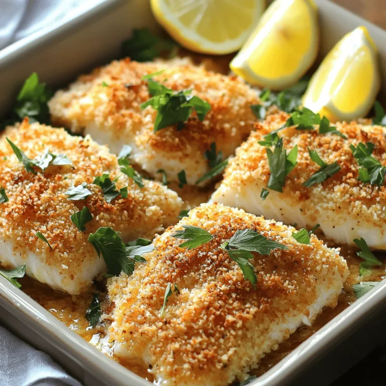 - 4 tilapia fillets - 1 cup finely grated Parmesan cheese - 1/2 cup panko breadcrumbs - 1 teaspoon garlic powder - 1 teaspoon onion powder - 1 teaspoon smoked paprika - Salt and freshly ground black pepper - 2 tablespoons extra virgin olive oil - 1 tablespoon fresh lemon juice - 2 tablespoons fresh parsley, finely chopped When I create this dish, I focus on using fresh ingredients. The tilapia is mild and flaky, making it perfect for a flavorful crust. I use finely grated Parmesan for that rich, cheesy taste. Panko breadcrumbs give the crust a nice crunch, which I love! For spices, I choose garlic powder, onion powder, and smoked paprika. These add depth and warmth. A pinch of salt and black pepper enhances the flavors without overpowering them. To finish, I drizzle the fillets with olive oil and lemon juice. This not only adds flavor but keeps the fish moist. Finally, I sprinkle chopped parsley on top for a fresh touch. This combination makes every bite delightful! You can find the full recipe in the article. Enjoy your cooking adventure! - Preheat the oven to 400°F (200°C). This will ensure your fish cooks evenly. - Line a baking sheet with parchment paper. This helps with easy cleanup and prevents sticking. - In a medium bowl, mix together 1 cup of finely grated Parmesan cheese, 1/2 cup of panko breadcrumbs, 1 teaspoon of garlic powder, 1 teaspoon of onion powder, and 1 teaspoon of smoked paprika. - Add a pinch of salt and pepper to taste. This mixture gives the fish a nice crispy crust and great flavor. - Take your 4 tilapia fillets and drizzle them with 2 tablespoons of extra virgin olive oil and 1 tablespoon of fresh lemon juice. This adds moisture and flavor to the fish. - Press each fillet into the breadcrumb mixture, coating both sides well. Ensure each piece is covered to get that crunch you’ll love. - Arrange the coated fillets on the baking sheet, leaving space between them. This allows the heat to circulate and cook the fish evenly. - Bake the tilapia for about 15-20 minutes. You’ll know it’s done when the fish is opaque and flakes easily with a fork. The crust will be a beautiful golden brown. - After baking, remove the sheet from the oven and let the tilapia rest for 2-3 minutes. This helps keep the fish moist. For the full recipe, visit the complete article. - To get a good crust, coat the tilapia well. Press it firmly into the breadcrumb mix. This helps it stick better. Make sure both sides are covered. - After baking, let the fish rest for 2-3 minutes. This keeps it moist and tasty. - For a great look, serve the tilapia on warmed plates. Add lemon wedges on the side. This adds a fresh touch. - Pair the tilapia with steamed vegetables or a crisp salad. These sides balance the meal well. - You can add more spices to the crust. Try a pinch of cayenne for heat or dried herbs for extra flavor. - Want to mix it up? Use different cheeses like cheddar or add nuts for crunch. Customize the crust to fit your taste. For the full recipe, check out the details above. {{image_4}} You can use other fish for this recipe. Cod, haddock, or even salmon work well. Each fish has a unique taste and texture. Cooking times may change slightly. Thicker fish fillets need a bit more time. Thin fillets, like sole, will cook faster. Always check for doneness by gently flaking the fish with a fork. If you want a gluten-free version, use crushed rice cereal instead of panko. It gives a nice crunch. For a dairy-free crust, try using nutritional yeast and ground almonds. This will add flavor and texture without dairy. Always read labels to ensure your substitutes are gluten-free or dairy-free. Add citrus zest to the coating for a bright taste. Lemon or lime zest can really enhance the dish. You can also mix in different cheeses, like cheddar or feta. Each cheese will give its own twist to the crust. Experiment with flavors to find your favorite! Use the [Full Recipe] for guidance. To store your baked tilapia, let it cool down first. Place the leftover fish in an airtight container. This keeps it fresh and safe. Baked tilapia lasts about 3 to 4 days in the fridge. Always check for any off smells or changes in texture before eating. If you want to freeze your tilapia, wrap each piece tightly in plastic wrap. Then, place the wrapped fish in a freezer bag. This helps prevent freezer burn. Baked tilapia can last for about 2 months in the freezer. To thaw, move it to the fridge for several hours. You can also thaw it in cold water for a quick option. When ready to eat, reheat it in the oven at 350°F (175°C) for about 10 minutes. Don’t let leftovers go to waste! You can flake the baked tilapia and add it to salads or tacos. It makes a great filling for wraps too. You can use it in a creamy pasta dish or mix it into a vegetable stir-fry. This way, you get to enjoy the tasty tilapia in a new way! For more ideas, check out the Full Recipe for inspiration on how to use your leftovers. Baked Parmesan Crusted Tilapia usually takes about 15 to 20 minutes. You want it to be opaque and flaky. The crust should turn a nice golden brown. Yes, you can use frozen tilapia fillets. Just make sure to thaw them first. You can thaw them overnight in the fridge or use the microwave. If using frozen fillets, add a few extra minutes to the baking time. This dish pairs well with many sides. You can serve it with steamed vegetables or a fresh garden salad. Some might like to add rice or quinoa for a filling meal. Lemon wedges add a nice touch too. Yes! You can prepare this dish in advance. Cook the tilapia and let it cool. Store it in airtight containers in the fridge. It will last for about three days. Reheat in the oven to keep the crust crispy. This blog post covered the delicious Baked Parmesan Crusted Tilapia recipe. We explored main ingredients, spices, and seasonings. You learned easy steps for preparation and baking. I shared tips for serving and flavor enhancements. Variations included alternative fish and dietary adjustments. Plus, we discussed storage info and answered common questions. You now have all you need to create a tasty dish that impresses. Enjoy your cooking adventure and try out these ideas for a meal full of flavor.
