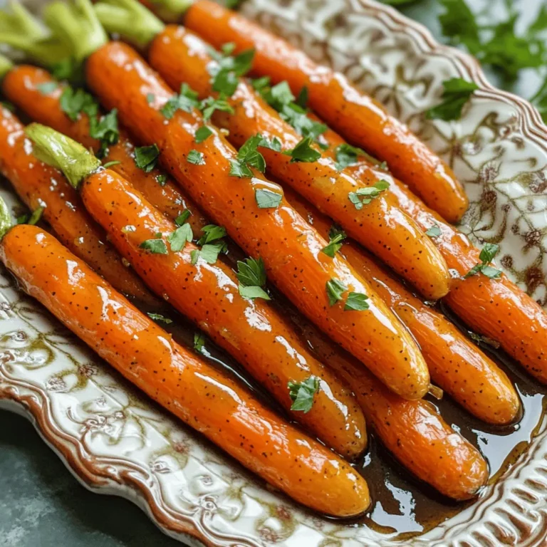To make Maple Dijon Roasted Carrots, you need the following ingredients: - 2 pounds of baby carrots, cleaned and trimmed - 3 tablespoons pure maple syrup - 1 tablespoon Dijon mustard - 2 tablespoons extra virgin olive oil - 1 teaspoon garlic powder - 1 teaspoon dried thyme - Sea salt and freshly ground black pepper, to taste - Fresh parsley, finely chopped (for garnish) These ingredients come together to create a sweet and tangy flavor. The maple syrup adds a natural sweetness that pairs perfectly with the sharpness of Dijon mustard. The garlic powder and thyme give the dish a savory kick, while the olive oil helps everything roast beautifully in the oven. When selecting your carrots, look for firm, vibrant baby carrots. They should be free from blemishes. This will ensure that your dish looks great and tastes fresh. If you want to switch things up, consider using a mix of carrot colors for more visual appeal. Purple, orange, and yellow carrots can make your dish pop! You can find the complete recipe in the Full Recipe section. - Preparation time: 10 minutes - Total cooking time: 30 minutes - Servings: 4 1. Preheat your oven to 425°F (220°C). This heat helps the carrots brown well. 2. In a large bowl, mix the maple syrup, Dijon mustard, olive oil, garlic powder, and thyme. Add sea salt and black pepper, too. Stir until smooth. 3. Add the cleaned baby carrots to the bowl. Toss them in the marinade. Make sure each carrot gets coated well. 1. Line a large baking sheet with parchment paper. Place the carrots in a single layer. Leave space between them for even cooking. 2. Roast the carrots for 25-30 minutes. Halfway through, turn them over for nice browning. They should be tender when you pierce them with a fork. 3. Once done, take the carrots out and let them cool for a few minutes. This helps the flavors blend better. For the full recipe, check out the details above. Enjoy your tasty Maple Dijon Roasted Carrots! For the best roasted carrots, spacing is key. Place the carrots in a single layer on the baking sheet. If they are too close, they will steam instead of roast. This can make them soft and mushy. Turning the carrots halfway through roasting is also important. This ensures they brown evenly on all sides. Use tongs to flip them gently, avoiding any splatter. To boost the flavor, consider adding spices. A pinch of cumin or paprika can add a nice kick. You can also try adding a dash of cayenne pepper for some heat. If you have leftovers, don’t worry! They make a great addition to salads or grain bowls. Chop them up and mix them with your favorite greens. You can also add them to wraps for a tasty lunch. For more ideas, check the Full Recipe. {{image_4}} You can change some ingredients to suit your taste. For sweeteners, try agave syrup instead of maple syrup. It gives a different flavor but still tastes great. Also, feel free to swap herbs. Instead of dried thyme, use rosemary or oregano. These herbs add a new twist to the dish. Each herb brings its unique taste, making the carrots stand out. Maple Dijon roasted carrots pair well with many main dishes. They go nicely with grilled chicken or salmon. The sweet and tangy taste balances the savory flavors. For side dishes, serve them with a fresh salad or mashed potatoes. They also work great alongside quinoa or rice. These options create a colorful plate that looks as good as it tastes. Want the full recipe to try it out? Check out the [Full Recipe]. To store your Maple Dijon Roasted Carrots, let them cool first. Place them in an airtight container. You can keep them in the fridge for up to five days. Make sure to label the container with the date. This way, you know when they were made. If you want to keep them longer, you can freeze them. Just place the carrots in a freezer bag. Remove as much air as possible before sealing. When it’s time to eat your leftovers, reheat them carefully. To avoid sogginess, use the oven or an air fryer. Preheat your oven to 350°F (175°C). Spread the carrots on a baking sheet. Heat them for about 10-15 minutes, or until they are warmed through. If you use an air fryer, set it to 350°F (175°C) and cook for about 5-7 minutes. This keeps them crispy and delicious. Enjoy your tasty carrots again! Can I use regular carrots instead of baby carrots? Yes, you can use regular carrots. Just cut them into smaller pieces. This helps them cook evenly. Aim for pieces about the same size as baby carrots for best results. How can I make this recipe ahead of time? You can prepare the carrots and the marinade a day ahead. Simply coat the carrots with the marinade and store them in the fridge. When ready, just roast them as directed. Is it possible to make this dish vegan-friendly? Yes, this recipe is already vegan. It uses maple syrup for sweetness and olive oil for richness. So, it’s perfect for anyone seeking plant-based meals! What to do if the carrots are undercooked? If your carrots are still firm after roasting, return them to the oven. Roast them for an additional 5–10 minutes. Check them often until they reach your desired tenderness. How to avoid burning during roasting? To prevent burning, spread the carrots out evenly on the baking sheet. Avoid overcrowding. If you notice them browning too quickly, lower the oven temperature slightly. This blog covers the key to scrumptious maple Dijon roasted carrots. You learned about the ingredients, steps, and tips for perfect results. Remember to space the carrots well and turn them halfway for even cooking. Explore variations like using agave syrup or swapping herbs. Storing leftovers properly keeps them fresh, and reheating can keep them tasty. Try this recipe with your favorite main dish or as a delightful side. Enjoy your cooking and impress your guests with these delicious carrots!