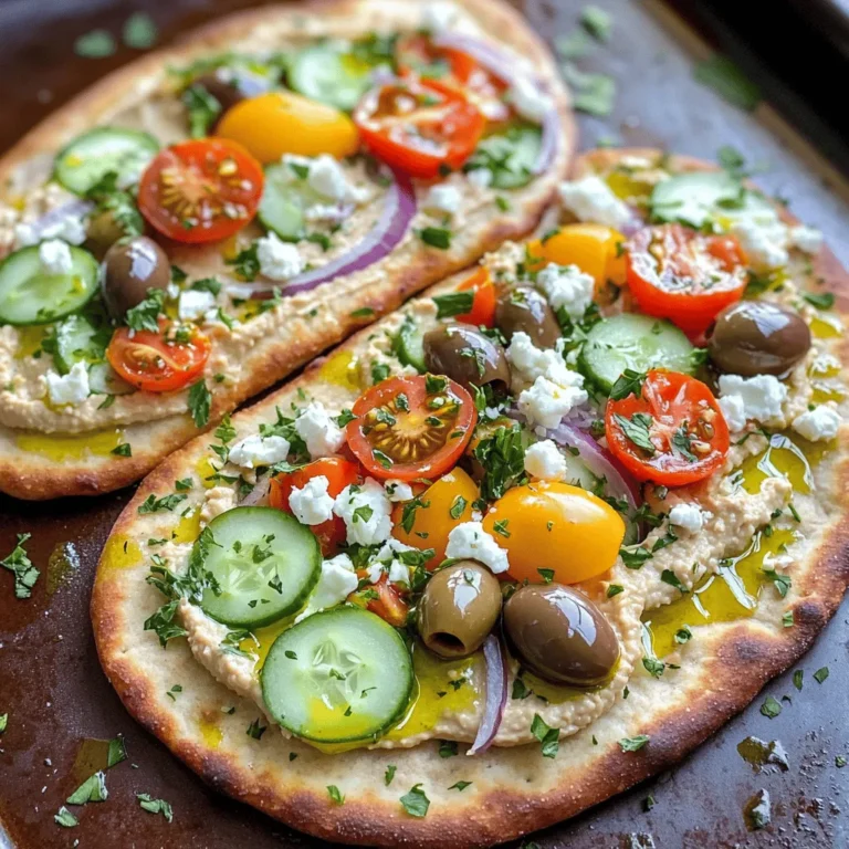 - 2 large whole wheat flatbreads - 1 cup hummus (can be store-bought or homemade for a personal touch) - 1 cup cherry tomatoes, halved - 1/2 cucumber, thinly sliced for crunch - 1/2 red onion, thinly sliced for a zesty kick - 1/2 cup Kalamata olives, pitted and sliced for a tangy flavor - 1 cup feta cheese, crumbled for creaminess - 1/4 cup fresh parsley, chopped for garnish - 1 tablespoon olive oil to enhance taste - 1 teaspoon dried oregano for a fragrant touch - Salt and pepper to taste I love using whole wheat flatbreads for a hearty base. They are healthy and tasty. For hummus, you have two choices: store-bought or homemade. Homemade hummus can give you that special touch. Plus, it lets you control the flavors. If you want to make it at home, try adding garlic or lemon juice. For veggies, cherry tomatoes, cucumber, and red onion are great picks. Cherry tomatoes add sweetness. Cucumbers bring a nice crunch, while red onions add a zesty kick. Each bite bursts with freshness and color. Kalamata olives are a must for tangy flavor. Their rich taste really makes the dish pop. Feta cheese adds creaminess and saltiness. It blends beautifully with the olives. Herbs and seasoning play a big role too. Fresh parsley adds brightness. Dried oregano gives that classic Mediterranean aroma. Sprinkle salt and pepper to taste for balance. This combination of ingredients creates a delightful Mediterranean Flatbread Pizza. For the full recipe, check out the details above. Enjoy the flavors! Preheating the Oven Start by preheating your oven to 400°F (200°C). A hot oven helps the flatbreads cook evenly. This step is key for a crispy crust that you will love. Preparing the Flatbreads Next, take two large whole wheat flatbreads. Place them on a baking sheet lined with parchment paper. This makes cleanup easy and helps the flatbreads not stick. Spreading the Hummus Grab a spatula or the back of a spoon. Spread a generous layer of hummus on each flatbread. Leave a small edge for the crust. Hummus adds creaminess and flavor. Layering the Vegetables and Cheese Now, it’s time for the fun part. Evenly distribute halved cherry tomatoes, thinly sliced cucumber, and red onion over the hummus. Next, sprinkle sliced Kalamata olives and crumbled feta cheese on top. This mix gives your pizza great taste and texture. Baking Time and Temperature Place the baking sheet in the preheated oven. Bake for 12-15 minutes. You want the edges to turn crispy and golden brown. Watch closely to avoid burning. Final Touches and Presentation Tips After baking, take it out and sprinkle chopped parsley on top. This adds a fresh burst of flavor and color. Slice the flatbreads into wedges. Serve warm for a tasty treat. For a nice touch, drizzle extra olive oil or balsamic reduction around the edges for dipping. For more details, check the Full Recipe. To get the best crispiness, I recommend preheating your oven to 400°F (200°C). This heat helps the flatbread cook evenly. Use a baking sheet lined with parchment paper. It prevents sticking and makes cleanup easier. Bake for 12 to 15 minutes. You want golden edges and a nice crunch. To avoid soggy flatbreads, spread the hummus in a thin layer. Too much hummus can make the bread wet. Also, bake them right after you top them. This keeps everything fresh and crisp. For more flavor, consider adding roasted peppers or fresh arugula. These toppings add a nice texture and taste. You can even try artichoke hearts or fresh basil. Mix and match to create your perfect flatbread. When serving, pair your pizza with a light salad or a refreshing drink. A chilled lemonade or sparkling water works well. You can also serve it with tzatziki for a fun dip. If you have leftovers, you can reheat them easily. The oven is best for keeping the crispiness. Just place them back in at 350°F (175°C) for about 5 to 7 minutes. You can also turn your leftovers into a salad. Chop the flatbread into pieces and mix it with fresh greens. Add some dressing and enjoy a new dish. This way, nothing goes to waste! For the full recipe, please refer to this [Full Recipe]. {{image_4}} You can change the taste of Mediterranean Flatbread Pizza by using different cheeses. Feta cheese is a classic, but mozzarella adds a nice stretch. Goat cheese gives a tangy flavor that pairs well with olives. You can even try a mix of cheeses for a unique twist. For those who follow a vegan diet, you have plenty of options. Replace the feta with vegan cheese or cashew cheese. Hummus can stay as your base. Top with fresh veggies like spinach, bell peppers, and artichokes. This keeps the dish tasty and colorful. If you want a gluten-free option, try cauliflower crusts. They are light and crunchy. Cauliflower adds nutrients without all the carbs. You can find them in stores or make your own. Simply pulse cauliflower in a food processor, steam it, and mix with eggs and cheese. Pita bread is another great choice. It is soft and chewy, making it easy to handle. You can use whole wheat pita for a healthy twist. Just top it the same way as you would with flatbreads. You can make your Mediterranean Flatbread Pizza special by using seasonal veggies. In summer, add zucchini and bell peppers. In fall, consider butternut squash and kale for a warm flavor. Seasonal produce adds freshness and nutrition. For holidays, create themed flatbreads. Use red and green veggies for Christmas or hearty root vegetables for Thanksgiving. You can even shape your flatbread into festive designs. This makes your meal more fun and inviting. For a detailed recipe, you can refer to the Full Recipe. Short-term Storage in the Refrigerator After you enjoy your Mediterranean flatbread pizza, store leftovers in the fridge. Place the slices in an airtight container. They stay fresh for about 3 days. I recommend wrapping them in plastic wrap if you don’t have a container. This helps keep the toppings from drying out. Freezing for Long-term Use If you want to save some pizza for later, freezing works great. Wrap each slice tightly in plastic wrap. Then, place them in a freezer bag or container. This keeps them safe from freezer burn. You can freeze the pizza for up to 2 months. When you’re ready to eat, just thaw it in the fridge overnight. Techniques for Keeping Flatbreads Crispy To keep your flatbreads crispy, reheating is key. The oven is your best friend here. Preheat your oven to 375°F (190°C). Place the slices on a baking sheet. Heat them for about 10 minutes. This method warms the pizza well while keeping the crust crispy. Reheating in the Oven vs. Microwave While the microwave is quick, it can make the flatbread soggy. If you're in a hurry, the microwave is fine. Just heat on medium for about 1-2 minutes. But for the best flavor and texture, always use the oven. It makes a big difference! Can I make this pizza vegetarian or vegan? Yes, you can easily make this pizza vegetarian or vegan. For a vegetarian option, just skip the feta cheese or use a plant-based alternative. To make it vegan, replace the feta with a vegan cheese or use extra hummus for creaminess. You can also add more veggies like bell peppers or spinach for flavor and texture. What are the best substitutes for feta cheese? If you need a substitute for feta cheese, try using goat cheese or ricotta for a similar texture. You can also use a vegan feta made from nuts or tofu. Another option is to use a sprinkle of nutritional yeast for a cheesy flavor without dairy. What drinks pair well with Mediterranean Flatbread Pizza? Mediterranean Flatbread Pizza goes well with many drinks. A crisp white wine like Sauvignon Blanc is a great choice. You can also serve it with sparkling water or iced tea for a refreshing touch. If you prefer a non-alcoholic option, try a herbal lemonade or a fruity mocktail. Can I use this recipe for meal prep? Absolutely! This recipe is perfect for meal prep. You can make the flatbreads in advance and store them in the fridge. Just layer the toppings when you are ready to eat. This way, you can enjoy a quick and delicious meal any day of the week. What is the caloric content of Mediterranean Flatbread Pizza? One serving of Mediterranean Flatbread Pizza has about 250-300 calories, depending on the toppings and portion size. It is a filling option without being too heavy. How can I make this recipe healthier? To make this recipe healthier, choose whole wheat flatbreads. You can also use less cheese or replace it with a lighter option. Add more fresh veggies to increase fiber and nutrients. Consider using low-sodium olives and hummus to reduce salt intake. Mediterranean flatbread pizza is a fun and tasty meal. You learned about the key ingredients, like whole wheat flatbreads and fresh veggies. I shared step-by-step instructions to help you create your pizza. Tips on baking and storing ensure your pizza stays fresh. You can even try new flavor combinations or use leftovers in unique ways. Remember, this pizza is flexible and can fit your diet. Enjoy making and sharing your delicious creation!