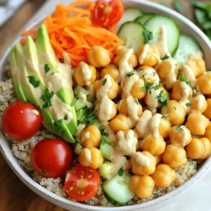 To make a tasty Crispy Chickpea Buddha Bowl, you need a few key items. The main ingredients include: - 1 can (15 oz) chickpeas, drained and rinsed - 1 cup quinoa, rinsed - 1 cup cherry tomatoes, halved - 1 cucumber, diced - 1 cup shredded carrots - 1 avocado, sliced - 1/4 cup tahini These items form the base of your bowl. Chickpeas provide protein and fiber. Quinoa adds a nutty flavor and more protein. The vegetables give color and crunch. The tahini adds a creamy element that ties the dish together. For flavor, you will need some seasoning ingredients. They include: - 2 tablespoons olive oil - 1 teaspoon smoked paprika - 1 teaspoon garlic powder - 1 teaspoon ground cumin - Salt and pepper, to taste These spices enhance the taste of the chickpeas. Olive oil helps them crisp up nicely in the oven. Smoked paprika and cumin add warmth and depth. Salt and pepper are essential for balancing flavors. Want to make your bowl even better? Consider these optional add-ins: - Additional vegetables like bell peppers or spinach - Nuts such as almonds or walnuts - Seeds like pumpkin seeds or sunflower seeds These add-ins can change the texture and taste. They can also boost the nutrition of your meal. Feel free to mix and match to create your perfect bowl. For the full recipe, check out the details above. First, set your oven to 400°F (200°C). This temperature helps the chickpeas get nice and crispy. While the oven heats, take a can of chickpeas, drain, and rinse them well. In a bowl, mix the chickpeas with olive oil, smoked paprika, garlic powder, ground cumin, salt, and pepper. Make sure every chickpea is coated. This seasoning gives them a great flavor. While the chickpeas bake, it’s time to cook the quinoa. In a medium saucepan, bring two cups of vegetable broth or water to a boil. Once boiling, add one cup of rinsed quinoa. Lower the heat, cover the pot, and let it simmer for about 15 minutes. When the quinoa absorbs all the liquid, fluff it with a fork. This keeps it light and fluffy. For the tahini dressing, grab a small bowl. Combine 1/4 cup of tahini with 2 tablespoons of lemon juice. Whisk them together. Gradually add water, one tablespoon at a time, until the dressing reaches your desired creamy consistency. This dressing adds a smooth, tangy touch to your bowl. Don’t forget to taste and add salt if needed. Now you have the base for your delicious Crispy Chickpea Buddha Bowl! For the full recipe, check out the instructions above. To get the best crispy chickpeas, start by preheating your oven to 400°F (200°C). This hot oven helps them turn golden and crunchy. Use a can of chickpeas for ease. Drain and rinse them well. This removes excess sodium and starch. Pat them dry with a towel. Moisture can make them soggy. Toss the chickpeas with olive oil and spices. I love using smoked paprika, garlic powder, and ground cumin. These spices add great flavor. Spread the chickpeas on a lined baking sheet. Make sure they are in a single layer for even cooking. Bake for 25 to 30 minutes. Stir them halfway through for better crispiness. Keep an eye on them as they bake. They can burn quickly! There are many fun ways to serve your crispy chickpeas. Start with a base of fluffy quinoa. Add your chickpeas on top. Then, layer fresh cherry tomatoes, diced cucumber, and shredded carrots. Sliced avocado adds creaminess and healthy fats. For extra flavor, drizzle tahini dressing over everything. You can also sprinkle fresh parsley for color. If you like, add lemon wedges on the side. They brighten the dish and add a zesty kick. To boost nutrition, think about adding more veggies. Spinach or kale can add vitamins and minerals. Nuts and seeds give healthy fats and crunch. Try adding sunflower seeds or sliced almonds. You can also include a protein source like tofu or grilled chicken. This makes the meal more filling. For a fiber boost, add black beans or lentils. These small changes make your bowl even better! For the full recipe, check out the Crispy Chickpea Buddha Bowl. {{image_4}} You can swap chickpeas for other legumes. Try black beans, kidney beans, or lentils. Each option brings its own taste and texture. Black beans add a creamy feel. Kidney beans offer a hearty bite. Lentils cook quickly and pack protein too. These swaps make your Buddha bowl unique. Using fresh, seasonal vegetables keeps your bowl exciting. In spring, add asparagus or peas. Summer favorites include zucchini and bell peppers. Fall brings sweet potatoes and kale. Winter offers root veggies like beets and carrots. Choose what looks good at the market. This way, you enjoy vibrant flavors and nutrients. Different dressings can change your Buddha bowl's vibe. Try a creamy avocado dressing for richness. A simple vinaigrette with olive oil and vinegar brightens flavors. Hummus can also serve as a tasty spread. Experiment with herb-based dressings for freshness. Each dressing adds a new twist to your meal. Explore the full recipe for all the details and tips to make your Crispy Chickpea Buddha Bowl shine! After you enjoy your crispy chickpea Buddha bowl, store leftovers in the fridge. Use airtight containers to keep the food fresh. I suggest separating the chickpeas, quinoa, and veggies. This way, each part stays crisp and tasty. You can keep the bowl in the fridge for about three days. To reheat the chickpeas, place them on a baking sheet. Heat them in an oven at 350°F (175°C) for about 10 minutes. This will help regain their crispiness. For the quinoa, use a microwave-safe bowl, cover it, and heat for about one minute. Stir it halfway through to warm evenly. Preparing this bowl in advance makes meals easy. Cook a big batch of quinoa and chickpeas at the start of the week. Store them in separate containers. Chop your favorite veggies and keep them fresh in the fridge. When you want a meal, just combine everything. You can enjoy a nutritious meal in minutes! For the full recipe, check out the detailed steps above. Yes, the Crispy Chickpea Buddha Bowl is already vegan! All the ingredients are plant-based. The chickpeas, quinoa, veggies, and tahini dressing fit perfectly in a vegan diet. You can enjoy this meal without worry. You can easily change the portion sizes. If you want to serve more people, just double the ingredients. If you need fewer servings, cut the amounts in half. This dish is flexible, so you can scale it up or down with ease. If you want to try something different, there are great options. You can use brown rice, farro, or barley instead of quinoa. Each alternative brings its own taste and texture, so feel free to experiment. Enjoy your bowl with your favorite grain! For the full recipe, check out the complete instructions above. This blog post covered how to make a crispy chickpea Buddha bowl. You learned about the main ingredients, including chickpeas, quinoa, and tahini. We also explored seasoning, optional add-ins, and step-by-step cooking instructions. I shared tips for perfecting crispy chickpeas and ways to enhance nutrition. You can vary the recipe with different proteins, vegetables, or dressings. Remember to store leftovers properly to keep them fresh. This dish is nutritious, easy to customize, and great for meal prep. Enjoy your cooking journey with this delicious bowl!