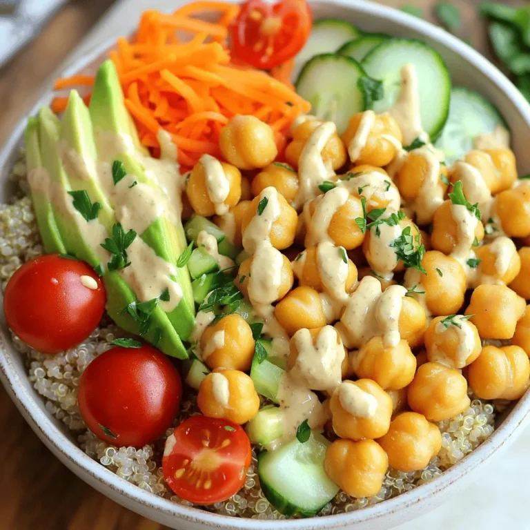 To make a tasty Crispy Chickpea Buddha Bowl, you need a few key items. The main ingredients include: - 1 can (15 oz) chickpeas, drained and rinsed - 1 cup quinoa, rinsed - 1 cup cherry tomatoes, halved - 1 cucumber, diced - 1 cup shredded carrots - 1 avocado, sliced - 1/4 cup tahini These items form the base of your bowl. Chickpeas provide protein and fiber. Quinoa adds a nutty flavor and more protein. The vegetables give color and crunch. The tahini adds a creamy element that ties the dish together. For flavor, you will need some seasoning ingredients. They include: - 2 tablespoons olive oil - 1 teaspoon smoked paprika - 1 teaspoon garlic powder - 1 teaspoon ground cumin - Salt and pepper, to taste These spices enhance the taste of the chickpeas. Olive oil helps them crisp up nicely in the oven. Smoked paprika and cumin add warmth and depth. Salt and pepper are essential for balancing flavors. Want to make your bowl even better? Consider these optional add-ins: - Additional vegetables like bell peppers or spinach - Nuts such as almonds or walnuts - Seeds like pumpkin seeds or sunflower seeds These add-ins can change the texture and taste. They can also boost the nutrition of your meal. Feel free to mix and match to create your perfect bowl. For the full recipe, check out the details above. First, set your oven to 400°F (200°C). This temperature helps the chickpeas get nice and crispy. While the oven heats, take a can of chickpeas, drain, and rinse them well. In a bowl, mix the chickpeas with olive oil, smoked paprika, garlic powder, ground cumin, salt, and pepper. Make sure every chickpea is coated. This seasoning gives them a great flavor. While the chickpeas bake, it’s time to cook the quinoa. In a medium saucepan, bring two cups of vegetable broth or water to a boil. Once boiling, add one cup of rinsed quinoa. Lower the heat, cover the pot, and let it simmer for about 15 minutes. When the quinoa absorbs all the liquid, fluff it with a fork. This keeps it light and fluffy. For the tahini dressing, grab a small bowl. Combine 1/4 cup of tahini with 2 tablespoons of lemon juice. Whisk them together. Gradually add water, one tablespoon at a time, until the dressing reaches your desired creamy consistency. This dressing adds a smooth, tangy touch to your bowl. Don’t forget to taste and add salt if needed. Now you have the base for your delicious Crispy Chickpea Buddha Bowl! For the full recipe, check out the instructions above. To get the best crispy chickpeas, start by preheating your oven to 400°F (200°C). This hot oven helps them turn golden and crunchy. Use a can of chickpeas for ease. Drain and rinse them well. This removes excess sodium and starch. Pat them dry with a towel. Moisture can make them soggy. Toss the chickpeas with olive oil and spices. I love using smoked paprika, garlic powder, and ground cumin. These spices add great flavor. Spread the chickpeas on a lined baking sheet. Make sure they are in a single layer for even cooking. Bake for 25 to 30 minutes. Stir them halfway through for better crispiness. Keep an eye on them as they bake. They can burn quickly! There are many fun ways to serve your crispy chickpeas. Start with a base of fluffy quinoa. Add your chickpeas on top. Then, layer fresh cherry tomatoes, diced cucumber, and shredded carrots. Sliced avocado adds creaminess and healthy fats. For extra flavor, drizzle tahini dressing over everything. You can also sprinkle fresh parsley for color. If you like, add lemon wedges on the side. They brighten the dish and add a zesty kick. To boost nutrition, think about adding more veggies. Spinach or kale can add vitamins and minerals. Nuts and seeds give healthy fats and crunch. Try adding sunflower seeds or sliced almonds. You can also include a protein source like tofu or grilled chicken. This makes the meal more filling. For a fiber boost, add black beans or lentils. These small changes make your bowl even better! For the full recipe, check out the Crispy Chickpea Buddha Bowl. {{image_4}} You can swap chickpeas for other legumes. Try black beans, kidney beans, or lentils. Each option brings its own taste and texture. Black beans add a creamy feel. Kidney beans offer a hearty bite. Lentils cook quickly and pack protein too. These swaps make your Buddha bowl unique. Using fresh, seasonal vegetables keeps your bowl exciting. In spring, add asparagus or peas. Summer favorites include zucchini and bell peppers. Fall brings sweet potatoes and kale. Winter offers root veggies like beets and carrots. Choose what looks good at the market. This way, you enjoy vibrant flavors and nutrients. Different dressings can change your Buddha bowl's vibe. Try a creamy avocado dressing for richness. A simple vinaigrette with olive oil and vinegar brightens flavors. Hummus can also serve as a tasty spread. Experiment with herb-based dressings for freshness. Each dressing adds a new twist to your meal. Explore the full recipe for all the details and tips to make your Crispy Chickpea Buddha Bowl shine! After you enjoy your crispy chickpea Buddha bowl, store leftovers in the fridge. Use airtight containers to keep the food fresh. I suggest separating the chickpeas, quinoa, and veggies. This way, each part stays crisp and tasty. You can keep the bowl in the fridge for about three days. To reheat the chickpeas, place them on a baking sheet. Heat them in an oven at 350°F (175°C) for about 10 minutes. This will help regain their crispiness. For the quinoa, use a microwave-safe bowl, cover it, and heat for about one minute. Stir it halfway through to warm evenly. Preparing this bowl in advance makes meals easy. Cook a big batch of quinoa and chickpeas at the start of the week. Store them in separate containers. Chop your favorite veggies and keep them fresh in the fridge. When you want a meal, just combine everything. You can enjoy a nutritious meal in minutes! For the full recipe, check out the detailed steps above. Yes, the Crispy Chickpea Buddha Bowl is already vegan! All the ingredients are plant-based. The chickpeas, quinoa, veggies, and tahini dressing fit perfectly in a vegan diet. You can enjoy this meal without worry. You can easily change the portion sizes. If you want to serve more people, just double the ingredients. If you need fewer servings, cut the amounts in half. This dish is flexible, so you can scale it up or down with ease. If you want to try something different, there are great options. You can use brown rice, farro, or barley instead of quinoa. Each alternative brings its own taste and texture, so feel free to experiment. Enjoy your bowl with your favorite grain! For the full recipe, check out the complete instructions above. This blog post covered how to make a crispy chickpea Buddha bowl. You learned about the main ingredients, including chickpeas, quinoa, and tahini. We also explored seasoning, optional add-ins, and step-by-step cooking instructions. I shared tips for perfecting crispy chickpeas and ways to enhance nutrition. You can vary the recipe with different proteins, vegetables, or dressings. Remember to store leftovers properly to keep them fresh. This dish is nutritious, easy to customize, and great for meal prep. Enjoy your cooking journey with this delicious bowl!