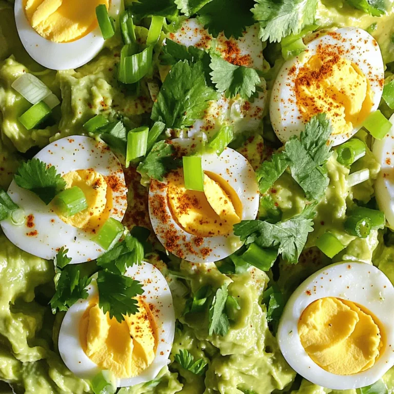For my avocado egg salad, I use these key ingredients: - 4 large eggs - 1 ripe avocado - 2 tablespoons Greek yogurt - 1 tablespoon Dijon mustard - 1 tablespoon freshly squeezed lemon juice - 2 green onions, finely chopped - Salt and pepper, to taste - 1/4 teaspoon smoked paprika These ingredients work together to create a creamy and tasty dish. The eggs give protein, while the avocado adds healthy fats. Greek yogurt makes it rich without excess calories. You can make your salad look special with these garnishes: - Fresh cilantro, chopped - Extra smoked paprika - Slices of radish - Chopped tomatoes Adding these will give your dish a pop of color and flavor. To change the taste of your salad, try these seasoning ideas: - A dash of hot sauce for heat - A sprinkle of garlic powder for depth - Fresh herbs like dill or parsley These variations can help you find your favorite flavor. Feel free to mix and match! For the full recipe, check out Avocado Egg Salad Delight. To begin, place four large eggs in a saucepan. Cover them with cold water, about an inch above the eggs. Heat the pot on medium-high until it boils. Once boiling, cover the pot with a lid. Remove the pot from the heat and let it sit for 10-12 minutes. This method gives you perfect hard-boiled eggs. While the eggs cook, grab a ripe avocado. Slice it in half and carefully remove the pit. Use a spoon to scoop the green flesh into a mixing bowl. With a fork, mash the avocado until it's smooth but still has some chunks. This adds great texture to your salad. After the eggs cool, peel off the shells. Dice the eggs into small pieces and add them to the bowl with the mashed avocado. Now, add Greek yogurt, Dijon mustard, lemon juice, and chopped green onions. Sprinkle in salt, pepper, and smoked paprika. Gently fold everything together until well mixed. Taste and adjust seasoning if needed. You can serve it right away or chill it for up to two hours. For a nice touch, serve it on lettuce or in avocado halves. You can find the Full Recipe in the previous section. To mash avocado well, use a fork or a potato masher. Start with a ripe avocado. A ripe avocado is soft and yields to gentle pressure. Scoop the flesh into a bowl. Press down firmly and mix in a circular motion. Stop when it’s smooth but still a bit chunky. This adds great texture to your salad. You can also add a splash of lemon juice while mashing. This keeps the color bright and fresh. For perfect boiled eggs, place them in a saucepan. Cover with cold water, about an inch above the eggs. Heat on medium-high until boiling. Once boiling, cover and remove from heat. Let the eggs sit for 10-12 minutes. After that, cool them under cold water. This makes peeling easier. The eggs will be firm yet creamy inside. To make your avocado egg salad pop, consider adding flavor boosters. Fresh herbs like cilantro or dill can brighten your dish. A pinch of smoked paprika adds warmth. For a little kick, try adding a dash of hot sauce. Also, taste your salad before serving. Adjust the salt and pepper to your liking. These little tweaks can take your dish from good to great. For the full recipe, check out the detailed steps above. {{image_4}} Fresh herbs can spice up your avocado egg salad. Try adding chopped parsley or dill. These herbs add a bright flavor and extra nutrition. You can also use basil for a sweet twist. Just chop the herbs finely before mixing them in. You can switch up the dressing for a new taste. Instead of Greek yogurt, use mayo for creaminess. For a tangy kick, try adding a splash of vinegar. Want some heat? Mix in some hot sauce or sriracha. You can also toss in diced tomatoes or bell peppers for added crunch and color. Get creative with how you serve your salad. Spoon it onto whole-grain toast for a tasty sandwich. You could also make lettuce wraps for a low-carb option. For a fun twist, serve it in avocado halves. This makes a lovely dish that looks great on your table. Check out the Full Recipe for more ideas! Store leftover egg salad in an airtight container. This keeps it fresh longer. Make sure to press the lid down tightly to avoid air. If you have extra dressing, store it separately. This helps keep the salad from getting too soggy. Refrigerate your avocado egg salad right away. It’s best to eat it within three days. If you leave it out, bacteria can grow. Always check for any changes in smell or color before eating. If it looks or smells odd, throw it away. Freezing egg salad is not the best choice. The texture changes when thawed. If you must freeze it, use a freezer-safe container. Leave some space at the top for expansion. Thaw in the fridge overnight before using. Mix it well to restore some creaminess. Yes, you can use mayo instead of Greek yogurt. Mayo adds creaminess and richness. If you prefer a classic flavor, mayo works well. You can mix it with mustard for a tangy taste. However, Greek yogurt gives more protein and fewer calories. Choose based on your taste. You can store Avocado Egg Salad for up to 2 days in the fridge. Keep it in an airtight container. The avocado may brown, but it’s still safe to eat. If you want to keep it fresh longer, add lemon juice. The acid helps slow down browning. Avocado Egg Salad pairs well with many dishes. Here are some ideas: - Toasted bread or bagels - Fresh lettuce leaves for wraps - Crackers for a crunchy bite - Sliced cucumbers or bell peppers - A fresh green salad on the side These options make your meal colorful and fun. Enjoy exploring different pairings! For the full recipe, check out the recipe section above. We covered the key ingredients for a tasty Avocado Egg Salad, from main ingredients to optional garnishes. I shared step-by-step instructions to help you boil eggs and prepare avocados. You learned tips for mashing and perfecting the eggs. I also suggested creative variations and storage advice. In the end, this dish is simple and fun. You can make it your own in many ways. Enjoy making this healthy snack!