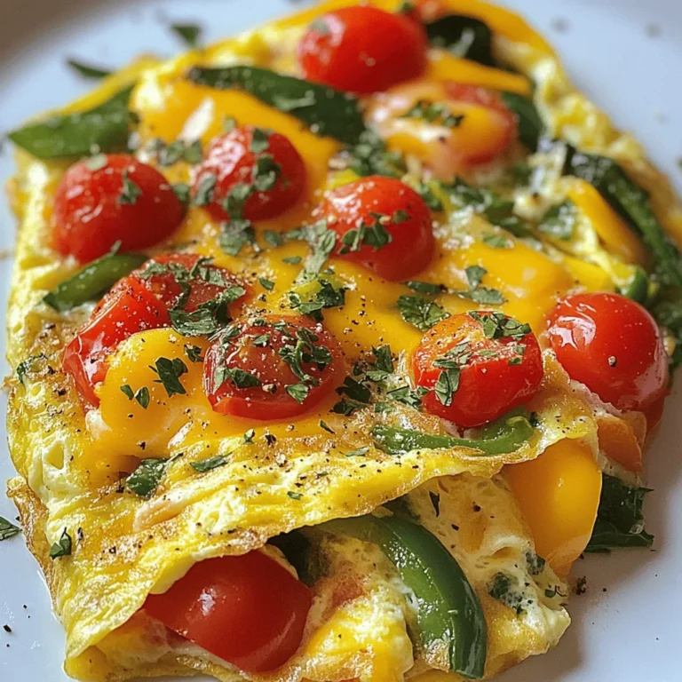 To make the perfect veggie omelette, you need these key ingredients: - 3 large eggs - 1/4 cup bell peppers (a mix of red, yellow, and green), diced - 1/4 cup red onion, finely chopped - 1/4 cup cherry tomatoes, halved - 1/4 cup fresh spinach, chopped - 1/4 cup sharp cheddar cheese, shredded - 2 tablespoons milk (or your preferred milk alternative) - Salt and freshly ground black pepper to taste - 1 tablespoon olive oil or unsalted butter - Fresh herbs (such as parsley or chives) for garnish These essentials create a colorful mix that makes each bite tasty. You can personalize your omelette with these fun options: - Mushrooms, sliced - Zucchini, diced - Kale, chopped - Feta cheese, crumbled - Avocado, sliced Feel free to mix and match! Each ingredient adds its own unique flavor. If you have dietary needs, here are some great substitutions: - Use egg whites instead of whole eggs for a lighter dish. - Try almond or oat milk if you're lactose intolerant. - For a vegan version, swap eggs with tofu or chickpea flour. These substitutions keep your meal healthy and enjoyable, no matter your diet. Check out the Full Recipe for all the details! First, grab a medium bowl. Crack in three large eggs. Add 2 tablespoons of milk. Whisk the eggs well until it's fluffy. You want a nice froth. Now, add a pinch of salt and some black pepper. Mix it again. This egg mixture is the base of your omelette. Next, take a non-stick skillet. Heat 1 tablespoon of olive oil or unsalted butter over medium heat. Wait until it melts and shines. Add 1/4 cup of diced bell peppers and 1/4 cup of chopped red onion. Sauté them for about 2-3 minutes. Stir them often. They should become soft and smell good. Now, add 1/4 cup of halved cherry tomatoes and 1/4 cup of chopped spinach. Cook this mix for another 2 minutes. You want the spinach to wilt and the tomatoes to soften. Now it’s time to make the omelette. Carefully pour the egg mixture into the skillet. Tilt the pan a bit so the eggs spread evenly. Let it cook for 3-4 minutes. The edges will rise, and the bottom will set. The top may still look a little runny. Once mostly cooked, sprinkle 1/4 cup of shredded cheddar cheese on one side of the omelette. Using a spatula, carefully fold the omelette in half over the cheese. Cook for another minute. This melts the cheese inside. Now, slide the omelette onto a plate. Garnish with fresh herbs, like parsley or chives. Enjoy your colorful veggie delight omelette! For the full recipe, check out the details above. To make a great omelette, start with fresh eggs. Crack them into a bowl and whisk until frothy. This adds air and makes your omelette fluffy. Use a non-stick skillet to prevent sticking. Heat your pan on medium. Don't rush this step. If it's too hot, your eggs may burn. One common mistake is overcrowding the pan with veggies. Too many ingredients can make it hard to flip. Stick to a few diced vegetables. Make sure to chop them small. This helps them cook evenly. Another mistake is cooking the eggs too long. Keep an eye on them. You want the edges set but the top slightly runny. Season your egg mixture with salt and pepper. You can add herbs, like parsley or chives, for extra flavor. Try a pinch of smoked paprika for a smoky taste. If you like cheese, use sharp cheddar or feta. Melted cheese adds creaminess and richness. Don't forget about fresh herbs as a garnish. They add color and brighten the dish. For more tips, check out the Full Recipe. {{image_4}} You can add many fun items to your veggie omelette. Try adding mushrooms, zucchini, or kale. You can also mix in some cooked potatoes or beans for a heartier meal. If you love spices, toss in some chili flakes or fresh herbs like basil or cilantro. These additions can really enhance the taste and make your omelette unique. For a low-carb or keto-friendly option, swap out the potatoes and cheese. Instead, use leafy greens like arugula or Swiss chard. You can also add more vegetables, such as broccoli or cauliflower. These swaps keep the omelette tasty while cutting down on carbs. If you want a vegan version, skip the eggs and use chickpea flour. Mix it with water and spices to create a batter. Cook it like you would an omelette. For cheese lovers, try using nutritional yeast for a cheesy flavor without dairy. You can also use vegan cheese that melts well. This way, everyone can enjoy a delicious omelette! You can find the Full Recipe in the previous sections for more details. To store your leftover veggie omelette, let it cool down first. Place it in an airtight container. Refrigerate it within two hours. Your omelette will stay fresh for up to three days. If you want to keep it longer, freezing is a good option. When you're ready to enjoy your leftover omelette, reheat it gently. You can use a microwave or a skillet. For the microwave, place the omelette on a plate and cover it with a damp paper towel. Heat it for 30 seconds, then check if it’s warm. For a skillet, cook it on low heat for about 2 minutes, flipping halfway. This keeps it fluffy and tasty. To freeze your omelette, cut it into portions. Wrap each piece tightly in plastic wrap, then place them in a freezer bag. Make sure to squeeze out as much air as possible. To thaw, move a portion to the fridge overnight. Reheat it as mentioned above. This method helps keep the flavor and texture intact. For the full recipe, check out the Colorful Veggie Delight Omelette 🥚. You can add many tasty items to your veggie omelette. Some great choices are: - Mushrooms, sliced - Zucchini, diced - Broccoli florets - Feta cheese or goat cheese - Avocado slices - Fresh herbs like basil or cilantro Feel free to mix and match. Think about what you enjoy most. You can also use leftovers from your fridge. This makes it fun and easy to create new flavors. Cooking an omelette is quick! It usually takes about 5 to 7 minutes. Here’s how: 1. Cook the veggies for about 2 to 3 minutes. 2. Pour in the eggs and let them set for 3 to 4 minutes. Keep an eye on the omelette. You want a soft top, not runny. If you like it firm, cook a minute more. Yes, you can make an omelette without eggs! Use chickpea flour to create a vegan option. Here’s how: 1. Mix 1 cup of chickpea flour with water to form a batter. 2. Add spices and veggies you like. 3. Cook it just like a regular omelette. This way, you get a tasty dish without eggs. It’s a great choice for anyone with egg allergies or dietary choices. For more ideas, check out the Full Recipe. You’ve learned how to make a tasty veggie omelette with simple steps and tips. From choosing your ingredients to perfecting your cooking method, you now have the skills. Don’t forget, you can customize with your favorite veggies or dietary needs. Experimenting will make each omelette unique. Enjoy the process, and remember, practice makes perfect. Now it’s your turn to create delicious omelettes.