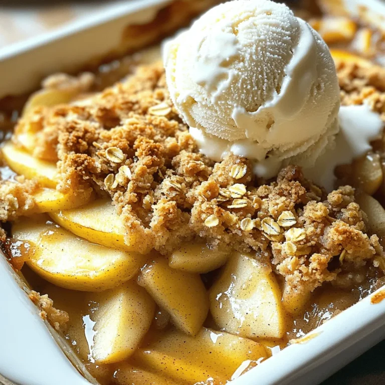 Here’s what you need for the easy apple crisp. Gather these items before starting: - 4 large apples (Granny Smith or Honeycrisp), peeled and sliced - 1 tablespoon lemon juice - 1 teaspoon ground cinnamon - 1 cup oats - 1 cup brown sugar, packed - 1/2 cup all-purpose flour - 1/2 cup unsalted butter, melted - 1/4 teaspoon salt - 1/2 teaspoon vanilla extract - Optional: Ice cream or whipped cream for serving These ingredients come together to create a warm and comforting dessert. Using a mix of tart and sweet apples makes the flavor shine. The oats and brown sugar combine to form a crunchy topping. You’ll love how simple it is to pull this together. Just remember to check the Full Recipe for detailed steps! - Preheat the oven to 350°F (175°C). - Toss apple slices with lemon juice and ground cinnamon in a large bowl. First, I set my oven to 350°F. This ensures the crisp will cook evenly. While the oven heats, I take four large apples. I prefer Granny Smith or Honeycrisp for their great taste. I peel and slice them into thin pieces. Next, I put the apple slices in a big bowl. I add one tablespoon of lemon juice. This keeps the apples fresh and bright. Then, I sprinkle in one teaspoon of ground cinnamon. I mix everything well. The apples should be coated nicely. - Spread the apple mixture evenly in a greased 9x13-inch baking dish. - Combine oats, brown sugar, flour, melted butter, salt, and vanilla extract in a separate bowl. After mixing the apples, I grab a greased baking dish. I use a 9x13-inch size. I pour the apple mixture into the dish. I spread it out evenly. Now, I need to make the topping. In another bowl, I combine one cup of oats, one cup of packed brown sugar, and half a cup of all-purpose flour. Then, I add half a cup of melted unsalted butter, a pinch of salt, and half a teaspoon of vanilla extract. I mix this well until it looks crumbly. - Distribute the oat mixture over the apples evenly. - Bake for 35-40 minutes until golden brown and bubbly. Next, I sprinkle the oat mixture over the apples. I make sure it covers all the apples evenly. Now, it's time to bake! I place the dish in the oven. I set a timer for 35 to 40 minutes. I watch for a golden brown color and bubbling edges. Once it’s done, I take it out and let it cool for a bit. This makes it easier to serve. You can find the full recipe in the previous section. Enjoy! - Use a mix of sweet and tart apples for balanced flavor. I love combining Granny Smith and Honeycrisp apples. This mix gives a great taste that is both sweet and tangy. - Let the apple crisp cool slightly before serving for better texture. This cooling time helps the topping set, making it easier to scoop and serve. - Pair with vanilla ice cream or whipped cream for added indulgence. The creaminess of ice cream contrasts nicely with warm apple crisp. - Serve warm or at room temperature. I find that warm crisp is best, but room temperature works too. Check out the Full Recipe for more detailed steps and tips! {{image_4}} You can change the apples for other fruits. Try pears, peaches, or berries. Each fruit brings its own taste. Pears add a soft sweetness. Peaches give a juicy burst. Berries add a tangy twist. Feel free to mix and match. This keeps the recipe fun and fresh. If you need a gluten-free option, it’s easy. Just swap regular oats and flour for gluten-free ones. This way, you can enjoy the crisp without worry. Make sure to check the labels. Some products may have gluten even if they seem safe. Spices can give your apple crisp a warm kick. Add a bit of nutmeg for a cozy feel. Ginger can brighten the flavor and add zest. Just a pinch can change the whole dish. Experiment to find your favorite mix. It’s all about your taste! For the full recipe, check the above section. To store your apple crisp, cover it well. Place it in the refrigerator for up to 3-4 days. This keeps the flavors fresh and the texture decent. When you are ready to enjoy the leftovers, reheat them. You can use an oven or a microwave. If using the oven, set it to about 350°F (175°C). Bake until warm throughout. For the microwave, heat in short bursts, stirring in between. Want to save some for later? You can freeze baked apple crisp for up to 3 months. Make sure it cools first. Wrap it tightly in plastic wrap or foil. When you are ready to eat, thaw it in the fridge overnight. Then, reheat it as mentioned before. This way, you can enjoy that delicious taste anytime! For the full recipe, check out Apple Delight Crisp. Yes, but make sure to thaw and drain excess moisture before using. Frozen apples can work well, but the texture might change. Fresh apples give a better bite. If you choose frozen, allow them to sit in a strainer for a while. This helps keep your crisp from getting too soggy. Consider adding nuts or more oats to the topping mixture for added crunch. Chopped walnuts or pecans can bring a nice texture. Oats also help create a golden crust. You can mix in a little more brown sugar for sweetness, too. This makes each bite even more enjoyable! Yes, prepare the dish ahead and bake it on the day you intend to serve. You can slice the apples and mix the topping the night before. Just cover them well and store in the fridge. When you are ready, assemble everything and bake it for that fresh taste. You can create a delicious apple crisp with simple ingredients. We covered how to choose apples, make the filling, and bake it perfectly. Using a mix of sweet and tart apples will enhance flavor. I encourage you to try different fruits and spices for unique tastes. Remember, serve it warm with ice cream for the best treat. Enjoy your crisp and share it with family and friends!