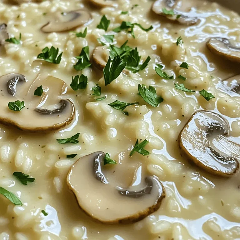 To make creamy mushroom risotto, you need simple and fresh ingredients. This dish features Arborio rice, which is key to its creamy texture. You can have the full recipe at the end of this section. - Arborio rice: This short-grain rice is starchy. It helps create the creamy texture risotto is known for. - Vegetable broth: Using low-sodium broth adds depth. It flavors the rice as it cooks. - Mushrooms: Cremini or button mushrooms give the dish a rich, earthy taste. - Onion: Finely chopped onion adds sweetness and aroma to the base. - Garlic: Minced garlic enhances the overall flavor profile. - Parmesan cheese (or nutritional yeast): This adds creaminess and a savory kick. Nutritional yeast is a great vegan option. - Butter (or olive oil): This adds richness and helps sauté the vegetables. - Heavy cream (or coconut cream): Cream ensures a velvety finish. Coconut cream is perfect for dairy-free diets. - Salt and pepper: These seasonings bring out all the flavors. - Fresh parsley: Chopped parsley adds a pop of color and freshness when served. You can easily adapt this recipe for different diets: - Vegan: Use nutritional yeast for cheese and coconut cream for heavy cream. - Gluten-Free: This recipe is naturally gluten-free since it uses rice. - Low-Carb: Replace Arborio rice with cauliflower rice for a lighter version. These options allow everyone to enjoy creamy mushroom risotto! First, grab a medium saucepan. Pour in 4 cups of low-sodium vegetable broth. Heat it over low heat until it simmers. Keeping the broth warm helps the rice cook evenly. This step is key for a creamy texture. Next, take a large skillet and add 2 tablespoons of butter or olive oil. Heat it over medium heat. Once it’s melted, add 1 small finely chopped onion. Cook for about 3-4 minutes. You want the onion to be soft and clear. Then, add 2 cloves of minced garlic and 1 cup of sliced mushrooms. Stir it all together and cook for about 5 minutes. The mushrooms should be tender and most of the water should be gone. Now, it’s time for the rice. Pour in 1 cup of Arborio rice. Stir well to coat each grain in the mushroom mix. Let it toast for about 2 minutes. You’ll notice the rice changing color. Next, start adding the warm broth, one ladle at a time. Stir constantly. Wait until most of the liquid is gone before adding more. Keep this up for about 18-20 minutes. The rice should be creamy and slightly firm. For the final touch, stir in 1/2 cup of heavy cream and 1/2 cup of grated Parmesan cheese. Season it with salt and pepper to taste. Let the risotto rest for a couple of minutes to meld the flavors. Finally, add fresh parsley on top for a bright finish. This is how you create a comforting creamy mushroom risotto. For the full recipe, check the earlier section. To get that dreamy, creamy texture, use Arborio rice. This rice has a high starch content. Starch helps create a rich, velvety feel. Stirring often also adds to the creaminess. It helps release more starch into the dish. Keep the broth warm while cooking. This helps the rice cook evenly and absorb flavors well. Mushrooms bring a deep, earthy flavor. You can add fresh herbs like thyme or rosemary. These herbs enhance the dish's taste without overpowering it. For a kick, consider adding a splash of white wine. The acidity brightens the dish and adds depth. You can also switch out the cheese. Try goat cheese or feta for a tangy twist. One common mistake is adding too much broth at once. This can lead to uneven cooking. Remember to add it slowly, one ladle at a time. Another pitfall is not stirring enough. Stirring helps the rice cook properly and become creamy. Lastly, don’t skip the resting step. Letting it sit for a few minutes lets flavors blend beautifully. For the full recipe, check out the recipe section above. {{image_4}} If you want a vegan risotto, you can make easy swaps. Instead of butter, use olive oil. For creaminess, choose coconut cream over heavy cream. Nutritional yeast can replace Parmesan cheese, giving you a cheesy flavor without dairy. This way, you keep the dish tasty and plant-based. Want to make your risotto heartier? Add proteins like cooked chicken, shrimp, or even chickpeas. Chicken adds a savory flavor, while shrimp brings a touch of the sea. Chickpeas are a great option for a plant-based boost. Just mix them in during the last few minutes of cooking. This makes your risotto filling and satisfying. Seasonal vegetables can brighten your risotto. In spring, try peas and asparagus for freshness. In fall, add roasted butternut squash or earthy mushrooms. These veggies not only add color but also introduce new flavors. Simply sauté them with the onions and garlic for a delicious twist. For the full recipe, be sure to check out the detailed instructions. After you enjoy your creamy mushroom risotto, store leftovers properly. Place the risotto in an airtight container. Let it cool for a bit before sealing it. This keeps the risotto fresh. You can keep it in the fridge for up to three days. If you notice a dry top, add a little broth or cream before eating. When reheating, you want to keep it creamy. Start by placing the risotto in a saucepan. Add a splash of broth or cream. Heat it over low heat while stirring often. This helps prevent sticking and keeps it smooth. If you prefer, you can use the microwave. Just add a bit of liquid and stir halfway through. You can freeze risotto if you want to save it for later. Use a freezer-safe container and leave some space at the top. Risotto can last in the freezer for about a month. When you are ready to eat, thaw it in the fridge overnight. Reheat with a little broth to revive the creaminess. Enjoy your risotto whenever you crave it! For the full recipe, check out the earlier sections. You can use other types of rice, but Arborio is best. Arborio rice has a high starch content. This makes your risotto creamy. Regular rice won't give you the same texture. If you try it, use short-grain rice. You won't achieve the same creaminess, but it can still be tasty. Risotto lasts about three days in the fridge. Store it in an airtight container. Make sure it cools down before you put it in the fridge. If you want to eat it later, check for any changes in smell or texture. If it looks or smells off, throw it away. Garnish your risotto with fresh parsley. Chopped parsley adds a nice pop of color. You can also sprinkle extra cheese on top for richness. A drizzle of olive oil gives it a nice shine. You can add cracked black pepper for a bit of spice. These small touches make your dish look and taste great. For the full recipe, refer to the earlier section. In this post, we covered how to make creamy mushroom risotto. You learned the key ingredients and their roles, along with possible substitutions. I provided step-by-step instructions and shared tips for a smooth texture and rich flavors. We explored variations to suit different diets and discussed storage best practices. Mastering risotto unlocks endless possibilities in the kitchen. Enjoy your cooking journey!