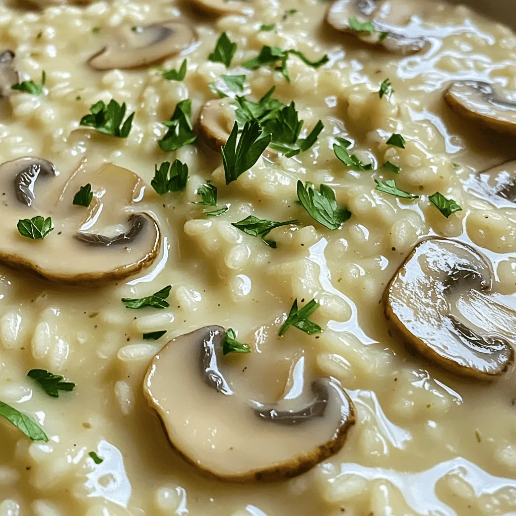 To make creamy mushroom risotto, you need simple and fresh ingredients. This dish features Arborio rice, which is key to its creamy texture. You can have the full recipe at the end of this section. - Arborio rice: This short-grain rice is starchy. It helps create the creamy texture risotto is known for. - Vegetable broth: Using low-sodium broth adds depth. It flavors the rice as it cooks. - Mushrooms: Cremini or button mushrooms give the dish a rich, earthy taste. - Onion: Finely chopped onion adds sweetness and aroma to the base. - Garlic: Minced garlic enhances the overall flavor profile. - Parmesan cheese (or nutritional yeast): This adds creaminess and a savory kick. Nutritional yeast is a great vegan option. - Butter (or olive oil): This adds richness and helps sauté the vegetables. - Heavy cream (or coconut cream): Cream ensures a velvety finish. Coconut cream is perfect for dairy-free diets. - Salt and pepper: These seasonings bring out all the flavors. - Fresh parsley: Chopped parsley adds a pop of color and freshness when served. You can easily adapt this recipe for different diets: - Vegan: Use nutritional yeast for cheese and coconut cream for heavy cream. - Gluten-Free: This recipe is naturally gluten-free since it uses rice. - Low-Carb: Replace Arborio rice with cauliflower rice for a lighter version. These options allow everyone to enjoy creamy mushroom risotto! First, grab a medium saucepan. Pour in 4 cups of low-sodium vegetable broth. Heat it over low heat until it simmers. Keeping the broth warm helps the rice cook evenly. This step is key for a creamy texture. Next, take a large skillet and add 2 tablespoons of butter or olive oil. Heat it over medium heat. Once it’s melted, add 1 small finely chopped onion. Cook for about 3-4 minutes. You want the onion to be soft and clear. Then, add 2 cloves of minced garlic and 1 cup of sliced mushrooms. Stir it all together and cook for about 5 minutes. The mushrooms should be tender and most of the water should be gone. Now, it’s time for the rice. Pour in 1 cup of Arborio rice. Stir well to coat each grain in the mushroom mix. Let it toast for about 2 minutes. You’ll notice the rice changing color. Next, start adding the warm broth, one ladle at a time. Stir constantly. Wait until most of the liquid is gone before adding more. Keep this up for about 18-20 minutes. The rice should be creamy and slightly firm. For the final touch, stir in 1/2 cup of heavy cream and 1/2 cup of grated Parmesan cheese. Season it with salt and pepper to taste. Let the risotto rest for a couple of minutes to meld the flavors. Finally, add fresh parsley on top for a bright finish. This is how you create a comforting creamy mushroom risotto. For the full recipe, check the earlier section. To get that dreamy, creamy texture, use Arborio rice. This rice has a high starch content. Starch helps create a rich, velvety feel. Stirring often also adds to the creaminess. It helps release more starch into the dish. Keep the broth warm while cooking. This helps the rice cook evenly and absorb flavors well. Mushrooms bring a deep, earthy flavor. You can add fresh herbs like thyme or rosemary. These herbs enhance the dish's taste without overpowering it. For a kick, consider adding a splash of white wine. The acidity brightens the dish and adds depth. You can also switch out the cheese. Try goat cheese or feta for a tangy twist. One common mistake is adding too much broth at once. This can lead to uneven cooking. Remember to add it slowly, one ladle at a time. Another pitfall is not stirring enough. Stirring helps the rice cook properly and become creamy. Lastly, don’t skip the resting step. Letting it sit for a few minutes lets flavors blend beautifully. For the full recipe, check out the recipe section above. {{image_4}} If you want a vegan risotto, you can make easy swaps. Instead of butter, use olive oil. For creaminess, choose coconut cream over heavy cream. Nutritional yeast can replace Parmesan cheese, giving you a cheesy flavor without dairy. This way, you keep the dish tasty and plant-based. Want to make your risotto heartier? Add proteins like cooked chicken, shrimp, or even chickpeas. Chicken adds a savory flavor, while shrimp brings a touch of the sea. Chickpeas are a great option for a plant-based boost. Just mix them in during the last few minutes of cooking. This makes your risotto filling and satisfying. Seasonal vegetables can brighten your risotto. In spring, try peas and asparagus for freshness. In fall, add roasted butternut squash or earthy mushrooms. These veggies not only add color but also introduce new flavors. Simply sauté them with the onions and garlic for a delicious twist. For the full recipe, be sure to check out the detailed instructions. After you enjoy your creamy mushroom risotto, store leftovers properly. Place the risotto in an airtight container. Let it cool for a bit before sealing it. This keeps the risotto fresh. You can keep it in the fridge for up to three days. If you notice a dry top, add a little broth or cream before eating. When reheating, you want to keep it creamy. Start by placing the risotto in a saucepan. Add a splash of broth or cream. Heat it over low heat while stirring often. This helps prevent sticking and keeps it smooth. If you prefer, you can use the microwave. Just add a bit of liquid and stir halfway through. You can freeze risotto if you want to save it for later. Use a freezer-safe container and leave some space at the top. Risotto can last in the freezer for about a month. When you are ready to eat, thaw it in the fridge overnight. Reheat with a little broth to revive the creaminess. Enjoy your risotto whenever you crave it! For the full recipe, check out the earlier sections. You can use other types of rice, but Arborio is best. Arborio rice has a high starch content. This makes your risotto creamy. Regular rice won't give you the same texture. If you try it, use short-grain rice. You won't achieve the same creaminess, but it can still be tasty. Risotto lasts about three days in the fridge. Store it in an airtight container. Make sure it cools down before you put it in the fridge. If you want to eat it later, check for any changes in smell or texture. If it looks or smells off, throw it away. Garnish your risotto with fresh parsley. Chopped parsley adds a nice pop of color. You can also sprinkle extra cheese on top for richness. A drizzle of olive oil gives it a nice shine. You can add cracked black pepper for a bit of spice. These small touches make your dish look and taste great. For the full recipe, refer to the earlier section. In this post, we covered how to make creamy mushroom risotto. You learned the key ingredients and their roles, along with possible substitutions. I provided step-by-step instructions and shared tips for a smooth texture and rich flavors. We explored variations to suit different diets and discussed storage best practices. Mastering risotto unlocks endless possibilities in the kitchen. Enjoy your cooking journey!