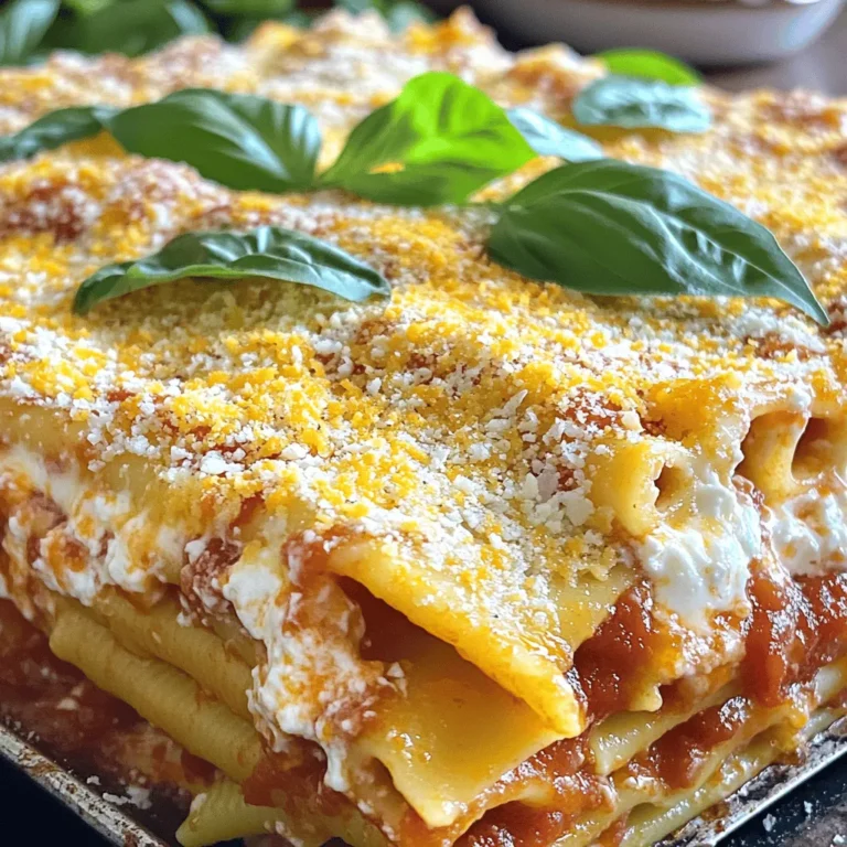 - 12 oz ziti pasta - 2 cups marinara sauce - 1 cup ricotta cheese - 2 cups shredded mozzarella cheese - 1 cup grated Parmesan cheese - 1 large egg - 1 teaspoon dried Italian herbs - Salt and pepper to taste - Fresh basil leaves for garnish To make Cheesy Baked Ziti, gather these ingredients. The ziti pasta gives the dish its shape. Marinara sauce adds a rich flavor. Ricotta brings creaminess, while mozzarella and Parmesan offer a cheesy delight. The egg helps bind the mixture together. - Alternatives for cheese: Use cottage cheese instead of ricotta. For a dairy-free option, try cashew cheese. - Gluten-free pasta options: Swap ziti for gluten-free pasta made from rice or quinoa. - Homemade marinara sauce recipe: Combine canned tomatoes, garlic, onion, and herbs for a quick sauce. These substitutions keep your Cheesy Baked Ziti tasty and fun. Adjust these ingredients based on your needs or preferences. This way, you can enjoy a comforting meal that suits everyone at your table. For the full recipe, check out the complete details! First, preheat your oven to 375°F (190°C). This step gets your oven ready for baking. Then, take a large pot and fill it with salted water. Bring the water to a boil. Add the ziti pasta and cook it according to the package instructions. You want it al dente, so keep an eye on the time. Once cooked, drain the pasta and set it aside. Next, grab a mixing bowl. In this bowl, combine the ricotta cheese, half of the mozzarella cheese, and half of the Parmesan cheese. Crack in the egg and add the dried Italian herbs, salt, and pepper. Mix it all together until it is smooth and creamy. Now, it's time to build your ziti dish. Pour a layer of marinara sauce into a spacious baking dish. This sauce will keep the ziti moist and add great flavor. Spread it evenly over the bottom. Next, layer half of the cooked ziti on top of the sauce. After that, use half of your ricotta mixture and spread it evenly over the pasta. Follow this with another layer of marinara sauce. Repeat these steps: add the remaining ziti, spread the last of the ricotta mixture, and finish with the last of the marinara sauce. Top it off by sprinkling the rest of the mozzarella and Parmesan cheese on the very top. This will create a delicious, cheesy crust. Now, cover the baking dish with aluminum foil. This helps to trap moisture, making the dish nice and creamy. Place the dish in your preheated oven and bake for 20 minutes. After 20 minutes, carefully remove the foil. Continue baking for another 15 to 20 minutes. Watch closely for the cheese to bubble and turn a lovely golden brown. Once it's baked perfectly, take it out of the oven. Let it cool for about 5 minutes. This resting time helps to set the layers. Before serving, add fresh basil leaves on top for a nice touch. Enjoy your cheesy baked ziti! For the full recipe, check out the details above. To get the best texture for your cheesy baked ziti, you want your pasta to be al dente. This means it should be firm when you bite it. Here are some tips: - Use plenty of water when boiling the ziti. - Add salt to the water for flavor. - Follow the package instructions, but check a minute early. The filling needs to be creamy for the perfect bite. To ensure this: - Mix ricotta cheese with egg and herbs well. - Add some of the mozzarella to the filling for added creaminess. When serving cheesy baked ziti, it pairs well with garlic bread or a light salad. The bread soaks up the sauce nicely. A fresh salad adds crunch and balance to the meal. For wine lovers, consider a nice red wine. A Chianti or a light Pinot Noir works well. These wines enhance the rich flavors of the dish. Storing your baked ziti right is key to keeping it fresh. Here are some best practices: - Let the dish cool completely before storing. - Use an airtight container to keep it fresh in the fridge. When reheating, follow these tips to avoid drying it out: - Cover the dish with foil to keep moisture in. - Heat at a low temperature, around 325°F (160°C) until warm. These tips will help you enjoy your cheesy baked ziti just like fresh out of the oven. For a complete guide, check the full recipe. {{image_4}} You can add meat to your cheesy baked ziti for extra flavor. Ground beef or sausage works well. Just cook the meat first, then mix it with the marinara sauce. If you want a vegetarian dish, try using mushrooms or zucchini instead. These options keep the dish hearty without meat. Adding vegetables can boost both flavor and nutrition. Spinach, bell peppers, or mushrooms mix well into the dish. They add great taste and color. You can also experiment with different cheese blends. Try using gouda or cheddar for a unique twist. Mixing cheeses creates layers of flavor. Many regions have their own take on baked ziti. You might try using pesto sauce instead of marinara for a fresh flavor. Some people even use a white sauce for a creamy touch. Additionally, you can draw inspiration from cuisines around the world. For example, adding spices like cumin gives it a fun kick. For a full recipe, check out the [Full Recipe]. To keep your Cheesy Baked Ziti fresh, follow these tips: - Refrigeration guidelines: Once the dish cools, cover it tightly with plastic wrap or aluminum foil. Store it in the fridge. It will stay good for up to 3 days. If you plan to eat it later, it’s best to keep it in an airtight container. - Freezing instructions: If you want to freeze it, let it cool completely first. Use a freezer-safe dish. Wrap the dish with plastic wrap, then cover it with foil. This helps prevent freezer burn. It can last up to 3 months in the freezer. When ready, thaw it overnight in the fridge before reheating. - How long it lasts in the fridge: Cheesy Baked Ziti stays fresh for about 3 days in the fridge. Always check for signs of spoilage before eating. - Signs of spoilage to watch out for: Look for changes in color or texture. If it smells sour or has mold, toss it out. If the cheese looks slimy, it is also a sign to discard it. Enjoy your delicious dish while it’s fresh! To make Cheesy Baked Ziti, you need simple ingredients. Here’s the breakdown: - 12 oz ziti pasta - 2 cups marinara sauce - 1 cup ricotta cheese - 2 cups shredded mozzarella cheese - 1 cup grated Parmesan cheese - 1 large egg - 1 teaspoon dried Italian herbs - Salt and pepper to taste - Fresh basil leaves for garnish Now, let’s go through the step-by-step process: 1. Preheat your oven to 375°F (190°C). 2. Boil salted water in a large pot. Cook the ziti pasta until al dente. Drain it and set aside. 3. In a bowl, mix ricotta cheese, half of the mozzarella, half of the Parmesan, the egg, herbs, salt, and pepper. Blend well. 4. Pour a layer of marinara sauce in a baking dish. 5. Add half of the cooked ziti over the sauce. Then, spread half of the ricotta mixture on top. 6. Add another layer of marinara sauce. 7. Repeat with the remaining ziti and ricotta mixture. Finish with the last of the marinara. 8. Top with the rest of the mozzarella and Parmesan cheese. 9. Cover with foil and bake for 20 minutes. 10. Remove the foil and bake for another 15 to 20 minutes until bubbly and golden. 11. Let it cool for 5 minutes. Garnish with fresh basil before serving. For the full recipe, check out the earlier sections of this article. Yes! You can prepare Cheesy Baked Ziti ahead of time. Here are the best ways to do it: - Assemble the dish: Follow the recipe steps up to the baking part. Cover the dish tightly with foil and place it in the fridge. - Bake later: When you are ready to eat, preheat the oven. Bake the dish straight from the fridge. You may need to add a few extra minutes to the baking time. Yes, Cheesy Baked Ziti freezes very well. Here are some tips and reheating instructions: - Freezing: After assembling, cover the dish tightly with foil or plastic wrap. Label it with the date. Freeze for up to 3 months. - Reheating: To reheat, thaw it in the fridge overnight. Bake in a preheated oven at 375°F (190°C) for about 30-40 minutes. Check that it is heated through and bubbly before serving. This blog offered a complete guide to making Cheesy Baked Ziti. We covered the ingredients, substitutions, and step-by-step instructions. I shared tips and variations to enhance your dish. Additionally, I provided storage info and answered common questions. Baked ziti is simple yet versatile. With easy steps and tasty options, you can create a meal for any occasion. Enjoy making this dish your own, and savor each bite!