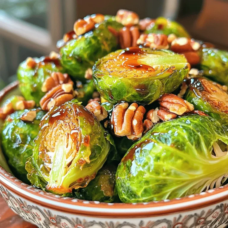- 1 lb Brussels sprouts, trimmed and halved - 2 tablespoons extra virgin olive oil - 2 tablespoons honey - 1 tablespoon sriracha - 1 teaspoon smoked paprika - 1 teaspoon garlic powder - Sea salt and freshly cracked black pepper - 1/4 cup pecans, chopped - 2 tablespoons balsamic glaze Gathering your ingredients is key. You want fresh Brussels sprouts for the best taste. Make sure to trim and halve them so they roast evenly. The olive oil helps the sprouts get crispy. Honey adds sweetness, while sriracha brings the heat. Smoked paprika and garlic powder give them flavor depth. Don't forget the sea salt and black pepper! They bring out all the flavors. Chopped pecans add a nice crunch at the end. Finally, balsamic glaze drizzled on top gives a sweet finish. You can find the full recipe to guide you through the cooking process. 1. Preheat the oven to 400°F (200°C). This helps the Brussels sprouts cook evenly and get crispy. 2. Prepare your baking sheet by lining it with parchment paper. This keeps the sprouts from sticking and makes cleaning up easy. 1. Combine the Brussels sprouts in a large bowl with olive oil, honey, sriracha, smoked paprika, garlic powder, sea salt, and pepper. 2. Toss them well so each sprout gets coated with the tasty mix. This step is key for flavor. 1. Transfer the sprouts to the prepared baking sheet. Spread them out flat to roast evenly. 2. Roast for 20-25 minutes. Stir them halfway through. You want them golden-brown and crispy on the outside. 3. Add the pecans during the last five minutes of roasting. This gives them a nice toast and extra crunch. Enjoy your sweet and spicy roasted Brussels sprouts! You can check the Full Recipe for more details. For cooking Brussels sprouts, timing is key. If your oven runs hot, check them at 20 minutes. If it's cooler, they may need 25 minutes. You want them golden brown, not burnt. To achieve that perfect crispness, spread the sprouts out on the baking sheet. They need space to roast evenly. Stir them halfway through cooking. This helps them brown all over. If they look soft, give them a bit more time. To boost flavor, you can add spices like cayenne pepper or herbs like thyme. They add depth and make the dish more exciting. Try mixing in garlic or onion powder for an extra kick. Adjusting sweetness and spice is easy. If you prefer it sweeter, add more honey. For more heat, increase the sriracha. Taste as you go to find your ideal balance. For the full recipe, check out the details above. You’ll love how simple it is to make these sweet and spicy roasted Brussels sprouts! {{image_4}} You can get creative with the ingredients in this recipe. For oils, try avocado oil or coconut oil instead of olive oil. These swaps can add unique flavors. If you want to change the sweetener, use maple syrup or agave nectar in place of honey. Each sweetener brings its own twist to the dish. For crunch, consider using walnuts, almonds, or even sunflower seeds instead of pecans. Each nut adds a different taste and texture. You can mix and match to find your favorite combination. If you follow a vegan diet, simply swap honey for maple syrup. This keeps the dish sweet without using animal products. The recipe remains just as tasty. For those avoiding gluten, this recipe is already gluten-free! Always check labels on sauces to ensure they fit your diet. If you want a low-carb option, skip the honey and use a sugar substitute. This makes the dish friendly for keto diets. You can also add more spices to enhance flavor without added carbs. These variations allow you to customize Sweet and Spicy Roasted Brussels Sprouts to suit your needs. Enjoy experimenting! To store your leftovers, let the Brussels sprouts cool completely. Place them in an airtight container. Keep them in the fridge for up to 3 days. When ready to eat, you can enjoy them cold or warm them up. To freeze roasted Brussels sprouts, first, let them cool. Then, spread them in a single layer on a baking sheet. Freeze them for about an hour. After that, transfer the sprouts to a freezer-safe bag. They will stay fresh for up to 3 months. When you're ready to enjoy them, you can reheat them right from the freezer. Bake them at 375°F (190°C) for about 15-20 minutes. If you want, you can also sauté them in a pan with a little oil. This method keeps them crispy and tasty. For the best texture, avoid microwaving. This may make them soggy. Instead, use the oven or a pan for reheating. What temperature should Brussels sprouts be roasted at? Roast Brussels sprouts at 400°F (200°C). This high heat helps them become crispy and golden. The right temperature is key for a great texture. Can I use frozen Brussels sprouts for this recipe? Yes, you can use frozen Brussels sprouts. Thaw them first and pat them dry. This helps remove excess water. Soggy sprouts won’t roast well, so this step is important. How do I prevent my Brussels sprouts from being soggy? To prevent sogginess, use fresh Brussels sprouts when possible. If using frozen, dry them well. Ensure enough space on the baking sheet. Crowding can trap steam and make them soft. Tossing them with oil and spices evenly also helps keep them crisp. For the full recipe, check out the Sweet and Spicy Roasted Brussels Sprouts section. This blog post covered how to prepare delicious roasted Brussels sprouts. We explored the key ingredients you need, like olive oil, honey, and spices. I shared step-by-step instructions, cooking tips, and variations to keep things fun. Remember, adjustments for taste and diet can make this dish your own. You now have everything you need to create a flavorful side. Enjoy your cooking, and don’t shy away from experimenting with new flavors next time!