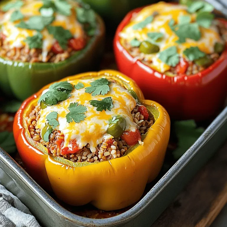 Here’s what you need to make Chicken and Rice Stuffed Peppers: - 4 large bell peppers (suggested color mix) - 1 cup cooked brown rice (or quinoa) - 1 pound ground chicken (or ground turkey) - 1 small onion, finely chopped - 2 cloves garlic, minced - 1 can (14 oz) diced tomatoes with green chilies - 1 teaspoon ground cumin - 1 teaspoon smoked paprika - 1 teaspoon chili powder - 1 cup shredded cheese (cheddar, mozzarella, or pepper jack) - Salt and black pepper to taste - Fresh cilantro or parsley for garnish These ingredients create a hearty meal. The bell peppers add color and nutrition. Ground chicken provides protein and pairs well with the spices. You can swap rice for quinoa if you want something different. Diced tomatoes with green chilies bring a nice kick. Using a mix of cheeses gives a rich taste. You can find the complete recipe [here](#) to explore more about each step. Enjoy cooking! - Preheat oven to 375°F (190°C). This step is key for even cooking. - Prepare bell peppers by cutting off the tops and scooping out the seeds. This makes room for the filling. - In a large skillet, heat a splash of olive oil over medium heat. - Sauté the chopped onion and minced garlic until they are soft, about 3-4 minutes. This brings out their natural sweetness. - Add the ground chicken to the skillet. Cook it until browned, about 5-7 minutes. Make sure no pink remains. - Once the chicken is cooked, mix in the cooked rice, diced tomatoes, and spices. Stir well. This adds flavor and texture. - Allow the mixture to bubble gently for 2-3 minutes. This helps the flavors blend nicely. - Remove the skillet from the heat. Fold in half of the shredded cheese until it melts. - Fill each bell pepper with the chicken and rice mixture. Press down gently to pack it in tightly. - Top each pepper with the remaining cheese. This gives a nice cheesy crust. - Cover the baking dish with foil. Bake for 25 minutes. - After that, remove the foil and bake for another 10-15 minutes. Look for bubbly cheese and tender peppers. - Ensure peppers are snug in the dish to prevent tipping. This keeps the filling from spilling out. - Let the chicken and rice mixture cool slightly before stuffing the peppers. This helps prevent the peppers from cooking too fast. - Garnish the peppers with fresh cilantro or parsley. This adds a nice touch and flavor. - Pair the stuffed peppers with a side salad or warm garlic bread. These sides balance the meal well. Making Chicken and Rice Stuffed Peppers is fun and simple. You can find the full recipe above. Enjoy cooking! {{image_4}} You can change a few things in this recipe. One easy swap is using quinoa instead of brown rice. Quinoa adds a nice nutty flavor and boosts protein. It also cooks faster, making the meal even quicker. Another option is to use different proteins. If you want a leaner choice, swap ground chicken for ground turkey. Both give a great taste. You can also try ground beef for a richer flavor. Each option brings its own twist to the dish. Want to spice things up? You can add cayenne pepper for some heat. Just a pinch can make a big difference. If you like a smoky taste, smoked paprika works wonders too. Cheese is another way to enhance flavor. You can mix different types of cheese. Try pepper jack for added spice or a blend of cheddar and mozzarella for a creamy finish. Each cheese adds a unique touch, making your stuffed peppers even more delicious. For the full recipe, check out the vibrant Chicken and Rice Stuffed Peppers. Store any leftovers in an airtight container. This keeps them fresh for up to 3 days. When you're ready to eat, simply reheat in the oven or microwave. I recommend using the oven for the best texture. You can freeze the stuffed peppers before baking them. This method keeps their flavor intact. They can last in the freezer for up to 2 months. To cook frozen peppers, bake them directly from the freezer. Just remember to add 10-15 extra minutes to the cooking time. This way, you'll enjoy a warm, satisfying meal anytime! For the full recipe, check out the earlier section. You can use ground turkey or plant-based alternatives. Ground turkey is leaner and has a mild taste. It makes a great swap. For a plant-based option, try lentils or a meat substitute like crumbled tofu. These choices still bring protein and flavor to the dish. Yes, you can prep and fill the peppers a day ahead. Simply prepare the filling as directed and stuff the peppers. Cover and store them in the fridge. When you’re ready, just pop them in the oven. This saves time and keeps dinner stress-free. Peppers should be tender and the cheese bubbly. You can check the peppers by gently poking them with a fork. When they are soft, they are ready. The cheese should be melted and golden for a perfect finish. Stuffed peppers combine fresh ingredients with easy steps for a delicious meal. You can customize them with different grains and proteins. Remember to store leftovers correctly to enjoy them later. This dish is perfect for meal prep or quick dinners. I hope you feel inspired to make your own stuffed peppers. They will impress your family and friends with their taste and color. Enjoy cooking and experimenting with this fun recipe!