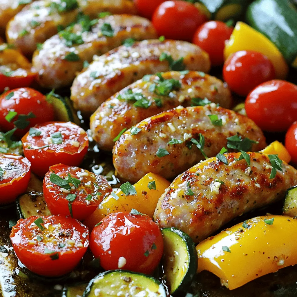 - 1 lb chicken or turkey sausage - 2 bell peppers (1 red and 1 yellow) - 1 medium zucchini - 1 medium red onion - 1 cup cherry tomatoes - 3 cloves garlic - 2 tablespoons extra virgin olive oil - 1 teaspoon dried oregano - 1 teaspoon smoked paprika - Salt and pepper - Fresh parsley The main ingredients in this dish create a colorful mix. The sausage brings a savory kick. You can choose chicken or turkey for a lighter option. Bell peppers add sweetness and crunch. Zucchini provides a nice texture, while cherry tomatoes burst with juice and flavor. For seasoning, garlic is key. It adds depth and aroma. Extra virgin olive oil keeps everything moist and helps flavors blend. Dried oregano and smoked paprika elevate the taste. Salt and pepper balance the dish perfectly. Don't forget the garnish! Fresh parsley brightens the plate. It adds color and a fresh taste. When you serve this dish, it looks good and tastes even better. Check out the full recipe for more details on how to make it! Preheat the oven to 425°F (220°C). This step ensures your dish cooks evenly and quickly. Arrange the sausage and vegetables on the sheet pan. I like to spread them out in a single layer to help them roast nicely. Toss the sausage and veggies with oil and seasonings. I mix olive oil, garlic, oregano, smoked paprika, salt, and pepper in a bowl. Then, I drizzle this mixture over the sausage and veggies. Use your hands or a spatula to coat everything well. Roast the sheet pan in the oven for 25-30 minutes. Stir the mixture halfway through cooking. This helps with even browning and flavor. The sausage should get a nice golden color, and the veggies will become tender. When done, let it cool for a few minutes before serving. For the full recipe, don’t forget to check the details above! To get the best roast, space your food well. Avoid overcrowding the sheet pan. When you spread out the sausage and veggies, they cook more evenly. This helps them brown nicely and get that great flavor. Also, keep an eye on the cooking time. It usually takes 25 to 30 minutes. Stir the mixture halfway through to help it cook evenly. For a fun twist, try adding different herbs or spices. Basil, thyme, or even a pinch of chili flakes can change the flavor profile. You can also use seasonal vegetables. In fall, add butternut squash; in summer, toss in fresh corn. These changes keep your dish exciting and fresh. Serve the dish right from the pan for a casual meal. It looks great and makes serving easy. You can also pair it with crusty bread to soak up the juices or serve it over quinoa for added texture. Both options make the meal hearty and satisfying. Check out the Full Recipe for more ideas! {{image_4}} You can easily switch up the sausage in this dish. Try using Italian sausage for a spicy kick. Or, go for bratwurst for a hearty meal. You can also use chicken or turkey sausage for a lighter option. Don't forget about the veggies! Add broccoli or sweet carrots for a different taste and more color. Cauliflower works great too. Just cut them into small pieces so they roast well. If you're looking for a vegetarian or vegan option, this recipe works! Simply replace the sausage with plant-based sausage. You can use tofu or tempeh as well. For a gluten-free version, select gluten-free sausage. Make sure to check labels, as some brands may have hidden gluten. By making these swaps, everyone can enjoy this tasty meal! To store your sausage and veggie sheet pan dinner, let it cool first. Then, place leftovers in an airtight container. This keeps the dish fresh in the fridge for up to three days. When you’re ready to eat, reheat it in the oven or microwave. For the oven, preheat to 350°F (175°C) and warm for about 15 minutes. In the microwave, cover with a damp paper towel and heat for 2-3 minutes, stirring halfway through. If you want to save leftovers longer, freezing is a great option. First, let the dish cool completely. Then, transfer it to a freezer-safe container or bag. Label it with the date and name of the dish. You can freeze it for up to three months. When you’re ready to enjoy it again, thaw it in the fridge overnight. To reheat, place it in a preheated oven at 350°F (175°C) for 20-25 minutes. You can also use the microwave, heating in 3-minute intervals until hot. This way, you’ll still enjoy that great flavor from the Full Recipe! You can tell the dish is done by checking a few signs. First, the sausage should be browned and firm. Second, the vegetables should be tender and slightly caramelized. You might also see some edges getting crispy. If these signs show, your meal is ready to enjoy! Yes, you can prep ahead! Slice the sausage and chop the veggies a day before. Store them in the fridge in an airtight container. When you're ready to cook, just toss everything with the olive oil and seasonings. This saves time and makes dinner easy! If you want to swap the sausage, there are many options. You can use plant-based sausage for a vegetarian dish. Tofu or tempeh also works well. For a leaner choice, try chicken or turkey breast. Just remember to adjust cooking times as needed. This blog covers a tasty sheet pan dish with chicken or turkey sausage and fresh veggies. We explored the main ingredients, how to prepare them, and tips for the best roast. You can switch ingredients or make it vegetarian. Store leftovers properly for future meals. Remember, cooking should be fun and easy. With this dish, you can impress loved ones or enjoy a cozy meal. Simplify your cooking by sticking to these steps and letting your creativity shine. Happy cooking!