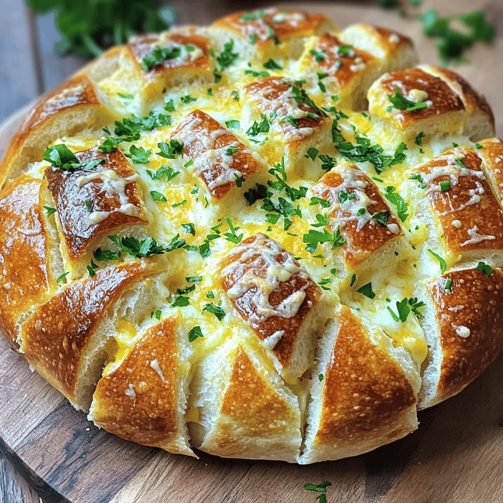 - 1 large round loaf of sourdough or Italian bread - 2 tablespoons unsalted butter, melted - 1 cup shredded mozzarella cheese - 1 cup shredded cheddar cheese - 1/2 cup finely grated Parmesan cheese - 3 cloves garlic, minced - 1 tablespoon fresh parsley, finely chopped - 1 teaspoon Italian seasoning - Salt and freshly ground black pepper to taste - Creative cheese options (e.g., gouda, fontina, etc.) - Additional herbs or spices for flavor enhancement When I prepare Cheesy Pull Apart Bread, I focus on fresh ingredients. The bread is the star. I love using a large round loaf of sourdough or Italian bread. You want it to be sturdy yet soft inside. This bread holds all the cheesy goodness. Next, we need butter and cheese. Unsalted butter adds richness. Mozzarella cheese gives that gooey stretch. Cheddar cheese adds a sharpness that I adore. And don't forget the Parmesan cheese. It adds a salty, nutty kick that makes every bite special. Now, let’s talk about flavor. Garlic is key for that savory touch. I use three cloves of garlic, minced. Fresh parsley brightens up the dish. Italian seasoning brings warmth, while salt and pepper enhance the taste. Want to get creative? You can add other cheeses like gouda or fontina. Herbs like oregano or thyme can give your bread a unique twist. The options are endless, and I encourage you to experiment. For the full recipe, check out the details above. You'll love how easy it is to make this tasty dish! - Preheat your oven to 350°F (175°C). - Cut the loaf in a crisscross pattern, leaving the bottom intact. This keeps the bread together. - Combine melted butter, minced garlic, parsley, Italian seasoning, salt, and pepper. - Mix well to blend all the flavors. This adds a rich taste to the bread. - Brush the butter mixture into the cuts of the bread. Make sure to coat every gap. - Stuff the loaf with mozzarella, cheddar, and Parmesan. Use enough cheese for a gooey bite. - Wrap the loaf in aluminum foil for baking. This helps keep the bread soft. - Bake covered for 15-20 minutes. This warms the bread and melts the cheese. - Unwrap and bake for an additional 5-10 minutes. This makes the top crispy and golden. With these steps, you’re on your way to a cheesy treat that everyone will love. For the complete recipe, check out the Full Recipe section. Enjoy your cheesy pull-apart bread! To cut bread without tearing, use a serrated knife. This knife grips the crust well. Cut slowly and gently. Make a crisscross pattern, but don’t cut all the way through. Leave about half an inch at the bottom. This keeps your bread intact. If your oven runs hot, reduce the baking time slightly. Every oven is a bit different, so watch the bread closely. Adding herbs can really boost the taste. I like to use fresh rosemary or thyme. These herbs add a nice touch. You can also sprinkle some red pepper flakes for heat. For cheese, mix it up! Try gouda or pepper jack for a twist. Each cheese brings its own flavor. Dipping sauces make this bread even better. Marinara sauce is a classic choice. It adds a rich, tangy flavor. Garlic butter is another favorite. It's simple and goes well with cheesy bread. For parties, serve the bread on a wooden board. This looks great and is easy to share. You can also pair it with a fresh salad for a complete meal. Enjoy your cheesy pull-apart bread with friends! For the full recipe, check out the recipe section. {{image_4}} You can switch up the cheese in your cheesy pull apart bread to mix things up. Try using pepper jack for a spicy kick. Blue cheese can add a sharp, tangy flavor that some love. If you need a dairy-free option, vegan cheese works well too. It melts nicely and keeps the fun cheesy texture. Experimenting with different cheeses can lead to new favorites. Adding extra flavors can make your bread even better. You can toss in sundried tomatoes or olives for a great twist. These add a burst of color and taste. If you want something rich and savory, mix in cooked bacon or ham. These additions can elevate your bread to a whole new level. Your family and friends will be impressed. The type of bread you use can change everything. Try using focaccia for a soft, fluffy texture. A baguette can give a crunchy crust that contrasts with the gooey cheese inside. If you need gluten-free options, many stores offer gluten-free bread now. This way, everyone can enjoy the cheesy goodness. Don't be afraid to experiment with different styles to find what you love. To keep your cheesy pull-apart bread fresh, place it in an airtight container. You can also wrap it in plastic wrap. This helps prevent it from drying out. Store it in the fridge for up to three days. When you want to enjoy it again, reheat it in the oven. Set the oven to 350°F (175°C). Heat for about 10 minutes. This keeps the crust crispy and the cheese melty. If you have extra bread, freezing is a great option. You can freeze it before or after baking. If freezing before baking, wrap the loaf tightly in plastic wrap and foil. This protects it from freezer burn. You can bake it straight from the freezer. Just add a few extra minutes to the baking time. If you freeze it after baking, let it cool first. Store it in an airtight container. When ready, thaw it in the fridge overnight. Reheat it in the oven at 350°F (175°C) for 15 minutes. Fresh cheesy pull-apart bread lasts about three days in the fridge. If you freeze it, it can last up to three months. Watch for signs of spoilage. If the bread smells bad or has mold, it’s time to toss it. Always trust your senses! Keeping track of dates can help you enjoy your cheesy bread at its best. For the full recipe, check out the main article. To make Cheesy Pull Apart Bread, you need about 35 minutes. This includes 15 minutes to prep the bread and 20 minutes to bake it. You can gather your ingredients and prep the loaf in no time. Just follow the steps, and you will have a tasty treat in under 40 minutes! Yes, you can use different types of bread for this recipe. Sourdough and Italian bread work well, but other options like focaccia or baguette are great too. If you have dietary needs, gluten-free bread is a good alternative. Just ensure the bread is sturdy enough to hold the cheese and garlic mix. The best cheeses for pull-apart bread include mozzarella, cheddar, and Parmesan. Mozzarella gives that stretchy, gooey texture. Cheddar adds a sharp flavor, and Parmesan brings a nutty taste. However, feel free to mix in other cheeses like gouda or pepper jack for a fun twist. You can make Cheesy Pull Apart Bread ahead of time! Prepare the bread and fill it with cheese and butter. Wrap it tightly in foil and store it in the fridge. When you’re ready to bake, just pop it in the oven. It will taste fresh and delicious. To make your bread more garlicky, simply add more minced garlic to the butter mixture. You can use up to five cloves if you love garlic. You can also sprinkle garlic powder inside the cuts for extra flavor. This will boost the aroma and taste of the bread! For the full recipe, check out the detailed steps above! Cheesy pull-apart bread is delicious and fun to make. We explored key ingredients and gave step-by-step instructions. Mixing cheeses and using fresh herbs makes the flavor pop. Remember, you can try different bread types and flavor additions to customize your loaf. Proper storage ensures you enjoy leftovers later. With these tips and tricks, you can impress your friends and family. Now, gather your ingredients and start baking. Enjoy every cheesy bite!