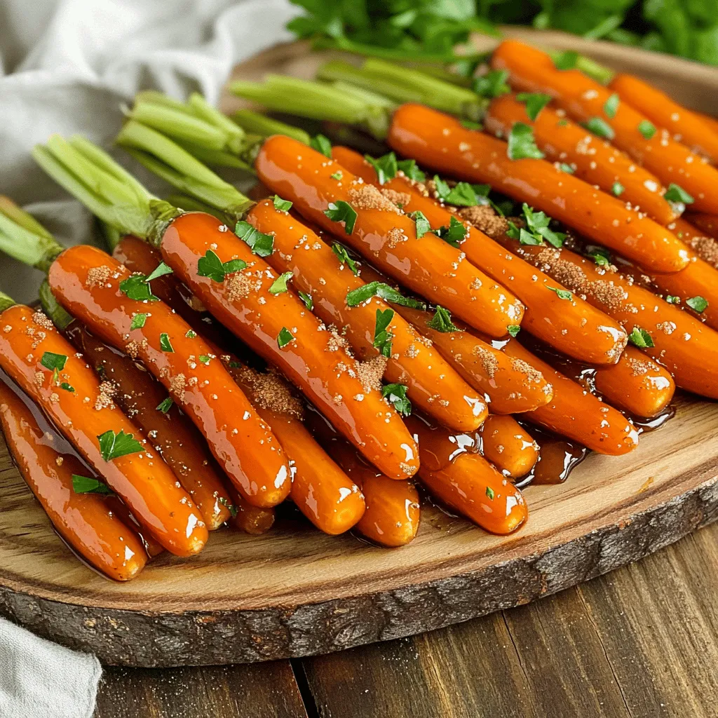 - Baby carrots or regular carrots - Pure maple syrup - Unsalted butter - Ground cinnamon - Freshly grated nutmeg - Salt and black pepper - Fresh parsley (for garnish) When preparing maple glazed carrots, choose your main ingredient first. Baby carrots are sweet and easy to use. If you prefer, slice up regular carrots into sticks. This recipe shines with pure maple syrup. It adds a rich sweetness that pairs well with the carrots. Use unsalted butter for a creamy texture that helps the glaze stick. Spices play a big role in this dish. Ground cinnamon brings warmth, while freshly grated nutmeg adds a unique flavor. Don't forget to season with salt and black pepper. This balance enhances every bite. Finally, fresh parsley adds a pop of color and freshness when you serve. - Additional spices (ginger, cloves) - Honey or brown sugar as a substitute - Other vegetables to mix in Feel free to experiment! You can add spices like ginger or cloves for a twist. If you want a different sweetener, honey or brown sugar works well. You might also try mixing in other vegetables. Peas or sweet potatoes can add more color and taste. Enjoy the process and make it your own! To start, wash your carrots well. If you choose regular carrots, peel them and cut them into sticks. Aim for uniform sizes, so they cook evenly. If you prefer baby carrots, you can leave them whole. This saves time and makes prep easy. Now, let’s cook the carrots. First, blanch them. Fill a medium pot with water and add a pinch of salt. Bring it to a boil. Carefully add the carrots and blanch for about 4-5 minutes. You want them tender but still crisp. Drain them once done and set aside. Next, melt the butter in a large skillet over medium heat. Wait until it’s bubbly and fragrant. Then, add the blanched carrots. Make sure they are all coated in the melted butter. Use a spatula to toss them gently. It’s time to add the sweetness. Pour the maple syrup over the carrots. Sprinkle the ground cinnamon and freshly grated nutmeg on top. Mix everything well. This will ensure every carrot gets coated in the sweet mix. Now, let’s glaze the carrots. Cook them for another 5-7 minutes. Stir occasionally. This allows the maple syrup to thicken and create a beautiful glaze around the carrots. Season the dish with salt and freshly cracked black pepper. Do this to taste. Once the carrots look glossy and tender, remove the skillet from the heat. To serve, transfer the glazed carrots to a nice platter. For a pop of color, garnish them with finely chopped fresh parsley. This adds freshness and makes the dish look great. You can pair these maple glazed carrots with roasted chicken or pork. They also go well with a hearty grain dish. Enjoy this delightful side dish that balances the sweet maple flavor with warm spices. For the full recipe, check the earlier sections. - Overcooking the carrots: This will make them mushy. Keep them slightly firm for the best texture. - Skipping the blanching step: Blanching helps the carrots cook evenly and keeps their bright color. - Suggestions for additional herbs: Fresh thyme or dill can add a nice touch. Just add a pinch while cooking. - Using flavored syrups: Try maple-vanilla syrup for a fun twist. It adds layers of flavor that taste amazing. - Best cookware for even cooking: A heavy-bottomed skillet works well. It helps heat distribute evenly for perfect glazing. - Recommended utensils for stirring and serving: Use a wooden spoon for stirring. It won’t scratch your pan and gives you control. A slotted spoon is great for serving. {{image_4}} You can switch up the maple syrup for other sweet options. Agave syrup works well and has a light flavor. Honey can also add a nice touch. If you want a deeper taste, try using brown sugar. It gives a rich caramel flavor that pairs nicely with the carrots. Just mix it in as you would the maple syrup. Feel free to get creative with your vegetables! Root veggies like parsnips or sweet potatoes blend beautifully with the carrots. Chop them into similar sizes for even cooking. You can also mix in some peas or greens. They add color and extra nutrients to your dish. Just toss them in during the last few minutes of cooking. Want to switch up the taste? You can add savory elements like garlic or fresh herbs. Thyme or rosemary can enhance the flavor profile nicely. If you want a spicy kick, consider adding a pinch of cayenne pepper or cinnamon. These changes can make your maple glazed carrots perfect for different seasons or special occasions. To store leftover glazed carrots, let them cool first. Place the carrots in an airtight container. This keeps them fresh and stops them from drying out. You can enjoy them for up to 4 days in the fridge. Glass or plastic containers work well. Choose a size that fits your leftovers snugly. If you want to freeze glazed carrots, first pack them in freezer-safe bags. Remove as much air as you can before sealing. They can stay fresh for up to 3 months in the freezer. When you're ready to eat them, thaw them in the fridge overnight. For reheating, you can use a microwave or a skillet. Heat them slowly to keep them tender. Glazed carrots can last about 4 days in the fridge. After this time, they may spoil. Look for signs like an off smell or a slimy texture. If you see any of these, it’s best to throw them away. Always trust your senses to know when food is safe to eat. Yes, you can prepare maple glazed carrots ahead of time. Here are my tips: - Blanch the Carrots: Blanch the carrots and cool them down. - Store: Keep them in an airtight container in the fridge for up to two days. - Reheat: When you're ready, warm them up in a skillet with the glaze. This way, you keep the flavor and texture. Maple glazed carrots pair well with many dishes. Here are some ideas: - Roast Chicken: The sweet glaze complements savory chicken nicely. - Grilled Steak: The flavors balance well with beef dishes. - Pork Chops: Maple and pork make a classic combo. - Vegetarian Meals: They also fit perfectly with grain bowls or salads. To thicken the glaze, try these tips: - Cook Longer: Allow the carrots to cook longer in the syrup to reduce the liquid. - Add Cornstarch: Mix a little cornstarch with water. Stir this mix into the glaze while cooking. It will help thicken the mixture. - Stir Often: Stirring helps the glaze coat the carrots evenly and thickens it faster. Yes, you can make this dish vegan. Here are my substitutions: - Butter Substitute: Use coconut oil or vegan butter instead of unsalted butter. - Syrup Swap: Most maple syrup is vegan, but always check the label. - Extra Flavor: Adding a pinch of smoked salt can enhance the flavors. For the full recipe, check out the complete guide to making these delicious maple glazed carrots! In this article, we explored how to make delicious maple glazed carrots. We covered the key ingredients, like carrots and maple syrup, and detailed easy steps for preparation and cooking. We shared tips to avoid common mistakes and ideas for enhancing flavors. Lastly, we discussed storage options and variations to keep the dish exciting. Try out these methods for the best results. With some practice, you will impress everyone at the table. Enjoy your cooking journey!