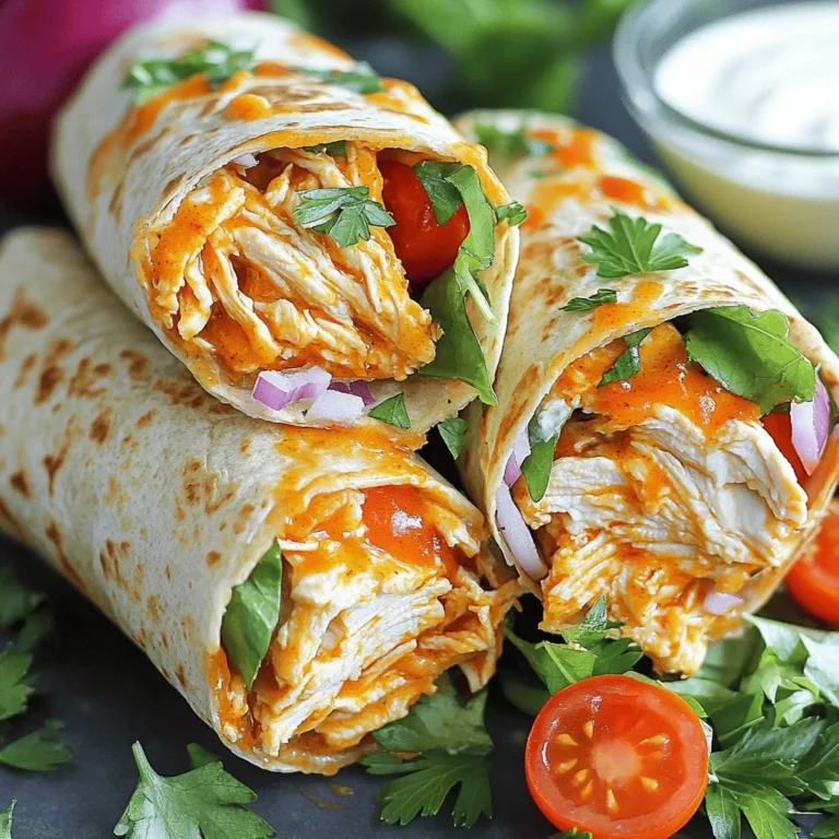 Buffalo Ranch Chicken Wraps are simple to make and packed with flavor. You can whip up this meal in about 30 minutes. It serves four, making it perfect for a family dinner or a fun gathering. You can find the full recipe later in this section. Here are the key ingredients for making these wraps: - 2 cups cooked chicken, shredded - 1/2 cup buffalo sauce - 1/2 cup ranch dressing - 1 cup romaine lettuce, chopped - 1/2 cup cherry tomatoes, halved - 1/4 cup red onion, thinly sliced - 4 whole wheat tortillas - 1/2 cup shredded cheddar cheese - Olive oil spray These ingredients work together to create a mix of spicy and creamy flavors, giving your wraps a tasty kick. Feel free to customize your Buffalo Ranch Chicken Wraps with these optional ingredients: - Avocado slices for creaminess - Cilantro for a fresh taste - Sliced jalapeños for extra heat - Bell peppers for crunch Adding these optional ingredients can enhance the flavor and texture of your wraps. Experiment to find your favorite combination! To start, grab a medium mixing bowl. Add 2 cups of cooked chicken that you have shredded. Pour in 1/2 cup of buffalo sauce. Mix the chicken and sauce well. You want every piece of chicken to be coated in that spicy goodness. This mixture is what makes your wraps flavorful and exciting. Next, take another bowl for your salad filling. Combine 1/2 cup of ranch dressing with 1 cup of chopped romaine lettuce. Then, toss in 1/2 cup of halved cherry tomatoes and 1/4 cup of thinly sliced red onion. Stir everything together until it’s mixed well. This creamy salad adds a cool contrast to the spicy chicken. Now, let’s grab a whole wheat tortilla. Lay it flat on a clean surface. Lightly spray one side with olive oil to get a nice crisp when cooking. In the center of the tortilla, add a generous spoonful of the buffalo chicken mixture. Spread it slightly for even filling. On top of that, add your ranch salad mixture and sprinkle 1/2 cup of shredded cheddar cheese. Fold in the sides of the tortilla, then roll it up from the bottom. Make sure it’s tight to hold everything in. Repeat this with the rest of your tortillas and fillings. To finish, heat a skillet over medium heat. Place the wraps seam side down in the skillet. Cook for 2-3 minutes on each side until golden brown. Enjoy this tasty meal! For the full recipe, check out the details above! To get a great crispy wrap, use a skillet. Heat it on medium before adding your wraps. Spray olive oil on the outside of the tortilla. This helps them get golden brown. Cook for about 2-3 minutes per side. Keep an eye on them so they don't burn. If you want extra crunch, you can use a panini press. You can prepare these wraps ahead of time. Cook the chicken and mix it with the buffalo sauce. Store that mixture in the fridge for up to 3 days. You can also chop the veggies and store them separately. When you're ready to eat, just assemble the wraps. This saves time on busy days. Buffalo Ranch Chicken Wraps pair well with many sides. Try them with carrot and celery sticks for a crunch. A fresh fruit salad adds sweetness. You can also serve them with extra ranch dressing for dipping. If you like a kick, add some pickled jalapeños on the side. For a drink, a cold lemonade complements the spicy flavor. For the full recipe, check out the earlier section. {{image_4}} You can easily swap some ingredients for healthier options. Here are a few ideas: - Chicken: Use grilled chicken breast instead of fried for less fat. - Buffalo Sauce: Look for a low-sodium buffalo sauce to cut back on salt. - Ranch Dressing: Choose a yogurt-based ranch dressing for fewer calories. - Tortillas: Use corn tortillas instead of whole wheat for a lighter wrap. - Cheese: Opt for reduced-fat cheese to lower fat content. These swaps keep the flavor while making the dish lighter. If you want a vegetarian or vegan twist, it's simple to adapt this recipe. Here’s how: - Chicken: Replace shredded chicken with jackfruit or tofu for a meat-like texture. - Ranch Dressing: Use a vegan ranch dressing made from cashews or tofu. - Cheese: Skip the cheese or use a dairy-free cheese alternative. - Buffalo Sauce: Make sure the buffalo sauce is vegan-friendly by checking the label. These changes let everyone enjoy these tasty wraps. Add extra flavor to your wraps with these creative ideas: - Avocado: Sliced avocado adds creaminess and good fats. - Peppers: Add sliced bell peppers for crunch and color. - Herbs: Fresh cilantro or parsley can brighten the flavors. - Pickles: Add sliced pickles for a tangy twist. - Hot Sauce: Drizzle extra hot sauce for those who love heat. Feel free to mix and match these options to find your perfect wrap! For the full recipe, check out the detailed steps above. To keep Buffalo Ranch Chicken Wraps fresh, store them in an airtight container. You can use a plastic wrap, aluminum foil, or a resealable bag. Keep the wraps in the fridge if you plan to eat them within three days. This helps maintain their taste and texture. Always let the wraps cool down before storing them, as heat can create moisture and make the tortillas soggy. Reheating wraps is easy and quick. You can use a skillet or a microwave. If using a skillet, heat it on medium heat. Place the wraps seam side down for about 2-3 minutes on each side. This keeps them crispy. If you use a microwave, wrap them in a damp paper towel. Heat in 30-second intervals until warm. This method keeps them moist but may not be as crispy. Freezing is a great way to save extra wraps. First, wrap each one tightly in plastic wrap. Then, place them in a freezer-safe bag or container. Make sure to label them with the date. You can freeze the wraps for up to three months. When ready to eat, thaw them in the fridge overnight. Reheat them in a skillet for the best texture. Enjoy delicious Buffalo Ranch Chicken Wraps anytime! Yes, you can use rotisserie chicken. It saves time and adds great flavor. Just shred the chicken and mix it with buffalo sauce. This will give you a tasty filling without the extra cooking time. Plus, the spices from the rotisserie chicken blend well with the buffalo sauce. It’s a quick way to enjoy this meal on busy days. For side dishes, think simple and fresh. Here are some great options: - Celery sticks with ranch dip - Carrot sticks - A green salad - Sweet potato fries - Chips and salsa These sides balance the spicy wraps. They also add crunch and freshness to your meal. To make the wraps spicier, add more buffalo sauce to the chicken. You can also mix in diced jalapeños or hot sauce for extra heat. If you want them milder, use less buffalo sauce. You can also switch to a creamy dressing, like blue cheese, instead of ranch. Adjusting these flavors helps you cater to everyone’s taste. For the full recipe, check out the earlier section! This article covered how to make delicious Buffalo Ranch Chicken Wraps. We discussed key ingredients, step-by-step instructions, and helpful tips for great results. You can customize the wraps to fit your taste or dietary needs. In closing, these wraps are easy to prepare and perfect for any meal. Enjoy making them your own, and share them with friends or family. You now have the tools to create a satisfying dish everyone will love.