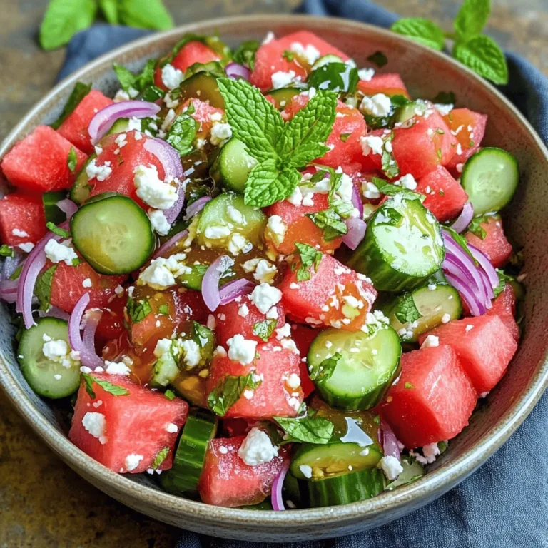 - Watermelon (2 cups, cut into bite-sized cubes) - Cucumber (1 large, diced) - Red onion (1/2, finely thin-sliced) - Fresh mint leaves (1/4 cup, finely chopped) - Creamy feta cheese (1/4 cup, crumbled) - Honey (2 tablespoons, preferably raw) - Freshly squeezed lime juice (2 tablespoons) - Salt and freshly cracked black pepper (to taste) The best part of this salad is its bright colors and fresh flavors. I love how the sweet watermelon pairs with the crisp cucumber. You will find that red onion adds a nice bite. Fresh mint brings a refreshing note. Feta cheese adds a creamy texture and a bit of saltiness, balancing the sweetness. Honey and lime juice create a lovely dressing. This mix makes each bite a real treat. When you make this salad, use the freshest produce you can find. This will make a huge difference in taste. The recipe is easy to follow. You can find the full recipe above. Enjoy this refreshing dish on a hot summer day! - First, mix 2 cups of juicy watermelon and 1 large diced cucumber in a large bowl. - Next, fold in 1/2 finely thin-sliced red onion and 1/4 cup of finely chopped fresh mint leaves. This adds color and flavor. - In a separate bowl, whisk together 2 tablespoons of honey and 2 tablespoons of freshly squeezed lime juice. This makes a sweet and tangy dressing. - Now, drizzle the honey-lime dressing over the salad and gently toss everything together. Be careful not to break the watermelon cubes. - Just before serving, sprinkle 1/4 cup of crumbled feta cheese on top. Season with salt and freshly cracked black pepper to taste. To check out the full recipe, you can refer to the [Full Recipe]. To make a great Cucumber Watermelon Salad, start with fresh ingredients. Choose a watermelon that feels heavy for its size. Look for a uniform shape and a creamy spot on one side. That spot means it ripened on the ground, which is key. For cucumbers, pick ones that are firm and bright green. Avoid ones with soft spots or wrinkles, as they’re not fresh. Check for mint by looking for bright green leaves. They should smell strong and sweet. Fresh mint adds a nice touch. For feta cheese, pick a block instead of crumbled. It should be creamy and white with a slight tang. If it smells sour or has a strange color, skip it. Presenting your salad well can impress your guests. Use a large, clear bowl to show off the colors. You can chill the bowl beforehand for a nice touch. Top the salad with whole mint leaves for a pop of green. This not only looks good but also adds freshness. Pair this salad with grilled chicken or fish for a tasty meal. It also goes well with pita bread or hummus. The salad is light and refreshing, perfect for warm days. To boost the flavor, consider adding herbs like basil or cilantro. They can give your salad a new twist. A sprinkle of chili flakes can add heat if you like spice. Adjust sweetness by adding more honey or lime juice. Taste as you go to find your perfect balance. If it’s too sweet, add a bit more lime juice for brightness. This makes your salad more exciting and delicious. {{image_4}} You can mix up your salad with other fruits and veggies. Try adding diced strawberries or blueberries for a sweet twist. You can also include diced bell peppers for a colorful crunch. If you want a vegan option, you can replace feta cheese with avocado. The creaminess of avocado brings a nice texture, plus it’s full of healthy fats. For a Mediterranean flair, toss in some olives or roasted red peppers. Both add a briny taste that pairs well with watermelon. You can also try an Asian twist by adding sesame oil or soy sauce. This gives your salad a unique depth of flavor that’s sure to impress your guests. This salad can change with the seasons. In the summer, use fresh peaches or nectarines to keep it light. In fall, add diced apples or pears for a sweet crunch. For holidays, think about adding pomegranate seeds for a festive touch. This not only adds color but also a burst of sweetness that compliments the other flavors nicely. For the complete recipe, check out the Full Recipe section above. To keep your Cucumber Watermelon Salad fresh, store leftovers in the fridge. Place the salad in an airtight container. This prevents moisture loss and keeps flavors intact. Glass containers work well, as they are easy to clean and do not retain smells. If you use plastic, ensure it is BPA-free. Cucumber Watermelon Salad stays fresh for up to three days in the fridge. After that, the cucumber may become mushy and the watermelon can lose its crunch. Discard any leftovers if they smell bad or look slimy. Always trust your senses! You can prep parts of the salad in advance. Cut the watermelon and cucumber a day ahead. Store them separately in airtight containers. This keeps them crisp until you’re ready to serve. Mix the dressing with honey and lime juice a few hours before serving. Just remember to add the mint and feta before you serve to keep them fresh! Yes, you can add other fruits. Try strawberries, mangoes, or pineapples. These fruits add flavor and color. Mix and match to create your favorite blend. Fresh fruits keep the salad exciting and tasty. Yes, this salad works well for meal prep. You can chop the ingredients ahead of time. Just keep the dressing separate until you serve. This way, your salad stays fresh and crisp. Cucumber is hydrating and low in calories. Watermelon is also hydrating and rich in vitamins. Mint aids digestion and adds flavor without extra calories. Feta cheese provides calcium and protein. Together, these ingredients make a healthy choice. To add spice, include diced jalapeños or chili flakes. You can also mix in fresh cilantro for more flavor. A pinch of cayenne pepper in the dressing works well too. Adjust to your taste for a fun kick! Yes, you can make the dressing ahead of time. Store it in the fridge in an airtight container. Just give it a good shake before using it. This saves time when you’re ready to serve your salad. For the full recipe, check out the detailed instructions above. Cucumber Watermelon Salad is fresh, easy, and fun to make. Using ripe fruits, creamy feta, and a light dressing brings great flavor. Pair it with your favorite dishes or enjoy it on its own. You can also add unique swaps for different tastes. Remember to store leftovers properly for lasting freshness. Try these tips, and you'll impress anyone with your delicious, colorful salad. Enjoy making it your own!