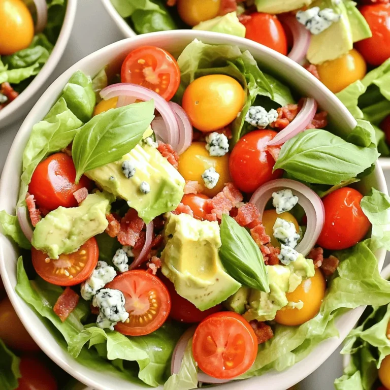 - 6 cups Romaine lettuce, finely chopped - 1 cup cherry tomatoes, halved - 1 cup cooked turkey bacon, crisply crumbled - 1/2 cup red onion, thinly sliced - 1/2 cup crumbled blue cheese (or feta cheese for a milder flavor) - 1/4 cup fresh basil leaves, coarsely chopped - 1 avocado, diced into bite-sized pieces - 1 ripe avocado - 1/4 cup Greek yogurt (plain) - 2 tablespoons fresh lemon juice - 1 tablespoon extra virgin olive oil - Salt and black pepper to taste The ingredients for the Classic BLT Salad come together to create a vibrant dish. Start with fresh Romaine lettuce. It gives a nice crunch and fresh taste. Cherry tomatoes add sweetness and color. Turkey bacon brings in a savory note. You can use red onion for sharpness, which balances the flavors well. Blue cheese adds creaminess. If you prefer a milder taste, feta cheese is a good choice. Fresh basil provides a fragrant touch. Finally, diced avocado adds creamy richness and healthy fats. For the dressing, ripe avocado is key. It makes the dressing smooth and creamy. Greek yogurt adds tang and protein. Fresh lemon juice brightens the flavor. Extra virgin olive oil adds richness and a touch of fruitiness. Don't forget to season with salt and black pepper for extra taste. You have everything you need for a delicious salad. For the full recipe, check the earlier sections. Enjoy every bite of your Classic BLT Salad! - Combine Avocado and Yogurt Start by cutting the ripe avocado in half. Scoop out the flesh and place it in a blender. Add 1/4 cup of Greek yogurt to the blender. - Blend to Smooth Consistency Next, squeeze in the fresh lemon juice and drizzle in the olive oil. Blend all the ingredients until you have a smooth mixture. If it’s too thick, add a splash of water. - Season and Set Aside Now, taste the dressing and add salt and black pepper to your liking. Once seasoned, set it aside for later use. - Heat the Skillet Grab a large skillet and heat it over medium heat. Make sure it’s hot enough to cook the bacon well. - Cook Turkey Bacon Place the turkey bacon strips in the skillet. Cook them until they are golden brown and crispy, about 5 to 7 minutes. - Crumble After Cooling Once cooked, remove the bacon from the skillet. Place it on a paper towel-lined plate to soak up extra grease. After a few minutes, crumble the bacon into small pieces. - Add Romaine Lettuce Base In a large salad bowl, add 6 cups of finely chopped romaine lettuce. Spread it evenly across the bottom. - Top with Vegetables Next, add the halved cherry tomatoes, thinly sliced red onion, and diced avocado. Arrange them beautifully to make the salad colorful. - Add Toppings and Dressing Sprinkle the crumbled turkey bacon and crumbled blue cheese (or feta) over the salad. Add fresh chopped basil on top. Finally, drizzle the creamy avocado dressing over everything. Toss gently to mix all the flavors together. Enjoy your classic BLT salad! For the full recipe, check the section above. You can use traditional bacon or turkey bacon for your salad. Turkey bacon is lower in fat, making it a great choice. If you prefer a vegetarian option, try using crispy chickpeas or tempeh bacon. These choices give you crunch and flavor without meat. Prep your salad ingredients in advance for quick meals. You can chop the lettuce, tomatoes, and onion a day before serving. Store these in airtight containers to keep them fresh. It's best to keep the dressing separate until you serve the salad. This keeps the salad crisp and prevents sogginess. Decide how you want to serve your salad. Individual servings look nice and are easy to grab. For a family-style meal, toss everything in one big bowl. This way, everyone can take what they want. To make your salad pop, use garnishing techniques. Add a sprinkle of fresh basil or a drizzle of dressing on top. This adds color and makes it visually appealing. {{image_4}} You can change a few ingredients in your Classic BLT Salad. Instead of Romaine lettuce, try using spinach or kale. Both add great taste and nutrients. For cheese, swap blue cheese for feta or goat cheese. Each cheese brings its unique flavor. To make the salad even better, add some nuts or seeds. Chopped walnuts or sunflower seeds give a nice crunch. You can also try different dressings. A balsamic vinaigrette or ranch dressing can add a fun twist. If you want a gluten-free option, use gluten-free bacon or skip the bacon. For a vegan version, swap turkey bacon with crispy chickpeas or smoked tofu. You can also replace the cream in the dressing with a vegan yogurt. These changes keep the salad tasty and healthy. For the full recipe, visit the Crunchy BLT Salad with a Twist section. To keep your Classic BLT Salad fresh, store it in an airtight container. This helps prevent moisture loss. Try to add the dressing just before serving. This keeps the lettuce crisp and the flavors bright. In the refrigerator, your salad will last about 2 days. After that, the veggies may start to wilt or lose their flavor. For avocados, store them at room temperature if they are not ripe. Once ripe, place them in the fridge. This slows down the ripening process. If you cut an avocado, coat it with lemon juice. This helps prevent browning and keeps it fresh for a little longer. For lettuce, wrap it in a dry paper towel and place it in a plastic bag. This keeps the lettuce crunchy and fresh. You usually do not need to reheat a salad. The ingredients taste best cold. However, if you want to warm your turkey bacon, place it in a skillet on low heat. This brings back its crunch without overcooking. You can also use a microwave for quick warming, but do it in short bursts to avoid sogginess. For the full recipe, check out the Crunchy BLT Salad with a Twist. A Classic BLT Salad lasts about 2-3 days in the fridge. Keep it in an airtight container. To keep the salad fresh, store the dressing separately. This helps prevent the lettuce from getting soggy. Yes, you can meal prep a Classic BLT Salad. Chop your veggies and store them in containers. Cook the turkey bacon in advance and crumble it. Keep the dressing separate to add just before eating. This way, the salad stays fresh and tasty all week. Common dressings for BLT salads include ranch, balsamic vinaigrette, or a creamy dressing. For a twist, try my creamy avocado dressing. It adds a smooth, rich taste that pairs well with crispy bacon and fresh veggies. Yes, cooking the turkey bacon is necessary. It adds flavor and crunch to the salad. Cook it until it's crispy, which makes it more enjoyable. If you prefer, you can also use pre-cooked turkey bacon for convenience, but I recommend cooking it for the best taste. To sum up, you can create a tasty Classic BLT Salad with fresh ingredients. Start with romaine lettuce, turkey bacon, and a creamy avocado dressing. This dish is easy to make and fun to customize. You can swap ingredients and try different dressings. Remember, proper storage keeps your salad fresh and delicious longer. Feel free to experiment with flavors and adjustments that fit your taste. Enjoy making this salad your own!
