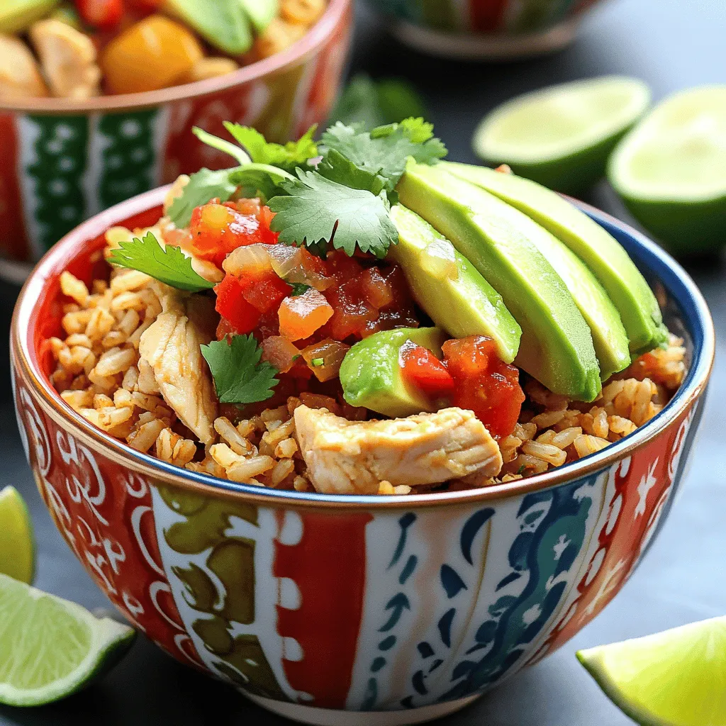 - 2 cups cooked brown rice - 1 lb boneless, skinless chicken breasts, diced into bite-sized pieces - 1 tablespoon olive oil - 1 teaspoon ground cumin - 1 teaspoon smoked paprika - 1 teaspoon chili powder - Sea salt and freshly ground black pepper, to taste The base of your bowl is the cooked brown rice. It adds fiber and a nutty flavor. Next, we have the boneless, skinless chicken breasts. Dicing them into bite-sized pieces makes them easy to eat and quick to cook. Olive oil helps season the chicken and keeps it moist. For spices, I recommend ground cumin, smoked paprika, and chili powder. These bring warmth and depth of flavor. Use sea salt and freshly ground black pepper to taste. This blend makes each bite exciting. - 1 can black beans, drained and rinsed - 1 cup corn (frozen or canned, drained) - 1 medium red bell pepper, diced into small pieces - 1 small red onion, diced finely - 2 ripe avocados, sliced - 1/2 cup of your favorite salsa - Fresh cilantro, chopped, for a vibrant garnish - Lime wedges, for an extra zesty flavor Now, let’s add some color and texture. Black beans are rich in protein and fiber. Corn adds sweetness and crunch. Diced red bell pepper and red onion give freshness. For the creamy element, we use ripe avocados. They balance the spices nicely. Salsa adds a burst of flavor. Don’t forget the fresh cilantro for a pop of green. Finally, lime wedges offer a zesty kick that brightens the whole dish. With this list, you can create a delicious Chicken Burrito Bowl. Check out the Full Recipe for step-by-step instructions! Start by cooking the brown rice. Follow the package directions for the best results. Once the rice is done, use a fork to fluff it. This helps separate the grains. Keep the rice warm by covering it with a lid or a clean towel. To season the chicken, place the diced pieces in a bowl. Drizzle with olive oil, then add cumin, smoked paprika, chili powder, sea salt, and pepper. Mix well to coat each piece. For cooking, heat a large skillet over medium-high heat. Add the chicken and cook for 5-7 minutes. Stir it often. The chicken should turn golden brown and be fully cooked. Once done, take it off the heat and set it aside. Next, sauté the vegetables. Add diced red bell pepper and red onion to the same skillet. Cook them for about 3-4 minutes until they soften. Then, add black beans and corn. Stir everything together and heat for an extra 2 minutes. This mix adds great flavor and texture to your bowls. Now, it’s time to assemble the bowls. Start with a layer of brown rice at the bottom. Next, add the sautéed veggies over the rice. Then, top it with the cooked chicken. For the best taste, pile on the toppings! Add slices of avocado and a generous scoop of salsa. Finish with a sprinkle of fresh cilantro. Serve with lime wedges for extra zest. Enjoy this colorful and filling meal! Check out the Full Recipe for more details. To enhance flavor, use a mix of spices. Ground cumin, smoked paprika, and chili powder work great together. They add warmth and depth. Use sea salt and black pepper to taste. When seasoning the chicken, coat each piece well for full flavor. For cooking chicken, heat your skillet to medium-high. Add olive oil before the chicken. This helps the chicken brown nicely. Cook for about 5-7 minutes. Stir occasionally until the chicken is golden and cooked through. You’ll know it’s done when the juices run clear. Batch-cooking ingredients saves time. Cook extra brown rice and grilled chicken on the weekend. Store them in separate containers. This way, you can mix and match during the week. When storing, use airtight containers. Keep the chicken and veggies together, but store the rice separately. This keeps everything fresh. For reheating, use the microwave or a skillet. Add a splash of water to prevent drying out. For an appealing meal, choose vibrant bowls. Layer the ingredients for a colorful display. Start with rice, then add veggies and chicken. Top with avocado and salsa. Consider pairing your burrito bowls with refreshing drinks. A cold limeade or iced tea complements the dish well. You can also serve with tortilla chips for a crunchy side. Enjoy your meal with friends and family for a fun dining experience! {{image_4}} If you want to make a vegetarian or vegan burrito bowl, you have great options. For chicken, you can use grilled tofu or tempeh. Both add protein and texture. You can also swap chicken for hearty mushrooms. They soak up flavors well and taste amazing. For a meatless option, consider quinoa or lentils. These grains pack protein and fiber. They also add a nice bite to your bowl. Use spices like cumin and paprika to boost flavor. You can even mix in some roasted veggies for extra taste. Personalizing your burrito bowl is fun! You can add your favorite toppings. Try diced tomatoes, shredded lettuce, or jalapeños for a kick. Fresh corn salsa or guacamole makes a tasty addition too. You can also explore regional variations. In some areas, people love adding mango salsa for a sweet twist. Others might mix in spicy chipotle sauce for heat. The best part is that you can adjust flavors to fit your taste. Feel free to check the Full Recipe for more tips on making your chicken burrito bowls unique! To keep your chicken burrito bowls fresh, follow these steps: - Refrigerating: Place leftover bowls in an airtight container. They can last up to 3 days in the fridge. - Freezing: For longer storage, use freezer-safe bags. Squeeze out air before sealing. You can freeze for up to 3 months. To maintain freshness, store toppings like avocado and salsa separately. This keeps them from getting mushy or soggy. When it’s time to enjoy those leftovers, reheating correctly is key. Here are my favorite methods: - Microwave: Place the bowl in the microwave. Heat on medium power for 1-2 minutes. Stir halfway for even heating. - Stovetop: Add a splash of water to a skillet. Heat on low, stirring gently until warmed through. Always check that the chicken heats to 165°F for safety. If you notice any strange smells or colors, it’s best to discard the food. You can store Chicken Burrito Bowls in the fridge for up to three days. Make sure to keep them in an airtight container. This helps keep the flavors fresh. If you want to save them longer, consider freezing them. Yes, you can use other types of rice. White rice, quinoa, or cauliflower rice all work well. Just remember to adjust cooking times. Each type has its own cooking method. Follow the package instructions for best results. Try adding these toppings for extra flavor: - Shredded cheese - Sour cream or Greek yogurt - Fresh jalapeños - Diced tomatoes - Fresh lime juice These toppings add texture and taste to your bowls. To spice up your Chicken Burrito Bowls, consider these tips: - Use spicy salsa instead of mild. - Add fresh chopped jalapeños. - Sprinkle red pepper flakes over the top. - Mix in some hot sauce before serving. These options will bring the heat you desire! For the full recipe, check out the entire article! In this post, we explored how to make tasty Chicken Burrito Bowls. We covered the key ingredients, like brown rice and chicken, and how to cook them right. I also shared tips for prepping and storing leftovers. Feel free to mix in your favorite veggies or spices. This dish is easy to customize for your taste. Enjoy creating your own delicious burrito bowls and impress everyone at your table!