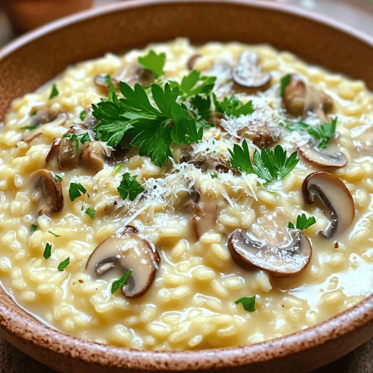 - 1 cup Arborio rice - 1 cup mixed mushrooms (cremini, shiitake, and button), finely chopped - 1 small onion, finely chopped - 2 cloves garlic, minced To start, Arborio rice is crucial for risotto. This rice has a high starch content, which helps create that creamy texture we all love. Mixed mushrooms add depth and flavor. I like to use cremini, shiitake, and button mushrooms for a variety of tastes. Onions and garlic give a strong base flavor. Sauté them well to bring out their sweetness. - 1/2 cup heavy cream - 1/2 cup grated Parmesan cheese - 2 tablespoons olive oil - 2 tablespoons butter Heavy cream makes the risotto rich and velvety. Parmesan cheese adds a nutty taste and enhances the creaminess. I use both olive oil and butter for sautéing. Olive oil brings a nice flavor, while butter adds richness. Together, they create a beautifully smooth dish. - Salt and pepper, to taste - Fresh parsley, chopped (for garnish) Seasoning is key to balance. A pinch of salt and a dash of pepper can elevate the dish. Fresh parsley adds color and a fresh taste. It makes the risotto look appealing when you serve it. For the full recipe, check out the Mushroom Dream Risotto. First, heat the vegetable broth on low in a small saucepan. Keep it warm but not boiling. This helps the rice cook evenly later. In a large skillet, add 2 tablespoons of olive oil and 1 tablespoon of butter. Heat this over medium heat. Once the butter melts, add 1 small chopped onion. Cook for 3-4 minutes. The onion should turn soft and clear. Next, stir in 2 minced garlic cloves and 1 cup of mixed mushrooms. I like to use cremini, shiitake, and button mushrooms. Cook for 5-7 minutes. The mushrooms should become soft and lightly browned. Now, it’s time to add the magic ingredient: 1 cup of Arborio rice. Stir this into the mushroom mix and raise the heat to medium-high. Stir for 2 minutes. This helps coat the rice in oil. It should look slightly clear at the edges. Start adding the warm vegetable broth, one ladle at a time. Stir continuously. Wait for each ladle to soak in before adding more. This process takes about 18-20 minutes. Your risotto should become creamy and al dente when done. Once the rice is just right, lower the heat. Stir in 1/2 cup of heavy cream, 1/2 cup of grated Parmesan cheese, and the last tablespoon of butter. Add salt and pepper to taste. Mix until everything is creamy and smooth. Taste your risotto and adjust any seasonings. Let it sit for a minute before serving. Enjoy your Mushroom Dream Risotto! For the complete recipe, check out the Full Recipe section. Stirring is very important when making risotto. You need to stir often. This helps the rice release starch. The starch makes your risotto creamy. When you add broth, timing is key. Add it one ladle at a time. Wait until the rice absorbs most of the broth before adding more. This step takes about 18-20 minutes. Your rice should be creamy and cooked just right. To boost the flavor, try adding herbs like thyme or rosemary. They give a nice aroma. You can also add a pinch of nutmeg for warmth. For a twist, consider using different cheeses. Pecorino Romano or goat cheese can bring unique tastes. Fresh herbs like basil can also add a fresh touch. Using a wide skillet works best for risotto. A wide surface allows for better heat distribution. This helps cook the rice evenly. Keep an eye on the heat. Start with medium heat to sauté, then lower it when adding broth. This way, you avoid burning the rice while ensuring it cooks through. {{image_4}} To make a vegetarian risotto, keep the recipe as is. For a vegan version, substitute the heavy cream and Parmesan cheese. Use cashew cream or coconut cream for a rich texture. Nutritional yeast can replace cheese for a cheesy flavor. You can also try different mushroom varieties, like portobello or oyster mushrooms. Each type adds a unique taste and texture. You can easily add protein to your risotto. For chicken, cook diced chicken breast in the same pan after sautéing the onions. Remove it before adding the rice, then return it at the end. For seafood, shrimp works great. Cook it in the same way, but add it in the last few minutes. Adjust cooking times slightly to keep everything tender and juicy. To enhance flavors, try using fresh herbs like thyme or rosemary. You can add spices such as paprika or cayenne for a kick. Adding vegetables like peas, spinach, or asparagus can boost nutrition and color. For a touch of luxury, consider adding truffles or truffle oil. These ingredients elevate your risotto to a gourmet level. Explore these variations to create your perfect creamy mushroom risotto. For the full recipe, check out Mushroom Dream Risotto. To keep your creamy mushroom risotto fresh, use airtight containers. Glass or BPA-free plastic containers work best. Store your risotto in the fridge for up to three days. Make sure it cools down to room temperature before sealing it. When reheating, always add a bit of broth or cream. This keeps the risotto creamy and moist. You can use the microwave or a skillet on low heat. Stir often to avoid hot spots and overcooking. You can freeze mushroom risotto if you want to save some for later. Spread it in a shallow container for quick freezing. Once frozen, transfer it to a freezer-safe bag. It can last up to three months in the freezer. When ready to eat, let it thaw in the fridge overnight. Then, reheat gently, adding liquid as needed to restore creaminess. To make creamy risotto, follow these key steps: - Use Arborio rice for its high starch. - Stir continuously while adding broth slowly. - Add heavy cream and cheese at the end. These steps help keep the dish creamy. When you stir, it releases starch from the rice. This gives risotto its rich texture. Always keep your broth warm. Adding cold broth can slow down cooking. Yes, you can use different types of rice. Here are some alternatives: - Carnaroli rice has a similar texture. - Vialone Nano rice is also a good choice. - Jasmine rice can work, but the texture changes. These rice types have different starch levels. They may affect creaminess and flavor. Stick with short-grain rice for the best results. Mushroom risotto pairs well with many dishes. Here are some great options: - Grilled chicken adds protein and flavor. - A fresh salad brings crunch and zest. - Garlic bread makes a warm, comforting side. These sides balance the rich flavors. You can also serve it with wine. A crisp white wine enhances the meal. For a full experience, check the Full Recipe for more ideas! In this guide, we explored key ingredients for a great mushroom risotto. We looked at essential items like Arborio rice and herbs. I shared step-by-step instructions for cooking and tips to perfect the dish's texture. We also discussed variations, storage, and reheating methods. Enjoy experimenting with flavors and make this dish your own. Cooking can be both fun and rewarding. Perfect your risotto skills and impress everyone at your table.