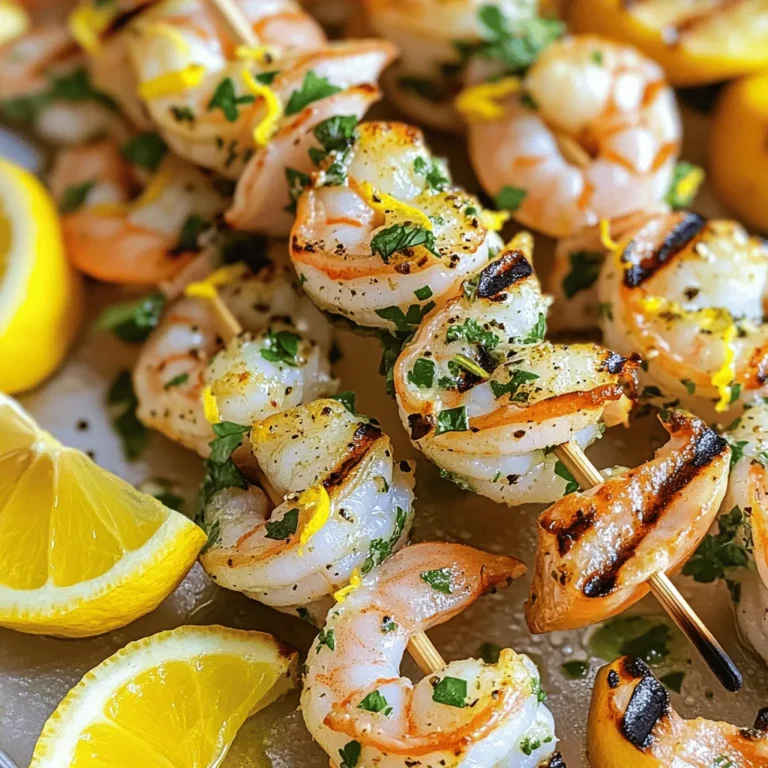 This recipe for Lemon Herb Grilled Shrimp is simple and fresh. It brings bright flavors to your plate. You'll enjoy the zesty lemon and fragrant herbs. The shrimp cook quickly and taste amazing. This dish serves four, making it perfect for a small gathering or family meal. To make Lemon Herb Grilled Shrimp, you need the following ingredients: - 1 pound large shrimp, peeled and deveined - 3 tablespoons extra virgin olive oil - Zest and juice of 2 medium lemons - 3 cloves garlic, finely minced - 1 tablespoon fresh parsley, finely chopped - 1 tablespoon fresh basil, finely chopped - 1 tablespoon fresh oregano, finely chopped - 1 teaspoon red pepper flakes (optional for a spicy kick) - Salt and freshly ground black pepper to taste - Lemon wedges, for serving These ingredients come together to create a delicious marinade that adds flavor to the shrimp. If you don't have all the ingredients, you can still make this dish. Here are some easy swaps: - Use smaller shrimp if large ones aren't available. - Swap fresh herbs for dried ones, but use less. - Replace olive oil with avocado oil for a different flavor. - If you don't have lemon, lime juice works too. - Skip the red pepper flakes if you want a milder taste. Feel free to get creative with what you have! To start, gather your ingredients. You need olive oil, lemon zest, lemon juice, garlic, and fresh herbs. In a mixing bowl, combine 3 tablespoons of olive oil, the zest and juice of 2 lemons, and 3 minced garlic cloves. Next, add 1 tablespoon each of chopped parsley, basil, and oregano. Whisk the mix until it blends well and smells great. Now, take 1 pound of peeled and deveined shrimp and add them to the bowl. Make sure each shrimp gets coated in the marinade. This step is key for flavor! Cover the bowl with plastic wrap and put it in the fridge. Let the shrimp marinate for at least 30 minutes. For the best taste, consider letting them sit for up to 1 hour. This allows the shrimp to soak up all those yummy flavors. After marinating, it’s time to grill. Preheat your grill to medium-high heat. While it heats, thread the shrimp onto skewers. If you use wooden skewers, soak them in water for about 30 minutes first. This helps to avoid burning. When the grill is hot, place the skewers on it. Grill the shrimp for 2-3 minutes on each side. Watch closely! You want them to turn pink and opaque. Overcooking makes shrimp tough. Once they are done, remove the skewers from the grill. Sprinkle them with salt, black pepper, and red pepper flakes for a little kick, if you like. Serve the shrimp hot with lemon wedges on the side for a fresh, zesty touch. Enjoy your delicious Lemon Herb Grilled Shrimp! For the full recipe, check the ingredients and instructions above. Grilling shrimp is simple if you follow a few tips. First, use fresh shrimp when you can. Fresh shrimp taste better and cook more evenly. Second, always preheat your grill. This step helps get those nice grill marks and ensures the shrimp cook well. Third, use skewers. Skewering shrimp keeps them from falling through the grill grates. Marinating shrimp is key to great flavor. I suggest marinating for at least 30 minutes. This time allows the shrimp to soak up all the herb and lemon goodness. If you have more time, let them marinate for up to an hour. But don't go overboard. More than an hour can make the shrimp mushy due to the acid in the lemon juice. Overcooking shrimp can ruin your dish. To avoid this, keep an eye on the cooking time. Grill shrimp for about 2-3 minutes on each side. They are done when they turn pink and opaque. If you see them curl up tightly, they are likely overcooked. Always remove them from the grill as soon as they are done. Enjoy your Lemon Herb Grilled Shrimp with pride! For the complete recipe, check the full recipe section. {{image_4}} If you love a bit of heat, try adding more red pepper flakes. You can also use fresh jalapeños for a zesty kick. Simply chop them finely and mix them into your marinade. This twist gives your shrimp a fiery flavor while keeping the zesty lemon taste. For an extra layer, add a splash of hot sauce before grilling. It will make your taste buds dance! Turn your grilled shrimp into tasty tacos. Use corn or flour tortillas as your base. Start by warming the tortillas on the grill for a few seconds. Then, layer the grilled shrimp on each tortilla. Add fresh toppings like diced tomatoes, shredded cabbage, and avocado. A squeeze of lime juice on top enhances the flavor. This variation is great for parties or casual dinners! Don’t feel limited to just parsley, basil, and oregano. You can try other herbs like cilantro or dill. Each herb brings a unique taste to your shrimp. You can also swap in spices like smoked paprika or cumin for a different flair. These choices allow you to play with flavors and find your perfect mix. The goal is to enjoy your cooking and make it your own! For the complete recipe, check out the [Full Recipe]. After enjoying your Lemon Herb Grilled Shrimp, you might have leftovers. Store them in an airtight container. Refrigerate the shrimp within two hours of cooking. They will stay fresh for up to three days. If you want to keep them longer, consider freezing. To reheat shrimp, you have a few options. The best way is to use a skillet. Heat it over medium heat. Add a bit of olive oil or butter. Place the shrimp in the pan and warm for about 2-3 minutes. Stir gently to avoid overcooking. You can also use the microwave. Place shrimp on a plate and cover them with a damp paper towel. Heat for about 30 seconds, checking to ensure they do not overcook. Freezing grilled shrimp is a great way to save them for later. Allow the shrimp to cool completely before freezing. Place them in a freezer-safe bag. Remove as much air as possible before sealing. They can last for up to three months in the freezer. When you are ready to eat, thaw them in the fridge overnight. You can then reheat or use them in dishes like salads or tacos. Enjoy this Lemon Herb Grilled Shrimp recipe any time with these storage tips! Yes, you can use frozen shrimp. Just make sure to thaw them first. Place the shrimp in the fridge overnight or run them under cold water for about 15 minutes. This keeps the shrimp juicy and tender. Using frozen shrimp is a great way to save time and still enjoy a tasty meal. A gas grill works well for shrimp. It heats quickly and evenly. Charcoal grills add a nice smoky flavor, too. Whichever grill you choose, make sure it is clean and preheated. This helps prevent the shrimp from sticking. Perfectly cooked shrimp turn pink and opaque. They should curl slightly but not be tight. This usually takes 2-3 minutes per side on the grill. Keep an eye on them; overcooked shrimp can become rubbery. Use a timer or watch closely for the best results. This blog covers shrimp grilling from ingredients to tips. You learned about key ingredients and their substitutes. I shared step-by-step instructions and best practices. Variations offered new ideas, like spicy tacos. Lastly, I explained storage and answered common questions. Grilling shrimp is simple and tasty. Enjoy experimenting with flavors and methods. Happy grilling!