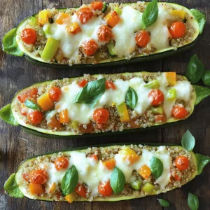 - 4 medium zucchinis - 1 cup cooked quinoa - 1 cup cherry tomatoes, halved - 1 bell pepper, diced (any color) - 1 small onion, finely diced - 2 cloves garlic, minced - 1 teaspoon dried oregano - 1 teaspoon paprika - ½ teaspoon salt - ½ teaspoon black pepper - 1 cup shredded mozzarella cheese (or your favorite cheese) - 2 tablespoons olive oil - Fresh basil leaves for garnish The main star of this dish is the zucchini. It serves as a boat, holding all the yummy goodness. Quinoa brings a nutty flavor and adds protein. I love using cherry tomatoes and bell peppers for their sweetness and crunch. The onion and garlic add depth and warmth to the filling. Don’t forget the spices! Oregano and paprika make everything pop. The cheese melts into a creamy layer on top, tying it all together. - Alternative proteins (ground meat, beans) - Different cheese varieties - Additional herbs and spices You can switch things up with optional ingredients. Ground meat or beans can add heartiness. Try different cheese types like feta or parmesan for a twist. Add your favorite herbs and spices to create your unique flavor. You can even mix in spinach or mushrooms for extra veggies. The options are endless, and that’s what makes cooking fun. For the complete instructions, check the Full Recipe. First, preheat your oven to 375°F (190°C). This step is crucial for cooking your zucchini boats evenly. Next, take your medium zucchinis and slice each in half lengthwise. Use a spoon to scoop out the center, creating hollowed-out boats. Don’t waste the scooped-out flesh! Finely chop it, as you'll mix this into the filling. In a medium skillet, heat 2 tablespoons of olive oil over medium heat. Add 1 small diced onion and 2 cloves of minced garlic. Sauté for about 3-4 minutes until the onion turns soft and fragrant. Now, add in your diced bell pepper and the chopped zucchini flesh. Cook this mixture for another 5 minutes until all the vegetables soften nicely. Next, stir in 1 cup of cooked quinoa, 1 cup of halved cherry tomatoes, 1 teaspoon of dried oregano, 1 teaspoon of paprika, ½ teaspoon of salt, and ½ teaspoon of black pepper. Mix everything well and let it cook for about 2 more minutes. This allows the flavors to blend. Remove the skillet from heat and add half of your shredded mozzarella cheese into the quinoa mixture. Stir until the cheese melts into the filling. Now it’s time to fill the zucchini boats. Spoon the quinoa and vegetable mixture generously into each zucchini half, filling them to the top. Place the stuffed zucchinis on a baking tray for easy handling. Sprinkle the remaining mozzarella cheese evenly on top of the filled zucchinis. Put your tray in the preheated oven and bake for 25-30 minutes. This time allows the zucchini to become tender and the cheese to melt beautifully. Once done, take them out and let them cool for a few minutes. For the final touch, garnish each zucchini boat with fresh basil leaves. This step adds a lovely pop of color and flavor. For the complete cooking process, refer to the Full Recipe. Enjoy your delicious and healthy meal! - Overcooking zucchini: Zucchini should be tender but not mushy. Bake it just until it’s soft. - Not seasoning adequately: Zucchini boats need flavor. Use salt, pepper, and spices to enhance your filling. - Suggestions for spices: Try adding cumin, chili powder, or Italian herbs. They can boost the taste a lot. - How to add more vegetables: You can add spinach, mushrooms, or carrots. Just chop them small and sauté with the other veggies. - Plating suggestions: Serve the zucchini boats on a big platter. This makes it look more inviting. - Garnishing ideas: Add fresh basil leaves or a drizzle of olive oil. These touches make your dish pop visually. For the complete recipe, check out the Full Recipe section. Enjoy making these tasty stuffed zucchini boats! {{image_4}} You can create many tasty fillings for your stuffed zucchini boats. Vegetarian options: I love using quinoa, veggies, and cheese. You can try: - Cooked quinoa with spinach and feta. - Rice mixed with black beans and corn. - Lentils combined with diced tomatoes and herbs. Meat-based variations: If you want meat, here are some ideas: - Ground turkey or beef mixed with onion and spices. - Shredded chicken with barbecue sauce for a sweet twist. - Chorizo combined with peppers and onions for a spicy kick. You can easily adjust the recipe to meet different diets. Gluten-free substitutions: Use quinoa or rice as a base. Avoid wheat-based items like breadcrumbs. Choose gluten-free cheese if desired. Vegan alternatives: Swap cheese with a vegan cheese option or nutritional yeast. Use lentils, beans, or mushrooms in place of meat. This makes the dish plant-based and still delicious. Feel free to experiment with these variations. Stuffed zucchini boats are flexible and fun! For a detailed guide to making these tasty dishes, check the Full Recipe. To keep your stuffed zucchini boats fresh, place them in an airtight container. Store them in the fridge for up to three days. If you want to keep them longer, freezing is a great option. Wrap each zucchini boat tightly in plastic wrap and then place them in a freezer bag. They will last up to three months in the freezer. When you're ready to eat them, just thaw them overnight in the fridge. You can reheat your stuffed zucchini boats in two ways: the microwave or the oven. If you use the microwave, place one or two boats on a plate and cover them with a damp paper towel. Heat for one to two minutes. The oven method gives better results. Preheat your oven to 350°F (175°C). Place the boats on a baking sheet and cover them with foil. Heat for about 15-20 minutes. This helps keep the zucchini soft and the cheese melty. Enjoy your tasty meal again! Bake stuffed zucchini boats for 25-30 minutes at 375°F (190°C). This time allows the zucchini to soften. The cheese should melt and bubble on top. Keep an eye on them to avoid overcooking. Yes, you can prepare zucchini boats ahead of time. Make the filling a day before. Store it in the fridge in a sealed container. When you’re ready, just fill the zucchini and bake. This saves time and makes dinner easy. Stuffed zucchini boats pair well with many sides. Try a fresh salad or garlic bread. You can also serve them with a side of quinoa or brown rice. These options add more texture and flavor to your meal. You can use different types of squash for this recipe. Yellow squash works well and adds a sweet taste. Even pattypan squash can be fun. Just make sure they are similar in size for even cooking. For the complete recipe instructions, check out the Full Recipe for stuffed zucchini boats with quinoa delight. Stuffed zucchini boats are tasty and easy to make. We covered the main ingredients, simple steps, and helpful tips. You can mix and match fillings, too, making them fun for everyone. Avoid mistakes like overcooking and try tasty seasoning. Store leftovers correctly for more meals later. Now, go ahead and impress your friends and family with this dish! Enjoy your cooking adventure and share your own ideas.