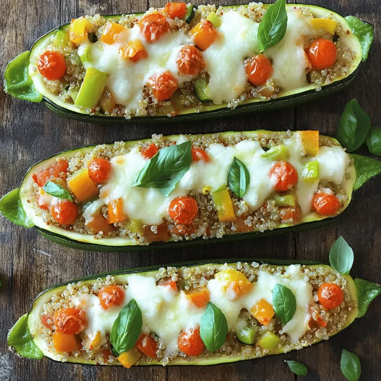 - 4 medium zucchinis - 1 cup cooked quinoa - 1 cup cherry tomatoes, halved - 1 bell pepper, diced (any color) - 1 small onion, finely diced - 2 cloves garlic, minced - 1 teaspoon dried oregano - 1 teaspoon paprika - ½ teaspoon salt - ½ teaspoon black pepper - 1 cup shredded mozzarella cheese (or your favorite cheese) - 2 tablespoons olive oil - Fresh basil leaves for garnish The main star of this dish is the zucchini. It serves as a boat, holding all the yummy goodness. Quinoa brings a nutty flavor and adds protein. I love using cherry tomatoes and bell peppers for their sweetness and crunch. The onion and garlic add depth and warmth to the filling. Don’t forget the spices! Oregano and paprika make everything pop. The cheese melts into a creamy layer on top, tying it all together. - Alternative proteins (ground meat, beans) - Different cheese varieties - Additional herbs and spices You can switch things up with optional ingredients. Ground meat or beans can add heartiness. Try different cheese types like feta or parmesan for a twist. Add your favorite herbs and spices to create your unique flavor. You can even mix in spinach or mushrooms for extra veggies. The options are endless, and that’s what makes cooking fun. For the complete instructions, check the Full Recipe. First, preheat your oven to 375°F (190°C). This step is crucial for cooking your zucchini boats evenly. Next, take your medium zucchinis and slice each in half lengthwise. Use a spoon to scoop out the center, creating hollowed-out boats. Don’t waste the scooped-out flesh! Finely chop it, as you'll mix this into the filling. In a medium skillet, heat 2 tablespoons of olive oil over medium heat. Add 1 small diced onion and 2 cloves of minced garlic. Sauté for about 3-4 minutes until the onion turns soft and fragrant. Now, add in your diced bell pepper and the chopped zucchini flesh. Cook this mixture for another 5 minutes until all the vegetables soften nicely. Next, stir in 1 cup of cooked quinoa, 1 cup of halved cherry tomatoes, 1 teaspoon of dried oregano, 1 teaspoon of paprika, ½ teaspoon of salt, and ½ teaspoon of black pepper. Mix everything well and let it cook for about 2 more minutes. This allows the flavors to blend. Remove the skillet from heat and add half of your shredded mozzarella cheese into the quinoa mixture. Stir until the cheese melts into the filling. Now it’s time to fill the zucchini boats. Spoon the quinoa and vegetable mixture generously into each zucchini half, filling them to the top. Place the stuffed zucchinis on a baking tray for easy handling. Sprinkle the remaining mozzarella cheese evenly on top of the filled zucchinis. Put your tray in the preheated oven and bake for 25-30 minutes. This time allows the zucchini to become tender and the cheese to melt beautifully. Once done, take them out and let them cool for a few minutes. For the final touch, garnish each zucchini boat with fresh basil leaves. This step adds a lovely pop of color and flavor. For the complete cooking process, refer to the Full Recipe. Enjoy your delicious and healthy meal! - Overcooking zucchini: Zucchini should be tender but not mushy. Bake it just until it’s soft. - Not seasoning adequately: Zucchini boats need flavor. Use salt, pepper, and spices to enhance your filling. - Suggestions for spices: Try adding cumin, chili powder, or Italian herbs. They can boost the taste a lot. - How to add more vegetables: You can add spinach, mushrooms, or carrots. Just chop them small and sauté with the other veggies. - Plating suggestions: Serve the zucchini boats on a big platter. This makes it look more inviting. - Garnishing ideas: Add fresh basil leaves or a drizzle of olive oil. These touches make your dish pop visually. For the complete recipe, check out the Full Recipe section. Enjoy making these tasty stuffed zucchini boats! {{image_4}} You can create many tasty fillings for your stuffed zucchini boats. Vegetarian options: I love using quinoa, veggies, and cheese. You can try: - Cooked quinoa with spinach and feta. - Rice mixed with black beans and corn. - Lentils combined with diced tomatoes and herbs. Meat-based variations: If you want meat, here are some ideas: - Ground turkey or beef mixed with onion and spices. - Shredded chicken with barbecue sauce for a sweet twist. - Chorizo combined with peppers and onions for a spicy kick. You can easily adjust the recipe to meet different diets. Gluten-free substitutions: Use quinoa or rice as a base. Avoid wheat-based items like breadcrumbs. Choose gluten-free cheese if desired. Vegan alternatives: Swap cheese with a vegan cheese option or nutritional yeast. Use lentils, beans, or mushrooms in place of meat. This makes the dish plant-based and still delicious. Feel free to experiment with these variations. Stuffed zucchini boats are flexible and fun! For a detailed guide to making these tasty dishes, check the Full Recipe. To keep your stuffed zucchini boats fresh, place them in an airtight container. Store them in the fridge for up to three days. If you want to keep them longer, freezing is a great option. Wrap each zucchini boat tightly in plastic wrap and then place them in a freezer bag. They will last up to three months in the freezer. When you're ready to eat them, just thaw them overnight in the fridge. You can reheat your stuffed zucchini boats in two ways: the microwave or the oven. If you use the microwave, place one or two boats on a plate and cover them with a damp paper towel. Heat for one to two minutes. The oven method gives better results. Preheat your oven to 350°F (175°C). Place the boats on a baking sheet and cover them with foil. Heat for about 15-20 minutes. This helps keep the zucchini soft and the cheese melty. Enjoy your tasty meal again! Bake stuffed zucchini boats for 25-30 minutes at 375°F (190°C). This time allows the zucchini to soften. The cheese should melt and bubble on top. Keep an eye on them to avoid overcooking. Yes, you can prepare zucchini boats ahead of time. Make the filling a day before. Store it in the fridge in a sealed container. When you’re ready, just fill the zucchini and bake. This saves time and makes dinner easy. Stuffed zucchini boats pair well with many sides. Try a fresh salad or garlic bread. You can also serve them with a side of quinoa or brown rice. These options add more texture and flavor to your meal. You can use different types of squash for this recipe. Yellow squash works well and adds a sweet taste. Even pattypan squash can be fun. Just make sure they are similar in size for even cooking. For the complete recipe instructions, check out the Full Recipe for stuffed zucchini boats with quinoa delight. Stuffed zucchini boats are tasty and easy to make. We covered the main ingredients, simple steps, and helpful tips. You can mix and match fillings, too, making them fun for everyone. Avoid mistakes like overcooking and try tasty seasoning. Store leftovers correctly for more meals later. Now, go ahead and impress your friends and family with this dish! Enjoy your cooking adventure and share your own ideas.