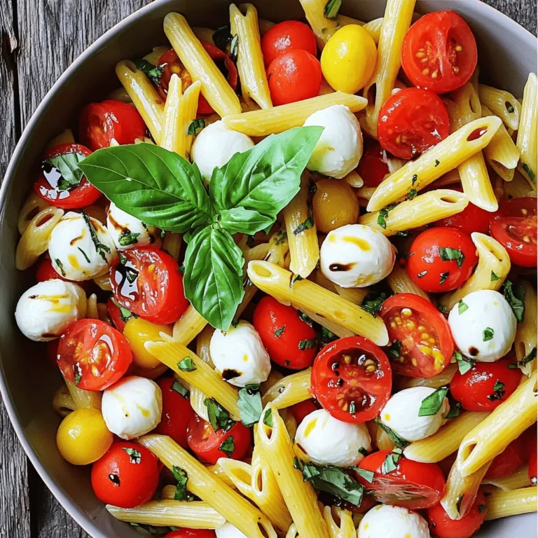 - Pasta options for Caprese Pasta Salad - 8 oz pasta (penne or fusilli) - Fresh produce needed: tomatoes, mozzarella, basil - 1 cup cherry tomatoes, halved - 1 cup fresh mozzarella balls, halved - ½ cup fresh basil leaves, roughly chopped - Oils and condiments: olive oil, balsamic glaze, garlic - 3 tablespoons extra-virgin olive oil - 2 tablespoons balsamic glaze - 1 clove garlic, finely minced - Seasoning preferences - Salt and freshly cracked pepper to taste When I make Caprese Pasta Salad, I focus on fresh ingredients. First, choose your pasta. I love using penne or fusilli. These shapes hold the dressing well. Next, grab ripe cherry tomatoes. Their sweetness brings life to the dish. Fresh mozzarella adds creaminess. I use small balls for easy mixing. Basil is a must. Its bright flavor makes the salad pop. Olive oil adds richness, while balsamic glaze gives a tangy touch. A hint of garlic boosts the taste. Finally, add salt and pepper to enhance all the flavors. You can find the full recipe above for detailed steps. To start, bring a large pot of salted water to a boil. The salt adds flavor to your pasta. Add the pasta and cook it for about 8 to 10 minutes. You want it to be al dente, which means firm to the bite. Once done, drain the pasta in a colander. Rinse it under cold water to stop the cooking process. This cooling step is important to keep your pasta from getting mushy. Now, it’s time to mix your salad. In a big bowl, combine the cooled pasta with halved cherry tomatoes, fresh mozzarella balls, and chopped basil. Gently stir these ingredients together. This helps to spread the flavors evenly throughout the salad. You want every bite to be as tasty as the last. For the dressing, use fresh garlic for the best flavor. In a small bowl, whisk together olive oil, balsamic glaze, minced garlic, salt, and pepper. Whisk until the mixture is smooth and well-blended. Taste it and adjust the seasoning to your liking. You can add more salt, pepper, or balsamic glaze if you want a stronger flavor. Now, drizzle the dressing over the pasta salad and toss everything gently. This ensures each piece is coated in that delicious dressing. Let the salad sit for at least 15 minutes to let the flavors mingle. For the complete recipe, check out the Full Recipe. Enjoy your fresh and vibrant Caprese pasta salad! To make your Caprese pasta salad pop with flavor, use ripe tomatoes. Fresh mozzarella will add creaminess. Combine these ingredients gently to keep them intact. Serving temperature is key. I love to serve it at room temperature. This allows the flavors to shine. Chilling it too long can dull the taste. Balancing the acidity of the balsamic glaze is vital. The sweetness helps round out the sharpness. Adjust the glaze to your liking, adding a bit more if you prefer a sweeter touch. For a stunning display, choose a large, colorful bowl. This makes the vibrant colors of tomatoes and basil stand out. Alternatively, serve individual portions on white plates for a clean look. Garnishing can elevate your salad's appeal. Place whole basil leaves on top for a pop of green. Just before serving, drizzle a little balsamic glaze for added flair. This step enhances both flavor and visual appeal. For the Full Recipe, check out the complete details in the article. Enjoy your beautiful Caprese pasta salad! {{image_4}} You can switch up the pasta in your Caprese Pasta Salad. Try using fusilli or farfalle for fun shapes. They hold the dressing well and add flair. If you want to change the cheese, go beyond mozzarella. Try feta, goat cheese, or even burrata. Each cheese brings a unique taste. Seasonal ingredients can elevate your salad. Use ripe heirloom tomatoes in summer or roasted butternut squash in fall. Fresh corn or arugula also add great flavors. Explore other dressings to mix things up. A simple lemon vinaigrette can brighten the salad. You can also try a creamy dressing for a rich twist. Customizing with herbs and spices is easy. Mix in fresh oregano or thyme for extra warmth. A pinch of chili flakes can add a nice kick. For the full recipe, check out the Caprese Pasta Salad Delight. To keep your Caprese pasta salad fresh, use a clean, airtight container. Glass or plastic containers work well. Make sure the lid seals tightly to avoid air exposure. Before sealing, let the salad cool to room temperature. This helps prevent moisture build-up inside the container. When you refrigerate your salad, place it on a middle shelf. This spot maintains a consistent cool temperature. Avoid putting it in the door, as that area tends to fluctuate in temperature. You can store it this way for a quick snack or side dish later. In the fridge, expect your Caprese pasta salad to stay fresh for about three days. After that, the taste and texture may decline. Always check for signs of spoilage before eating. Look for any changes in color or smell. If the salad starts to smell sour or off, it’s best to toss it. Mold is another red flag. If you see any, do not eat it. Trust your senses; they often guide you well in the kitchen. Can I make this ahead of time? Yes, you can make Caprese pasta salad ahead of time. I suggest preparing it a few hours before serving. This gives the flavors time to blend. Just store it in the fridge. What are some good pairings with this salad? This salad pairs well with grilled chicken or fish. You can also serve it with crusty bread or a light soup. The fresh flavors match nicely with these dishes. Can I use dried herbs instead of fresh? You can use dried herbs, but fresh herbs are better. Fresh basil adds bright flavor. If you must use dried, use less. About one-third of the amount is a good start. Is this salad vegetarian or vegan? The Caprese pasta salad is vegetarian since it contains cheese. To make it vegan, swap the mozzarella for a plant-based cheese. This keeps it creamy and delicious. Options for gluten-free pasta or dairy-free substitutes? For gluten-free pasta, use rice or chickpea pasta. Both work well and keep the salad light. For dairy-free, use a nut-based cheese or omit cheese entirely. You can add extra tomatoes for flavor. In this article, I covered how to create a tasty Caprese Pasta Salad. We explored the best ingredients, from pasta to fresh veggies, and how to mix them perfectly. I shared tips for making the dressing and ideas for storage and presentation. To sum it up, this salad is not just delicious but also flexible. Whether you want to substitute ingredients or try different dressings, the options are endless. Enjoy making your Caprese Pasta Salad and impress your friends and family!