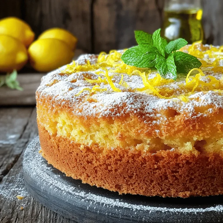 The lemon olive oil cake has simple, fresh ingredients. Each one plays a key role. The all-purpose flour gives structure. The granulated sugar adds sweetness. Extra virgin olive oil brings rich flavor and moisture. The eggs help bind everything together. Greek yogurt contributes creaminess and a slight tang. Lemon zest and juice provide bright, zesty notes that make this cake special. Using high-quality olive oil is vital. It enhances the taste and aroma of the cake. Look for a bottle that smells fresh and fruity. A good olive oil can elevate your dessert. Getting the measurements right is essential for success. You need: - 1 ½ cups all-purpose flour - 1 cup granulated sugar - ½ cup extra virgin olive oil - 3 large eggs - 1 cup creamy Greek yogurt - Zest of 2 vibrant lemons - ¼ cup freshly squeezed lemon juice - 1 teaspoon baking soda - 1 teaspoon baking powder - ½ teaspoon fine sea salt - Powdered sugar for dusting (optional) - Fresh mint leaves for garnish (optional) If you have dietary preferences, you can make swaps. For a dairy-free option, use a plant-based yogurt. If you want less sugar, try a sugar substitute that measures cup-for-cup. You can enhance the flavor of your cake with some fun add-ins. Chopped nuts like almonds or walnuts add crunch. Fresh herbs, like rosemary, give a unique twist. For toppings, consider a lemon glaze or whipped cream. You could also dust the cake with powdered sugar for a simple finish. Fresh mint leaves add color and freshness, making your cake look even more inviting. For the full recipe, check out the detailed instructions that follow. Start by gathering all your ingredients. Make sure your eggs and yogurt are at room temperature. This helps the cake mix better. If ingredients are cold, it can affect the batter. Next, prepare your cake pan. Grease the bottom and sides with butter or oil. You can also add a little flour to the greased pan. This way, the cake will come out easily after baking. In a large bowl, mix your flour, baking powder, baking soda, and salt. Use a whisk to blend them well. In another bowl, combine the sugar and olive oil. Whisk until smooth. Add the eggs one at a time, mixing well after each one. Then, add the yogurt, lemon zest, and juice. Stir gently until just combined. Now, fold the dry ingredients into the wet mixture. Use a spatula for this. Mix only until you see no more flour. Overmixing can make the cake dense, so be gentle. Set your oven to 350°F (175°C). Pour the batter into the prepared pan. Spread it out evenly. Bake for 30-35 minutes. To check if it's done, insert a toothpick in the center. If it comes out clean or with a few moist crumbs, your cake is ready. Once baked, let it cool in the pan for about 10 minutes. Then, move it to a wire rack to cool completely. Enjoy the delightful lemon olive oil cake! For the full recipe, check the details above. To make a great lemon olive oil cake, avoid some common mistakes. First, do not skip the zest. Zest adds a fresh burst of flavor. Second, check your oven temperature. An oven that runs hot can dry out your cake. Lastly, do not overmix your batter. This can lead to a dense cake. Mix just until combined for a light texture. For a foolproof texture, focus on your mixing technique. Start with room temperature ingredients. This helps them blend smoothly. Use a whisk for the wet ingredients first. This adds air, making your cake light. Fold in the dry mix gently. A spatula works well for this. To make the lemon flavor pop, use fresh lemons. Their zest and juice give a bright, tangy taste. You can also add a bit of lemon extract for more punch. Be careful, though! A little goes a long way. For the best olive oil taste, choose high-quality extra virgin olive oil. Look for a fruity or grassy flavor. This will enhance your cake's overall taste. Avoid oils that are too strong or bitter. Present your lemon olive oil cake beautifully. A light dusting of powdered sugar adds elegance. You can also top it with fresh mint leaves for color. For pairings, try serving it with whipped cream or yogurt. A scoop of vanilla ice cream balances the tangy flavors. Fresh berries also complement the cake well. They add sweetness and color. If you're ready to bake, check out the Full Recipe for step-by-step instructions! {{image_4}} You can change the flavor of your lemon olive oil cake easily. Try adding other citrus fruits. Oranges and limes will give a fresh twist. You can also mix in herbs like rosemary or thyme. These herbs add a unique taste that surprises your palate. Want to make a vegan version? You can swap eggs for flax eggs. Mix one tablespoon of flaxseed meal with three tablespoons of water. Let it sit for a few minutes to thicken. For a gluten-free cake, use almond flour or a gluten-free blend. Make sure to check the packaging for the right ratio. If you want smaller cakes, use mini pans or a bundt pan. Adjust the baking time to 20-25 minutes for mini cakes. For a bundt cake, bake it for 40-45 minutes. Always check with a toothpick to ensure they are done. These smaller versions are great for parties or gifts! Don't forget to check the Full Recipe for all the details! To keep your lemon olive oil cake fresh, store it in an airtight container. This helps maintain its moisture and flavor. You can also wrap it tightly in plastic wrap. A cake dome works well too! Place it in a cool, dry spot away from direct sunlight. This will preserve the cake's delightful texture and taste. If you want to freeze the cake, first let it cool completely. Then, slice the cake into portions for easy thawing. Wrap each slice in plastic wrap and place them in a freezer-safe bag. Make sure to remove as much air as possible. The cake can stay in the freezer for up to three months. When you're ready to enjoy it, thaw the cake in the fridge overnight. This helps maintain its great flavor and texture. Your lemon olive oil cake will stay fresh for about five days at room temperature. Store it in an airtight container for the best results. If you keep it in the fridge, it can last up to a week. Watch for signs of spoilage, like a dry texture or off smell. If you see mold or the cake feels hard, it's time to toss it. Enjoy your delicious treat while it's at its best! To keep your lemon olive oil cake moist, focus on a few key techniques. First, use high-quality olive oil. It adds rich flavor and moisture. Second, don't overmix your batter. This keeps the cake light. Third, include Greek yogurt. It brings extra moisture and tang. The ingredients play a big role too. The olive oil adds fat, which keeps the cake soft. Greek yogurt helps trap moisture. Fresh lemon juice adds flavor without drying it out. Together, they create a cake that stays moist and delicious. Yes, you can make this cake ahead. To do this, bake the cake and let it cool completely. Wrap it tightly in plastic wrap. This will keep it fresh. Store it at room temperature for up to three days. When you are ready to serve, dust it with powdered sugar. You can also add fresh mint leaves for a pretty touch. If you store the cake in the fridge, it may last longer, but the texture can change slightly. Let it come to room temperature before serving to enhance the flavor. If you need a substitute for Greek yogurt, there are several options. You can use sour cream or plain yogurt. Both offer a similar creaminess and tangy flavor. For a dairy-free option, try unsweetened coconut yogurt. It works well, but may add a slight coconut taste. Keep in mind that substitutes can affect the cake's flavor and texture. Sour cream will add richness, while coconut yogurt can add a new twist. Experiment to find what you like best! This blog post covered how to create a delicious lemon olive oil cake. We explored key ingredients, precise measurements, and optional add-ins to boost flavor. The step-by-step instructions made baking easy, while tips helped avoid common mistakes. We also looked at variations and how to store your cake for freshness. My final thought: Baking is fun, and with these guidelines, you can create a tasty treat everyone will enjoy. Remember, it’s all about quality ingredients and your personal touch. Happy baking!