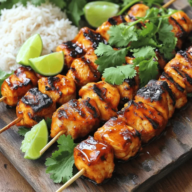 - 1 lb chicken breast, cut into 1-inch cubes - 1/4 cup honey - 1/4 cup Sriracha sauce - 2 tablespoons soy sauce - 2 tablespoons olive oil - 1 tablespoon garlic, minced - 1 tablespoon ginger, minced - Juice of 1 lime - Fresh cilantro, chopped - Salt and pepper - Wooden or metal skewers For this dish, I focus on simple yet bold flavors. The main ingredients are chicken, honey, Sriracha, and soy sauce. These form the base of a sticky, sweet, and spicy marinade that makes every bite delicious. Next, I add olive oil, minced garlic, minced ginger, and lime juice. These extra ingredients enhance the flavor. The garlic gives it a nice kick, while the ginger adds warmth. The lime juice balances the sweetness and spice, making the dish more vibrant. You might want to use fresh cilantro as a garnish. It adds a pop of color and freshness. Salt and pepper are important too, as they help to bring out the flavors. Lastly, choose either wooden or metal skewers for grilling. If you use wooden skewers, soak them in water for 20 minutes to prevent burning. For the full recipe, check out the details above. Enjoy making these Honey Sriracha Chicken Skewers! To make the marinade, gather your ingredients. You need honey, Sriracha, soy sauce, olive oil, garlic, ginger, and lime juice. In a large bowl, combine all these ingredients. Whisk them together until smooth. This mix brings sweet and spicy flavors to the chicken. Take your chicken breast and cut it into 1-inch cubes. Add the chicken to the bowl with the marinade. Toss the chicken gently so every piece is coated well. Cover the bowl with plastic wrap. Let it sit in the fridge for at least 30 minutes. For a deeper flavor, marinate for up to 2 hours. When you're ready to grill, preheat your grill to medium-high heat. If you use wooden skewers, soak them in water for about 20 minutes. This step helps keep them from burning. After soaking, thread the marinated chicken onto the skewers. Leave small gaps between the pieces. This ensures even cooking. Season lightly with salt and pepper. Place the skewers on the preheated grill. Grill the chicken for 5-7 minutes on one side. Then, turn them over and cook the other side for another 5-7 minutes. The chicken is done when it reaches an internal temperature of 165°F (75°C). This means it's safe to eat and no longer pink inside. Brush some extra marinade on the skewers during the last minute of grilling. Just make sure the marinade has not touched raw chicken. Once cooked, remove the skewers from the grill, and let them rest for a few minutes before serving. This helps keep the chicken juicy. You can find the full recipe for this delicious dish in the earlier section. For the best flavor, marinate your chicken for at least 30 minutes. If you have more time, let it sit for up to 2 hours. This longer marination allows the chicken to soak up all that tasty goodness. Cover the bowl tightly with plastic wrap and place it in the refrigerator. This keeps the chicken fresh and prevents any mess. Set your grill to medium-high heat. This temperature helps the chicken cook evenly and get those nice grill marks. If you use wooden skewers, soak them in water for 20 minutes before grilling. This step stops them from burning while your chicken cooks. In the last minute of grilling, brush a little extra marinade over the skewers. This adds a burst of flavor. Just make sure the marinade hasn’t touched any raw chicken. You can also sprinkle in some extra spices or fresh herbs to boost the taste. Try adding some crushed red pepper for more spice or fresh basil for a different twist. {{image_4}} You can change the protein in this dish. Try shrimp or tofu if you want. Both options work great with the honey Sriracha sauce. If you're looking for sugar-free options, use a sugar substitute like agave nectar. It will still give you that sweet and spicy kick. You can grill or bake these skewers. Grilling gives a nice char and smoky flavor. If you use an oven, set it to 400°F (200°C). Place the skewers on a baking sheet and bake for about 20 minutes. An air fryer is another great choice. Set it to 375°F (190°C) and cook for about 10-12 minutes. Just make sure to flip them halfway through for even cooking. Want to spice things up? You can add different hot sauces to change the heat level. Try adding more or less Sriracha to meet your taste. You can also include herbs like basil or mint to brighten the flavor. They add freshness and a unique twist to the dish. For the full recipe, check out the Honey Sriracha Chicken Skewers section above. To keep your Honey Sriracha chicken skewers fresh, store them in the fridge. Place the skewers in an airtight container. This way, they stay juicy and tasty. They last about three to four days in the fridge. If you use a plastic wrap, make sure it seals tightly. You can also freeze the chicken skewers for later. To do this, let the cooked skewers cool first. Then, place them in a freezer-safe bag. Press out as much air as you can before sealing. The skewers can be frozen for up to three months. When you are ready to eat them, take them out and put them in the fridge overnight to thaw. When it’s time to enjoy your skewers, reheating them is easy. The best way is to use an oven. Preheat it to 350°F (175°C). Place the skewers on a baking sheet. Heat for about 10 minutes, or until warm. This keeps the chicken moist and flavorful. You can also use a microwave, but it might dry them out a bit. If you use a microwave, cover the skewers to trap steam. Always check that the chicken is hot throughout before serving. You should marinate the chicken for at least 30 minutes. This time lets the chicken soak up all the flavors. For a deeper taste, try marinating for up to 2 hours. This extra time makes a big difference in flavor! I love serving these skewers with fluffy jasmine rice. The rice soaks up the sauce well. You can also pair them with a crisp garden salad. Other great options include grilled veggies or a fresh coleslaw. The cool sides balance the heat from the skewers. Yes, you can prepare the skewers in advance! Just marinate the chicken and store it in the fridge. You can keep it for up to 2 hours before grilling. If you want to make it even earlier, freeze the marinated chicken. Just remember to thaw it overnight in the fridge before grilling. If you can’t find Sriracha, don’t worry! You can use any hot sauce you like. Other options are chili garlic sauce or sambal oelek. You can also mix ketchup with hot sauce to get a similar taste. Adjust the amount based on your spice level preference. You learned how to make delicious Honey Sriracha Chicken Skewers. The right mix of chicken, honey, and spices creates a tasty meal. Remember to marinate your chicken well for flavor. Grilling on the right heat ensures juicy results. Don't forget to try variations, like using shrimp or different sauces. Store leftovers properly to enjoy later. This recipe is simple and fun. Enjoy making these skewers at your next cookout!