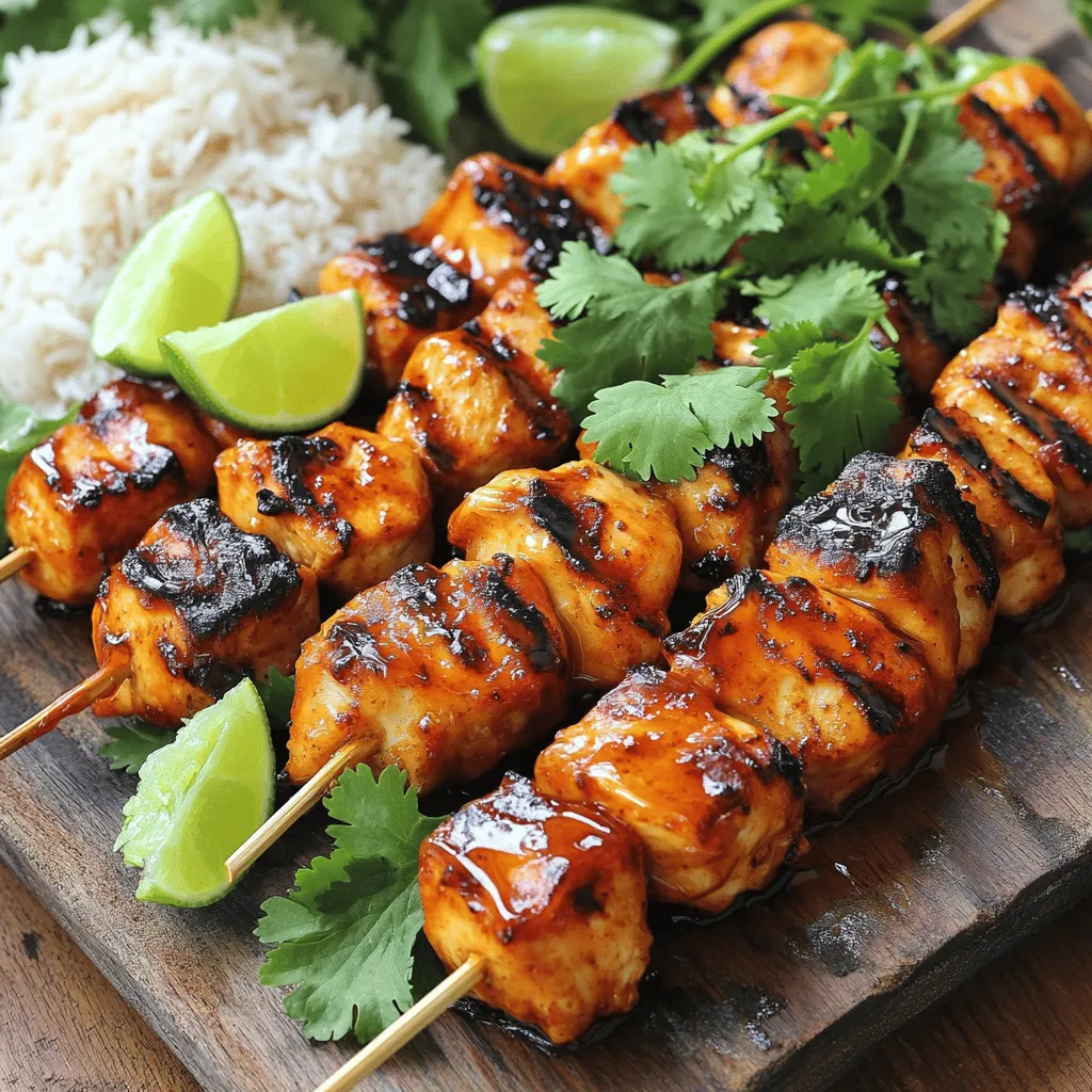 - 1 lb chicken breast, cut into 1-inch cubes - 1/4 cup honey - 1/4 cup Sriracha sauce - 2 tablespoons soy sauce - 2 tablespoons olive oil - 1 tablespoon garlic, minced - 1 tablespoon ginger, minced - Juice of 1 lime - Fresh cilantro, chopped - Salt and pepper - Wooden or metal skewers For this dish, I focus on simple yet bold flavors. The main ingredients are chicken, honey, Sriracha, and soy sauce. These form the base of a sticky, sweet, and spicy marinade that makes every bite delicious. Next, I add olive oil, minced garlic, minced ginger, and lime juice. These extra ingredients enhance the flavor. The garlic gives it a nice kick, while the ginger adds warmth. The lime juice balances the sweetness and spice, making the dish more vibrant. You might want to use fresh cilantro as a garnish. It adds a pop of color and freshness. Salt and pepper are important too, as they help to bring out the flavors. Lastly, choose either wooden or metal skewers for grilling. If you use wooden skewers, soak them in water for 20 minutes to prevent burning. For the full recipe, check out the details above. Enjoy making these Honey Sriracha Chicken Skewers! To make the marinade, gather your ingredients. You need honey, Sriracha, soy sauce, olive oil, garlic, ginger, and lime juice. In a large bowl, combine all these ingredients. Whisk them together until smooth. This mix brings sweet and spicy flavors to the chicken. Take your chicken breast and cut it into 1-inch cubes. Add the chicken to the bowl with the marinade. Toss the chicken gently so every piece is coated well. Cover the bowl with plastic wrap. Let it sit in the fridge for at least 30 minutes. For a deeper flavor, marinate for up to 2 hours. When you're ready to grill, preheat your grill to medium-high heat. If you use wooden skewers, soak them in water for about 20 minutes. This step helps keep them from burning. After soaking, thread the marinated chicken onto the skewers. Leave small gaps between the pieces. This ensures even cooking. Season lightly with salt and pepper. Place the skewers on the preheated grill. Grill the chicken for 5-7 minutes on one side. Then, turn them over and cook the other side for another 5-7 minutes. The chicken is done when it reaches an internal temperature of 165°F (75°C). This means it's safe to eat and no longer pink inside. Brush some extra marinade on the skewers during the last minute of grilling. Just make sure the marinade has not touched raw chicken. Once cooked, remove the skewers from the grill, and let them rest for a few minutes before serving. This helps keep the chicken juicy. You can find the full recipe for this delicious dish in the earlier section. For the best flavor, marinate your chicken for at least 30 minutes. If you have more time, let it sit for up to 2 hours. This longer marination allows the chicken to soak up all that tasty goodness. Cover the bowl tightly with plastic wrap and place it in the refrigerator. This keeps the chicken fresh and prevents any mess. Set your grill to medium-high heat. This temperature helps the chicken cook evenly and get those nice grill marks. If you use wooden skewers, soak them in water for 20 minutes before grilling. This step stops them from burning while your chicken cooks. In the last minute of grilling, brush a little extra marinade over the skewers. This adds a burst of flavor. Just make sure the marinade hasn’t touched any raw chicken. You can also sprinkle in some extra spices or fresh herbs to boost the taste. Try adding some crushed red pepper for more spice or fresh basil for a different twist. {{image_4}} You can change the protein in this dish. Try shrimp or tofu if you want. Both options work great with the honey Sriracha sauce. If you're looking for sugar-free options, use a sugar substitute like agave nectar. It will still give you that sweet and spicy kick. You can grill or bake these skewers. Grilling gives a nice char and smoky flavor. If you use an oven, set it to 400°F (200°C). Place the skewers on a baking sheet and bake for about 20 minutes. An air fryer is another great choice. Set it to 375°F (190°C) and cook for about 10-12 minutes. Just make sure to flip them halfway through for even cooking. Want to spice things up? You can add different hot sauces to change the heat level. Try adding more or less Sriracha to meet your taste. You can also include herbs like basil or mint to brighten the flavor. They add freshness and a unique twist to the dish. For the full recipe, check out the Honey Sriracha Chicken Skewers section above. To keep your Honey Sriracha chicken skewers fresh, store them in the fridge. Place the skewers in an airtight container. This way, they stay juicy and tasty. They last about three to four days in the fridge. If you use a plastic wrap, make sure it seals tightly. You can also freeze the chicken skewers for later. To do this, let the cooked skewers cool first. Then, place them in a freezer-safe bag. Press out as much air as you can before sealing. The skewers can be frozen for up to three months. When you are ready to eat them, take them out and put them in the fridge overnight to thaw. When it’s time to enjoy your skewers, reheating them is easy. The best way is to use an oven. Preheat it to 350°F (175°C). Place the skewers on a baking sheet. Heat for about 10 minutes, or until warm. This keeps the chicken moist and flavorful. You can also use a microwave, but it might dry them out a bit. If you use a microwave, cover the skewers to trap steam. Always check that the chicken is hot throughout before serving. You should marinate the chicken for at least 30 minutes. This time lets the chicken soak up all the flavors. For a deeper taste, try marinating for up to 2 hours. This extra time makes a big difference in flavor! I love serving these skewers with fluffy jasmine rice. The rice soaks up the sauce well. You can also pair them with a crisp garden salad. Other great options include grilled veggies or a fresh coleslaw. The cool sides balance the heat from the skewers. Yes, you can prepare the skewers in advance! Just marinate the chicken and store it in the fridge. You can keep it for up to 2 hours before grilling. If you want to make it even earlier, freeze the marinated chicken. Just remember to thaw it overnight in the fridge before grilling. If you can’t find Sriracha, don’t worry! You can use any hot sauce you like. Other options are chili garlic sauce or sambal oelek. You can also mix ketchup with hot sauce to get a similar taste. Adjust the amount based on your spice level preference. You learned how to make delicious Honey Sriracha Chicken Skewers. The right mix of chicken, honey, and spices creates a tasty meal. Remember to marinate your chicken well for flavor. Grilling on the right heat ensures juicy results. Don't forget to try variations, like using shrimp or different sauces. Store leftovers properly to enjoy later. This recipe is simple and fun. Enjoy making these skewers at your next cookout!