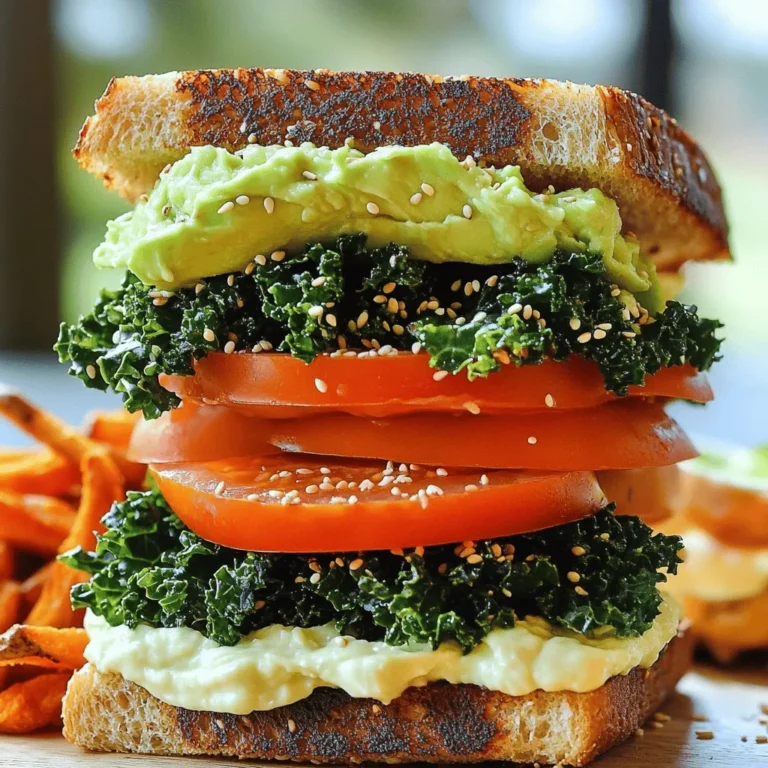 - 4 slices of whole grain bread - 1 cup ripe tomatoes, sliced - 1 avocado, peeled and mashed - 1 cup crispy kale chips or fresh lettuce, for crunch These main components create a solid base for your Vegan BLT. Whole grain bread gives texture and taste. The ripe tomatoes add juiciness and color. Avocado brings creaminess, making each bite rich and satisfying. Kale chips provide that needed crunch, while lettuce can freshen things up. - 1/2 cup vegan mayonnaise - 1 teaspoon smoked paprika - Sea salt and freshly ground pepper, to taste These condiments and seasonings enhance flavor. Vegan mayonnaise serves as a creamy spread, making the sandwich moist. Smoked paprika adds depth, giving a hint of smokiness. A sprinkle of sea salt and pepper boosts all the flavors. - 1 tablespoon olive oil (for kale chips) - Sliced pickles for an added crunch and tang You can make your Vegan BLT even better with these optional ingredients. Olive oil makes kale chips crispy and tasty. Sliced pickles add a nice crunch and tang that brightens each bite. For the full recipe, check the detailed instructions to make this delightful sandwich! To make your own kale chips, preheat your oven to 350°F (175°C). If you use store-bought kale chips, skip this step. For homemade chips, wash and dry the kale leaves. Remove the stems carefully. In a bowl, mix the kale with olive oil, smoked paprika, sea salt, and pepper. Spread the kale on a baking sheet. Bake for 10-15 minutes. Watch them closely so they don’t burn. They should be crispy and slightly brown. If you choose store-bought kale chips, just open the bag and enjoy. They add a great crunch to your sandwich without any extra work. While the kale chips bake, it's time to toast the bread. Use a toaster or a skillet. Toast the bread until it turns golden brown. This step is key. A good crunch makes your sandwich much better. If you skip toasting, your sandwich may turn soggy. So, take your time here for the perfect crunch. Next, let’s prepare the vegan mayo. In a small bowl, mix vegan mayonnaise with a pinch of sea salt and pepper. If you want to get fancy, chop some pickles and add them to the mayo for more flavor. This creamy spread adds depth to your sandwich. Layering is vital. Start with one slice of toasted bread. Spread a generous layer of vegan mayo on top. Then, add sliced tomatoes. Follow with mashed avocado. Finally, top with crispy kale chips or fresh lettuce. This layering keeps the flavors balanced and creates a beautiful stack. Now, let’s put it all together. Place another slice of toasted bread on top. Spread more mayo on that slice. Repeat the layering with more tomatoes, avocado, and kale. Finish with a final slice of bread. This creates a tall, hearty sandwich. When you’re ready to serve, carefully slice the sandwich in half. Use a sharp knife to keep the layers looking nice. Serve it right away for the best taste and texture. Enjoy with a side of sweet potato fries or a fresh salad! For the best vegan BLT, choose whole grain bread. It adds great flavor and texture. You can also try sourdough for a tangy twist. When it comes to avocado, mash it well. This makes it smooth and easy to spread. Mix in a pinch of salt and a squeeze of lemon juice. This adds flavor and keeps it bright. Want to mix it up? Swap crispy kale for fresh spinach. You can even use arugula for a peppery bite. Try adding roasted red peppers for a sweet touch. Seasonal veggies like cucumber or zucchini also work nicely. They keep your BLT fresh and exciting. Crispiness is key! Bake your kale chips until they are golden. If you use lettuce, make sure it's crisp and fresh. Toast your bread until it is crunchy. This adds a satisfying crunch in each bite. Freshness matters! Use ripe tomatoes and firm avocados. They elevate the taste of your sandwich. For a full guide, check out the Full Recipe! {{image_4}} You can choose many types of bread for your vegan BLT. Whole grain bread is a great start. If you need gluten-free bread, look for options made from almond or rice flour. These breads can provide a lovely texture. Artisan breads bring a crusty bite that adds flavor. Sourdough is also a tasty choice. Its tangy taste pairs well with the sandwich's other flavors. Vegan bacon brings the "B" to your BLT. You can make homemade vegan bacon using eggplant or coconut. These options give you control over the flavor and crispiness. If you prefer store-bought, many brands now offer great vegan bacon. Look for ones made from tempeh or seitan. They often have a smoky taste that fits perfectly in the sandwich. You can boost your vegan BLT with fun flavors. Adding spices or herbs makes it extra special. Try some garlic powder or fresh basil for a twist. You can also explore different spreads beyond mayo. Hummus or avocado spread can add creaminess and taste. A dash of hot sauce can give it a spicy kick. Mix and match to find your favorite combo. For the full recipe, check out the Vegan BLT Sandwich section above. To keep your Vegan BLT fresh, store leftover ingredients separately. Place tomatoes in a sealed container in the fridge. Keep avocado in an airtight container with lemon juice to avoid browning. For kale chips, store them in a cool, dry place. If they get soggy, re-crisp them in the oven briefly. This keeps all flavors bright. You can make components in advance to save time. Prepare kale chips and vegan mayo a day ahead. Slice tomatoes and mash avocado just before serving. This way, your sandwich stays fresh and retains its wonderful flavors. Assemble the sandwich right before you eat for the best texture. If you have leftovers, reheat them carefully. Use the oven to warm the sandwich. Set it to low heat so the bread does not get too hard. You can also reheat the kale chips in the oven to maintain their crunch. Avoid microwaving, as it can make everything soggy. A Vegan BLT Sandwich includes simple, fresh ingredients. Here’s what you need: - 4 slices of whole grain bread - 1 cup ripe tomatoes, sliced - 1 avocado, peeled and mashed - 1 cup crispy kale chips or fresh lettuce, for crunch - 1/2 cup vegan mayonnaise - 1 teaspoon smoked paprika - Sea salt and freshly ground pepper, to taste - 1 tablespoon olive oil (for kale chips) - Optional: Sliced pickles for an added crunch and tang These ingredients combine to create a tasty and satisfying meal. To get that crispy vegan bacon texture, you can use a few tricks. First, choose a vegan bacon alternative that crisps up well when cooked. Here are some tips: - Pan-Fry: Cook the vegan bacon in a hot skillet with a little oil. Flip it often until it’s crispy. - Bake: Place slices on a baking sheet. Bake at 400°F (200°C) for about 10-15 minutes. Check frequently to avoid burning. - Air Fry: Use an air fryer for a quick and easy option. Cook at 375°F (190°C) for about 8-10 minutes. Each method gives you that perfect crunch without any meat. Yes, you can easily make a vegan BLT gluten-free. Here are some options: - Gluten-Free Bread: Buy store-bought gluten-free bread or make your own. - Lettuce Wraps: Use large lettuce leaves instead of bread for a low-carb option. - Grain-Free Options: Try using slices of sweet potato or zucchini as the base. These choices keep your sandwich delicious and safe for gluten-free diets. Customizing your Vegan BLT is fun and easy. Here are some ideas: - Different Spreads: Try hummus or pesto instead of vegan mayo for added flavor. - Add Veggies: Layer in cucumbers, radishes, or sprouts for extra crunch. - Change Up the Greens: Use arugula or spinach instead of kale or lettuce. - Seasonings: Sprinkle in some garlic powder or chili flakes for a kick. Feel free to mix and match based on what you enjoy! A Vegan BLT is best when eaten fresh. However, here are some tips for storage: - Refrigerate: Store leftovers in an airtight container. It will last for about 1-2 days. - Avoid sogginess: Keep the tomato and avocado separate until serving. - Check Ingredients: If you notice any changes in smell or texture, it’s best to discard it. Following these tips helps maintain quality and taste. Making a vegan BLT is simple and fun. You learned about key ingredients, including whole grain bread, vegan bacon, fresh tomatoes, and avocados. We covered important steps to layer your sandwich and tips for flavor. You can even choose gluten-free or artisanal breads to suit your taste. Remember, the right crunch comes from perfectly toasted bread and fresh ingredients. Customize your sandwich to make it uniquely yours. Enjoy every bite of your vegan creation!