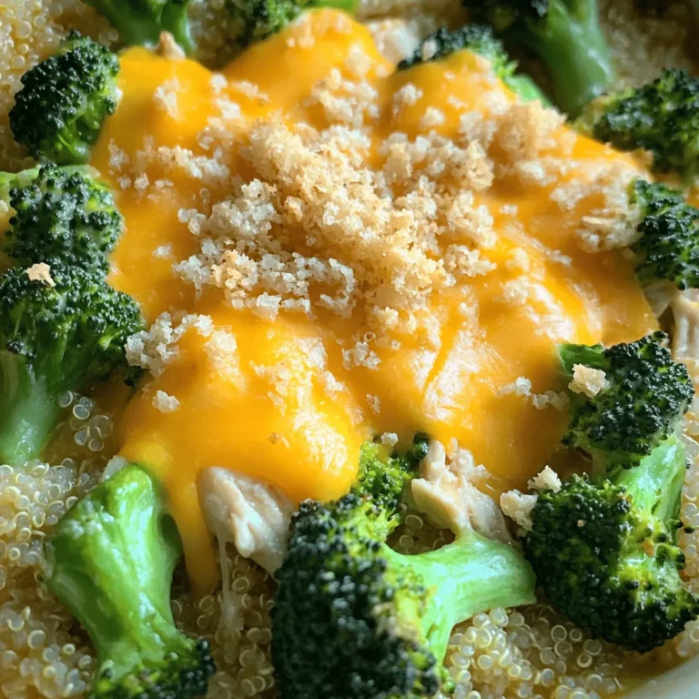 - 2 cups cooked chicken, shredded - 4 cups broccoli florets, steamed - 1 cup cooked quinoa (or rice) - 1½ cups shredded sharp cheddar cheese, divided - ½ cup cream cheese, softened - 1 teaspoon garlic powder - 1 cup chicken broth - ½ teaspoon paprika - Salt and pepper to taste - ¼ cup breadcrumbs (optional for added crunch) The main ingredients for this bake create a great balance of flavors and textures. The chicken gives protein and heartiness. Broccoli adds nutrients and a nice crunch. Quinoa or rice makes the dish filling. Layering in cheese brings a creamy taste that everyone loves. I prefer using sharp cheddar for its bold flavor. Cream cheese adds a rich, smooth texture. Garlic powder enhances the taste and makes it pop. The chicken broth keeps everything moist while adding more flavor. Feel free to adjust the seasonings to fit your taste. Want it spicy? Add some cayenne pepper. Prefer it mild? Skip the paprika. The breadcrumbs can add a nice crunch but are not needed if you want a softer bake. For the full recipe, check out the detailed instructions to make this delicious meal your family will love! Preparation and Cooking Setup - Preheat the Oven: Preheat to 375°F (190°C). This helps the bake cook evenly. - Mix Base Ingredients: In a large bowl, combine 2 cups of shredded chicken, 4 cups of steamed broccoli, 1 cup of cooked quinoa, and ¾ cup of shredded cheddar cheese. Mix well to ensure all ingredients blend together. Sauce and Assembly - Prepare the Sauce: In another bowl, blend ½ cup of softened cream cheese, 1 cup of chicken broth, 1 teaspoon of garlic powder, 1 teaspoon of onion powder, ½ teaspoon of paprika, and salt and pepper. Aim for a smooth texture to coat the bake nicely. - Combine Mixtures: Pour the creamy sauce over the chicken and broccoli mix. Stir with a spatula until everything is coated in sauce. Baking Process - Transfer to Baking Dish: Grease a 9x13 inch baking dish lightly. Spread the mixture evenly in the dish. - Top with Cheese: Sprinkle the remaining ¾ cup of shredded cheddar cheese on top. For crunch, add ¼ cup of breadcrumbs if desired. - Bake: Place the dish in the oven. Bake for 25-30 minutes until the cheese is melted, bubbly, and golden. This recipe is simple yet packed with flavor. For the full recipe, check out the detailed instructions and tips! - Use Fresh or Frozen Broccoli: Choose bright green florets. Fresh broccoli has a nice crunch. Frozen broccoli works well too. Just steam it until tender to keep the flavor. Either option gives you great results. - Cheese Options: While sharp cheddar cheese is my go-to, you can try other cheeses. Consider mozzarella for a stretchy texture. Gruyère adds a nutty flavor, and pepper jack gives a nice kick. Mixing cheeses can create a unique taste. - How to Avoid a Dry Bake: To keep your bake moist, use enough cream cheese and broth. Don't overbake it. Watching the time is key. If you notice the top browning too fast, cover it with foil. - Serving Suggestions: Pair your Cheesy Chicken Broccoli Bake with a light salad or garlic bread. Roasted veggies also make a great side. If you want a crunch, a simple coleslaw works well too. For a touch of freshness, add lemon wedges on the side. Dive into the full recipe to explore more about making this meal a hit! {{image_4}} You can easily change up the Cheesy Chicken Broccoli Bake. Try different proteins or veggies to suit your taste. - Protein Alternatives: If you want a twist, use turkey or ham instead of chicken. You can also try plant-based proteins like tofu or tempeh for a vegetarian option. - Vegetable Additions: Add fun vegetables to the bake. Carrots add sweetness, while bell peppers bring a nice crunch. Spinach offers a fresh, green boost. Mix and match to find your favorite combo. Making this dish fit your diet is simple. Here are some easy changes you can make. - Gluten-Free Options: For a gluten-free version, swap out the regular breadcrumbs for gluten-free ones. Ensure all other ingredients, like chicken broth, are gluten-free too. - Low-Carb Variations: If you're watching carbs, use cauliflower rice instead of quinoa or rice. This keeps the dish tasty but lower in carbs. You can also skip the breadcrumbs to keep it even lighter. To keep your Cheesy Chicken Broccoli Bake fresh, follow these tips: - Refrigeration Guidelines: Let the dish cool for about 30 minutes after baking. Store it in an airtight container in your fridge. It will stay good for up to four days. Always cover it well to prevent drying out. - Freezing Instructions: If you want to freeze it, cut the bake into portions. Wrap each piece tightly in plastic wrap, then place them in a freezer-safe bag. It can last up to three months in the freezer. When you're ready to eat, thaw it overnight in the fridge. Reheat in the oven at 350°F (175°C) until hot. The shelf life of your Cheesy Chicken Broccoli Bake depends on how you store it: - In the fridge: It lasts about four days. - In the freezer: It keeps well for up to three months. Make sure to check for any signs of spoilage before eating leftovers. Enjoy your meal! Can I make this dish ahead of time? Yes, you can make this dish ahead of time. Prepare it completely and cover it well. Store it in the fridge for up to 2 days. When you are ready to bake, just add a few extra minutes to the cooking time. What can I substitute for cream cheese? If you need a substitute for cream cheese, try using Greek yogurt or sour cream. These options add creaminess and tang. You can also use a dairy-free cream cheese if you want a vegan option. How do I know when it's done baking? You will know it’s done when the cheese is melted and bubbly. Look for a light golden color on top. You can also check the center with a knife; it should be hot all the way through. Can I use raw chicken in this recipe? Using raw chicken is not recommended for this bake. Cooked chicken helps keep the dish moist and adds flavor. Raw chicken would need longer to cook and could lead to uneven baking. Is it possible to make this recipe in a slow cooker? Yes, you can make this recipe in a slow cooker. Cook on low for about 4 hours. Make sure to stir occasionally for even cooking. Can I double the recipe for a larger gathering? Absolutely! You can double the recipe for more servings. Just use a larger baking dish and adjust the cooking time as needed. Make sure the center is fully cooked before serving. In this article, we explored the delicious Cheesy Chicken Broccoli Bake. We covered essential ingredients, like chicken, cheese, and broccoli, and provided step-by-step instructions for preparation and cooking. I shared tips to perfect the dish, plus ways to adapt it for different diets. Remember, fresh ingredients and proper storage can make a big difference. This recipe is not just tasty; it’s also flexible. Enjoy trying your own variations, and don’t hesitate to make it your own. Cooking can be fun, and this bake is a great place to start!