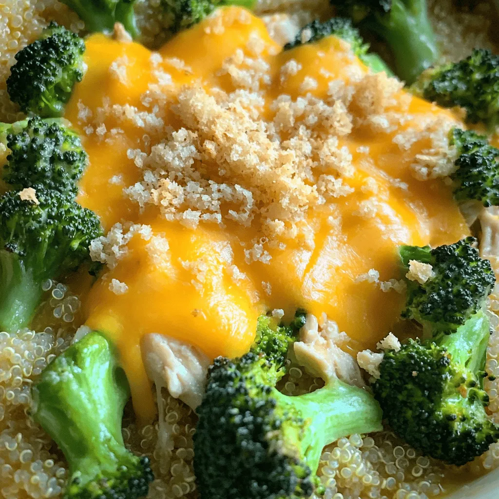- 2 cups cooked chicken, shredded - 4 cups broccoli florets, steamed - 1 cup cooked quinoa (or rice) - 1½ cups shredded sharp cheddar cheese, divided - ½ cup cream cheese, softened - 1 teaspoon garlic powder - 1 cup chicken broth - ½ teaspoon paprika - Salt and pepper to taste - ¼ cup breadcrumbs (optional for added crunch) The main ingredients for this bake create a great balance of flavors and textures. The chicken gives protein and heartiness. Broccoli adds nutrients and a nice crunch. Quinoa or rice makes the dish filling. Layering in cheese brings a creamy taste that everyone loves. I prefer using sharp cheddar for its bold flavor. Cream cheese adds a rich, smooth texture. Garlic powder enhances the taste and makes it pop. The chicken broth keeps everything moist while adding more flavor. Feel free to adjust the seasonings to fit your taste. Want it spicy? Add some cayenne pepper. Prefer it mild? Skip the paprika. The breadcrumbs can add a nice crunch but are not needed if you want a softer bake. For the full recipe, check out the detailed instructions to make this delicious meal your family will love! Preparation and Cooking Setup - Preheat the Oven: Preheat to 375°F (190°C). This helps the bake cook evenly. - Mix Base Ingredients: In a large bowl, combine 2 cups of shredded chicken, 4 cups of steamed broccoli, 1 cup of cooked quinoa, and ¾ cup of shredded cheddar cheese. Mix well to ensure all ingredients blend together. Sauce and Assembly - Prepare the Sauce: In another bowl, blend ½ cup of softened cream cheese, 1 cup of chicken broth, 1 teaspoon of garlic powder, 1 teaspoon of onion powder, ½ teaspoon of paprika, and salt and pepper. Aim for a smooth texture to coat the bake nicely. - Combine Mixtures: Pour the creamy sauce over the chicken and broccoli mix. Stir with a spatula until everything is coated in sauce. Baking Process - Transfer to Baking Dish: Grease a 9x13 inch baking dish lightly. Spread the mixture evenly in the dish. - Top with Cheese: Sprinkle the remaining ¾ cup of shredded cheddar cheese on top. For crunch, add ¼ cup of breadcrumbs if desired. - Bake: Place the dish in the oven. Bake for 25-30 minutes until the cheese is melted, bubbly, and golden. This recipe is simple yet packed with flavor. For the full recipe, check out the detailed instructions and tips! - Use Fresh or Frozen Broccoli: Choose bright green florets. Fresh broccoli has a nice crunch. Frozen broccoli works well too. Just steam it until tender to keep the flavor. Either option gives you great results. - Cheese Options: While sharp cheddar cheese is my go-to, you can try other cheeses. Consider mozzarella for a stretchy texture. Gruyère adds a nutty flavor, and pepper jack gives a nice kick. Mixing cheeses can create a unique taste. - How to Avoid a Dry Bake: To keep your bake moist, use enough cream cheese and broth. Don't overbake it. Watching the time is key. If you notice the top browning too fast, cover it with foil. - Serving Suggestions: Pair your Cheesy Chicken Broccoli Bake with a light salad or garlic bread. Roasted veggies also make a great side. If you want a crunch, a simple coleslaw works well too. For a touch of freshness, add lemon wedges on the side. Dive into the full recipe to explore more about making this meal a hit! {{image_4}} You can easily change up the Cheesy Chicken Broccoli Bake. Try different proteins or veggies to suit your taste. - Protein Alternatives: If you want a twist, use turkey or ham instead of chicken. You can also try plant-based proteins like tofu or tempeh for a vegetarian option. - Vegetable Additions: Add fun vegetables to the bake. Carrots add sweetness, while bell peppers bring a nice crunch. Spinach offers a fresh, green boost. Mix and match to find your favorite combo. Making this dish fit your diet is simple. Here are some easy changes you can make. - Gluten-Free Options: For a gluten-free version, swap out the regular breadcrumbs for gluten-free ones. Ensure all other ingredients, like chicken broth, are gluten-free too. - Low-Carb Variations: If you're watching carbs, use cauliflower rice instead of quinoa or rice. This keeps the dish tasty but lower in carbs. You can also skip the breadcrumbs to keep it even lighter. To keep your Cheesy Chicken Broccoli Bake fresh, follow these tips: - Refrigeration Guidelines: Let the dish cool for about 30 minutes after baking. Store it in an airtight container in your fridge. It will stay good for up to four days. Always cover it well to prevent drying out. - Freezing Instructions: If you want to freeze it, cut the bake into portions. Wrap each piece tightly in plastic wrap, then place them in a freezer-safe bag. It can last up to three months in the freezer. When you're ready to eat, thaw it overnight in the fridge. Reheat in the oven at 350°F (175°C) until hot. The shelf life of your Cheesy Chicken Broccoli Bake depends on how you store it: - In the fridge: It lasts about four days. - In the freezer: It keeps well for up to three months. Make sure to check for any signs of spoilage before eating leftovers. Enjoy your meal! Can I make this dish ahead of time? Yes, you can make this dish ahead of time. Prepare it completely and cover it well. Store it in the fridge for up to 2 days. When you are ready to bake, just add a few extra minutes to the cooking time. What can I substitute for cream cheese? If you need a substitute for cream cheese, try using Greek yogurt or sour cream. These options add creaminess and tang. You can also use a dairy-free cream cheese if you want a vegan option. How do I know when it's done baking? You will know it’s done when the cheese is melted and bubbly. Look for a light golden color on top. You can also check the center with a knife; it should be hot all the way through. Can I use raw chicken in this recipe? Using raw chicken is not recommended for this bake. Cooked chicken helps keep the dish moist and adds flavor. Raw chicken would need longer to cook and could lead to uneven baking. Is it possible to make this recipe in a slow cooker? Yes, you can make this recipe in a slow cooker. Cook on low for about 4 hours. Make sure to stir occasionally for even cooking. Can I double the recipe for a larger gathering? Absolutely! You can double the recipe for more servings. Just use a larger baking dish and adjust the cooking time as needed. Make sure the center is fully cooked before serving. In this article, we explored the delicious Cheesy Chicken Broccoli Bake. We covered essential ingredients, like chicken, cheese, and broccoli, and provided step-by-step instructions for preparation and cooking. I shared tips to perfect the dish, plus ways to adapt it for different diets. Remember, fresh ingredients and proper storage can make a big difference. This recipe is not just tasty; it’s also flexible. Enjoy trying your own variations, and don’t hesitate to make it your own. Cooking can be fun, and this bake is a great place to start!