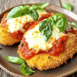 - 2 boneless, skinless chicken breasts - 1 cup all-purpose flour - 2 large eggs, beaten - 1 cup Italian seasoned breadcrumbs - 1/2 cup grated Parmesan cheese - 1 cup marinara sauce - 1 cup shredded mozzarella cheese To make crispy chicken Parmesan, I start with fresh chicken breasts. They give the dish a great texture. Next, I use flour, eggs, and breadcrumbs to create a crunchy coating. The breadcrumbs are key for that crispy bite! I also add marinara sauce and cheeses. They melt beautifully on top of the chicken. - 1 teaspoon dried oregano - 1 teaspoon garlic powder - Salt and pepper, to taste - Fresh basil leaves, for garnish - Olive oil, for frying I love using dried oregano and garlic powder for flavor. They add a nice aroma to the dish. Salt and pepper are essential too; they enhance the taste. For a fresh touch, I add basil leaves as a garnish. A drizzle of olive oil is perfect for frying. It gives the chicken a golden color and rich flavor. For the full recipe, check out my detailed guide! 1. Preheating the Oven: First, set your oven to 400°F (200°C). This heat is perfect for crispy chicken. 2. Preparing Chicken Breasts: Take the chicken breasts and put them between two sheets of plastic wrap. Use a meat mallet or rolling pin to pound them to about 1/2 inch thick. This helps them cook evenly and stay juicy. 3. Setting Up the Breading Station: Create a three-part line for breading. In the first shallow dish, put the all-purpose flour. In the second dish, pour in the beaten eggs. In the last dish, mix breadcrumbs with Parmesan cheese, dried oregano, garlic powder, salt, and pepper. Blend well to spread the flavors. 1. Breading the Chicken Process: Start with each chicken breast. Dredge it in flour first, shaking off any extra. Next, dip it in the beaten eggs, making sure it’s coated fully. Finally, press it into the breadcrumb mix to cover it well. 2. Frying the Chicken Pieces: Heat about 1/4 inch of olive oil in a large skillet over medium heat. Once hot, add the breaded chicken. Cook each side for about 3-4 minutes until they are golden brown and crispy. After frying, place the chicken on a paper towel-lined plate to soak up any extra oil. 3. Assembling in the Baking Dish: In a baking dish, pour a thin layer of marinara sauce at the bottom. This helps to avoid sticking. Place the crispy chicken in the dish. Spoon more marinara sauce over the chicken, and sprinkle a good amount of shredded mozzarella cheese on top. 1. Baking Time and Temperature: Put the baking dish in your preheated oven. Bake for about 20 minutes until the cheese is bubbly and golden. 2. Recommended Garnish Techniques: After baking, take the dish out and add fresh basil leaves on top. This adds flavor and a nice pop of color. Serve hot for the best taste! You can check the [Full Recipe] to ensure you have every detail down. To get the best breading, ensure each piece gets an even coat. Start with flour, then eggs, and finish with the breadcrumb mix. This order helps the coating stick well. Press the breadcrumbs onto the chicken. This step makes the crust thick and crunchy. You can also let the breaded chicken rest for a few minutes before frying. This helps the coating set. You can choose to fry or bake your chicken. Frying gives a crispy outside and juicy inside. Use olive oil for frying. It adds a lovely flavor and holds up well to heat. If you prefer baking, use a thin layer of oil on the chicken. This will still give you a nice texture. Bake at 400°F for a golden finish. Pair your Chicken Parmesan with a fresh salad or pasta. A side of garlic bread works well too. For sauces, marinara is classic, but try a creamy alfredo for a twist. A sprinkle of extra cheese on top gives a nice touch. You can also add fresh basil to brighten the flavors. For a full guide, check the Full Recipe. {{image_4}} You can make your Chicken Parmesan a bit healthier. Here are two great options: - Baked Not Fried: Instead of frying, bake the breaded chicken. Place it on a baking sheet and spray with cooking oil. Bake at 400°F (200°C) for about 20 minutes. This cuts down on fat and calories while keeping it tasty. - Whole Wheat Breadcrumbs: Swap regular breadcrumbs for whole wheat ones. Whole wheat breadcrumbs add fiber and texture. They also give a nice, nutty flavor to your dish. You can change the flavor of your Chicken Parmesan easily. Try these fun ideas: - Adding Spices or Herbs: Mix your favorite spices or herbs into the breadcrumb mix. Paprika, Italian seasoning, or even a pinch of chili flakes can make it pop. Fresh herbs like parsley or basil can also add a fresh taste. - Different Cheese Combinations: While mozzarella and Parmesan are classic, you can mix it up. Try adding provolone or fontina cheese for a richer taste. A sprinkle of goat cheese adds a tangy twist. How you serve Chicken Parmesan can change the meal. Here are a couple of fun ideas: - Chicken Parmesan Sub Sandwiches: Turn your chicken into a tasty sub. Place the chicken in a hoagie roll with marinara sauce and extra cheese. Bake it until the cheese melts for a great sandwich. - Pasta Pairing Ideas: Serve your Chicken Parmesan with pasta. Spaghetti or fettuccine works well. Toss the pasta in marinara sauce for a complete meal. You can even layer the chicken on top for a beautiful presentation. For more details, check out the Full Recipe. To keep your Crispy Chicken Parmesan fresh, follow these steps: - Refrigeration: Place leftovers in an airtight container. This keeps moisture out and flavor in. Store in the fridge for up to three days. - Freezing: For long-term storage, freeze the chicken. Wrap each piece tightly in plastic wrap and then in foil. This helps prevent freezer burn. You can freeze it for up to three months. To enjoy your Chicken Parmesan again, reheating is key: - Optimal Methods: The best way to reheat is in the oven. Preheat it to 350°F (175°C). Place the chicken on a baking sheet. Cover it with foil to avoid drying out. - Time and Temperature: Heat for about 20 minutes or until it reaches 165°F (74°C). If you want extra crispiness, remove the foil for the last five minutes. For the complete cooking process, check the full recipe. To keep your breaded chicken crispy, store it in a single layer. Use a wire rack over a baking sheet to let air circulate. When reheating, place it in the oven at 375°F (190°C) for 10-15 minutes. This method helps regain that crunch. Avoid microwaving since it makes the chicken soggy. Yes, you can prep Chicken Parmesan ahead. Bread the chicken and store it in the fridge for up to 24 hours. You can also cook it fully and store it in the fridge. Just reheat in the oven before serving. This saves time on busy nights. For this recipe, use a thick marinara sauce. You can choose store-bought or homemade. If you like bold flavors, opt for a spicy marinara. For a milder taste, go with a classic tomato basil sauce. Both options work great! To ensure your chicken is fully cooked, use a meat thermometer. The internal temperature should reach 165°F (74°C). If you don’t have one, cut into the thickest part. The meat should be white, not pink. This ensures it’s safe to eat. In this blog, we explored how to make crispy Chicken Parmesan. We covered the main ingredients, seasonings, and cooking methods. I shared tips for achieving the perfect breading and provided ideas for serving and storing leftovers. You can even try healthier variations or add unique flavors. Remember, cooking is about having fun and experimenting. With these steps, you can create a delicious dish that everyone will love. Enjoy your cooking journey!