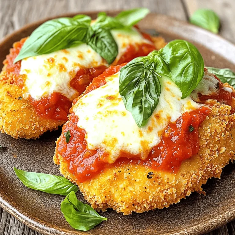 - 2 boneless, skinless chicken breasts - 1 cup all-purpose flour - 2 large eggs, beaten - 1 cup Italian seasoned breadcrumbs - 1/2 cup grated Parmesan cheese - 1 cup marinara sauce - 1 cup shredded mozzarella cheese To make crispy chicken Parmesan, I start with fresh chicken breasts. They give the dish a great texture. Next, I use flour, eggs, and breadcrumbs to create a crunchy coating. The breadcrumbs are key for that crispy bite! I also add marinara sauce and cheeses. They melt beautifully on top of the chicken. - 1 teaspoon dried oregano - 1 teaspoon garlic powder - Salt and pepper, to taste - Fresh basil leaves, for garnish - Olive oil, for frying I love using dried oregano and garlic powder for flavor. They add a nice aroma to the dish. Salt and pepper are essential too; they enhance the taste. For a fresh touch, I add basil leaves as a garnish. A drizzle of olive oil is perfect for frying. It gives the chicken a golden color and rich flavor. For the full recipe, check out my detailed guide! 1. Preheating the Oven: First, set your oven to 400°F (200°C). This heat is perfect for crispy chicken. 2. Preparing Chicken Breasts: Take the chicken breasts and put them between two sheets of plastic wrap. Use a meat mallet or rolling pin to pound them to about 1/2 inch thick. This helps them cook evenly and stay juicy. 3. Setting Up the Breading Station: Create a three-part line for breading. In the first shallow dish, put the all-purpose flour. In the second dish, pour in the beaten eggs. In the last dish, mix breadcrumbs with Parmesan cheese, dried oregano, garlic powder, salt, and pepper. Blend well to spread the flavors. 1. Breading the Chicken Process: Start with each chicken breast. Dredge it in flour first, shaking off any extra. Next, dip it in the beaten eggs, making sure it’s coated fully. Finally, press it into the breadcrumb mix to cover it well. 2. Frying the Chicken Pieces: Heat about 1/4 inch of olive oil in a large skillet over medium heat. Once hot, add the breaded chicken. Cook each side for about 3-4 minutes until they are golden brown and crispy. After frying, place the chicken on a paper towel-lined plate to soak up any extra oil. 3. Assembling in the Baking Dish: In a baking dish, pour a thin layer of marinara sauce at the bottom. This helps to avoid sticking. Place the crispy chicken in the dish. Spoon more marinara sauce over the chicken, and sprinkle a good amount of shredded mozzarella cheese on top. 1. Baking Time and Temperature: Put the baking dish in your preheated oven. Bake for about 20 minutes until the cheese is bubbly and golden. 2. Recommended Garnish Techniques: After baking, take the dish out and add fresh basil leaves on top. This adds flavor and a nice pop of color. Serve hot for the best taste! You can check the [Full Recipe] to ensure you have every detail down. To get the best breading, ensure each piece gets an even coat. Start with flour, then eggs, and finish with the breadcrumb mix. This order helps the coating stick well. Press the breadcrumbs onto the chicken. This step makes the crust thick and crunchy. You can also let the breaded chicken rest for a few minutes before frying. This helps the coating set. You can choose to fry or bake your chicken. Frying gives a crispy outside and juicy inside. Use olive oil for frying. It adds a lovely flavor and holds up well to heat. If you prefer baking, use a thin layer of oil on the chicken. This will still give you a nice texture. Bake at 400°F for a golden finish. Pair your Chicken Parmesan with a fresh salad or pasta. A side of garlic bread works well too. For sauces, marinara is classic, but try a creamy alfredo for a twist. A sprinkle of extra cheese on top gives a nice touch. You can also add fresh basil to brighten the flavors. For a full guide, check the Full Recipe. {{image_4}} You can make your Chicken Parmesan a bit healthier. Here are two great options: - Baked Not Fried: Instead of frying, bake the breaded chicken. Place it on a baking sheet and spray with cooking oil. Bake at 400°F (200°C) for about 20 minutes. This cuts down on fat and calories while keeping it tasty. - Whole Wheat Breadcrumbs: Swap regular breadcrumbs for whole wheat ones. Whole wheat breadcrumbs add fiber and texture. They also give a nice, nutty flavor to your dish. You can change the flavor of your Chicken Parmesan easily. Try these fun ideas: - Adding Spices or Herbs: Mix your favorite spices or herbs into the breadcrumb mix. Paprika, Italian seasoning, or even a pinch of chili flakes can make it pop. Fresh herbs like parsley or basil can also add a fresh taste. - Different Cheese Combinations: While mozzarella and Parmesan are classic, you can mix it up. Try adding provolone or fontina cheese for a richer taste. A sprinkle of goat cheese adds a tangy twist. How you serve Chicken Parmesan can change the meal. Here are a couple of fun ideas: - Chicken Parmesan Sub Sandwiches: Turn your chicken into a tasty sub. Place the chicken in a hoagie roll with marinara sauce and extra cheese. Bake it until the cheese melts for a great sandwich. - Pasta Pairing Ideas: Serve your Chicken Parmesan with pasta. Spaghetti or fettuccine works well. Toss the pasta in marinara sauce for a complete meal. You can even layer the chicken on top for a beautiful presentation. For more details, check out the Full Recipe. To keep your Crispy Chicken Parmesan fresh, follow these steps: - Refrigeration: Place leftovers in an airtight container. This keeps moisture out and flavor in. Store in the fridge for up to three days. - Freezing: For long-term storage, freeze the chicken. Wrap each piece tightly in plastic wrap and then in foil. This helps prevent freezer burn. You can freeze it for up to three months. To enjoy your Chicken Parmesan again, reheating is key: - Optimal Methods: The best way to reheat is in the oven. Preheat it to 350°F (175°C). Place the chicken on a baking sheet. Cover it with foil to avoid drying out. - Time and Temperature: Heat for about 20 minutes or until it reaches 165°F (74°C). If you want extra crispiness, remove the foil for the last five minutes. For the complete cooking process, check the full recipe. To keep your breaded chicken crispy, store it in a single layer. Use a wire rack over a baking sheet to let air circulate. When reheating, place it in the oven at 375°F (190°C) for 10-15 minutes. This method helps regain that crunch. Avoid microwaving since it makes the chicken soggy. Yes, you can prep Chicken Parmesan ahead. Bread the chicken and store it in the fridge for up to 24 hours. You can also cook it fully and store it in the fridge. Just reheat in the oven before serving. This saves time on busy nights. For this recipe, use a thick marinara sauce. You can choose store-bought or homemade. If you like bold flavors, opt for a spicy marinara. For a milder taste, go with a classic tomato basil sauce. Both options work great! To ensure your chicken is fully cooked, use a meat thermometer. The internal temperature should reach 165°F (74°C). If you don’t have one, cut into the thickest part. The meat should be white, not pink. This ensures it’s safe to eat. In this blog, we explored how to make crispy Chicken Parmesan. We covered the main ingredients, seasonings, and cooking methods. I shared tips for achieving the perfect breading and provided ideas for serving and storing leftovers. You can even try healthier variations or add unique flavors. Remember, cooking is about having fun and experimenting. With these steps, you can create a delicious dish that everyone will love. Enjoy your cooking journey!