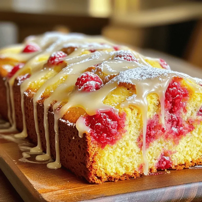 - 1 ½ cups all-purpose flour - 1 teaspoon baking powder - ½ teaspoon baking soda - ¼ teaspoon salt - ½ cup unsalted butter, softened to room temperature - 1 cup granulated sugar - 2 large eggs, at room temperature - Zest of 1 large lemon (about 1 tablespoon) - 2 tablespoons freshly squeezed lemon juice - ½ teaspoon pure vanilla extract - 1 cup fresh raspberries, lightly dusted with flour - ¼ cup powdered sugar (for the glaze) - 1 tablespoon freshly squeezed lemon juice (for the glaze) Gathering your ingredients is the first step to baking this delightful lemon raspberry loaf. Start with all-purpose flour; you will need one and a half cups. This flour gives the loaf its structure. Next, grab baking powder (1 teaspoon), baking soda (½ teaspoon), and salt (¼ teaspoon). These leavening agents help the loaf rise and add flavor. You also need unsalted butter (½ cup). Make sure it is softened. This makes it easy to cream with sugar. Speaking of sugar, you will need granulated sugar (1 cup). This gives the loaf sweetness and helps it get light and fluffy. Now, for the eggs, use 2 large eggs, at room temperature. They help bind the loaf together. For a bright flavor, add the zest of 1 large lemon (about 1 tablespoon) and 2 tablespoons of freshly squeezed lemon juice. These add a fresh zing to each bite. Don’t forget pure vanilla extract (½ teaspoon) for a lovely aroma. For the star of the show, you’ll need 1 cup of fresh raspberries. Lightly dust them with flour to keep them from sinking in the batter. Finally, for the glaze, gather powdered sugar (¼ cup) and another tablespoon of freshly squeezed lemon juice. This will create a sweet, tangy finish on top of the loaf. For an extra touch, consider garnishing your slices with fresh raspberries and a sprinkle of lemon zest. With all these ingredients ready, you are set to bake a delicious lemon raspberry loaf. You can find the full recipe above to guide you through each step. First, preheat your oven to 350°F (175°C). This step gets your oven ready for baking. Next, take your 9x5-inch loaf pan and grease it well with butter or cooking spray. Then, line the bottom with parchment paper. This makes it easy to remove the loaf later. In a medium bowl, whisk together the all-purpose flour, baking powder, baking soda, and salt. This step is key. Whisking helps to mix the dry ingredients evenly. It also adds air, making your loaf light and fluffy. In a large bowl, use an electric mixer to cream the softened butter and granulated sugar. Mix them at medium speed for about 2-3 minutes. You want the mixture to be light and fluffy. This creates a nice base for your loaf. Now, add the room-temperature eggs one by one to the butter mix. Be sure to mix well after each egg. Next, add the lemon zest, lemon juice, and vanilla extract. Blend these until the mixture is smooth. Gradually add your dry ingredients to the wet mix. Use a spatula to gently fold them together. Be careful not to overmix. Doing so can make your loaf dense and tough. Take your lightly dusted raspberries and gently fold them into the batter. Use a spatula to do this. The goal is to keep the raspberries intact for a burst of flavor in each slice. Pour the batter into your prepared loaf pan. Smooth the top with a spatula. Place the pan in the oven and bake for 45-50 minutes. A toothpick should come out clean when the loaf is done. Let it cool in the pan for 10 minutes, then move it to a wire rack to cool completely. In a small bowl, whisk together the powdered sugar and 1 tablespoon of lemon juice. Mix until smooth and free of lumps. This glaze will add a sweet touch to your loaf. Once the loaf is cool, drizzle the glaze over it. Let it drip down the sides for a pretty look. Slice the loaf into 8 pieces. You can serve it on a decorative platter with extra raspberries and lemon zest for a nice touch. Enjoy the sweet and tangy flavors! For the full recipe, check out the complete details above. To get the best texture for your lemon raspberry loaf, avoid overmixing. Mixing too much can make your loaf dense. Stir the batter gently until the dry and wet ingredients just blend. Using room temperature ingredients is also key. Cold butter or eggs can lead to uneven mixing. Let your butter and eggs sit out for about 30 minutes before you start. This small step makes a big difference in your loaf's final texture. Want to add extra zest or sweetness? Try using more lemon zest or a splash of vanilla. You can even stir in some lemon extract. It gives a nice boost to the flavor. If you prefer a sweeter loaf, add a bit more sugar. Just remember to balance it with extra lemon juice to keep the flavor bright. What if your loaf sinks or is dry? If it sinks, it might have been underbaked or overmixed. Always check if a toothpick comes out clean before removing it from the oven. For a dry loaf, make sure you measure flour correctly. Too much flour can lead to dryness. Use the spoon-and-level method for accuracy. If your loaf is still dry, consider adding a little more lemon juice to your glaze. This can help boost moisture and flavor. These tips will help you create a delightful lemon raspberry loaf that everyone will love! For the complete recipe, check out the Full Recipe section. {{image_4}} If you want a dairy-free Lemon Raspberry Loaf, use coconut oil instead of butter. For gluten-free options, replace the all-purpose flour with a gluten-free blend. You can also try different fruits. Blueberries or blackberries work well in this loaf. They add a new twist while keeping the flavors bright and fresh. You can enhance the flavor in many ways. Adding fresh herbs like thyme or mint gives a unique taste. Just a pinch can change the whole loaf. You might also try extracts, such as almond or coconut. These can blend nicely with lemon and raspberry. Remember to keep the amounts small, so they don’t overpower the main flavors. Make the loaf seasonal by using fruits that are in season. In summer, you could add peaches or strawberries. In fall, consider using apples or even pumpkin puree for a warm taste. You can also adapt it for holidays. Adding spices like cinnamon or nutmeg gives a festive feel. Each season brings new flavors, making this loaf a year-round delight. For the full recipe, check out the Lemon Raspberry Loaf Delight. To keep your lemon raspberry loaf fresh, wrap it tightly in plastic wrap. You can also use an airtight container. This prevents moisture loss and keeps flavors intact. Store it at room temperature for up to three days. If you want it to last longer, consider refrigerating it. Just remember to bring it back to room temperature before serving. Freezing your loaf is easy. First, let it cool completely. Then, wrap it in plastic wrap and foil. This double layer helps keep it fresh. Place the wrapped loaf in a freezer bag. It will stay good for up to three months. When you are ready to enjoy it, take it out and let it thaw in the fridge overnight. For a quick thaw, leave it out at room temperature for a few hours. The lemon raspberry loaf will last about three days at room temperature. If you keep it in the fridge, it can last up to a week. Watch for signs of spoilage like mold or an off smell. If you see any, it’s best to toss it. When stored well, the loaf stays moist and delicious for days! You can use frozen raspberries instead. They work great in this recipe. Just make sure to thaw and drain them first. You can also use other berries like blueberries or strawberries if you prefer. They all bring a nice flavor to the loaf. Yes, you can prepare the batter a day ahead. Just store it in the fridge before baking. You can also bake the loaf in advance. Allow it to cool completely, then wrap it tightly in plastic wrap. This keeps it fresh for a few days. The loaf is ready when a toothpick comes out clean or with a few crumbs. Another sign is a golden-brown top. Look for a slight spring when you press the top gently. These signs ensure your loaf is perfect. Absolutely! Chopped nuts like walnuts or pecans add a nice crunch. You can also try adding chocolate chips for a sweet twist. Just mix them in gently with the raspberries to keep everything intact. Yes, you can make mini loaves! Use smaller pans and adjust the baking time. Bake for 25-30 minutes, checking for doneness with a toothpick. This makes perfect gifts or treats for sharing. For the full recipe, click here: [Full Recipe]. You now know how to create a delicious raspberry loaf! We covered the key ingredients and step-by-step instructions. Remember to follow the tips for perfect texture and flavor. Don’t hesitate to try variations that fit your taste. Proper storage and freezing techniques will keep your loaf fresh longer. Enjoy experimenting with this versatile recipe. Your next baking adventure awaits!