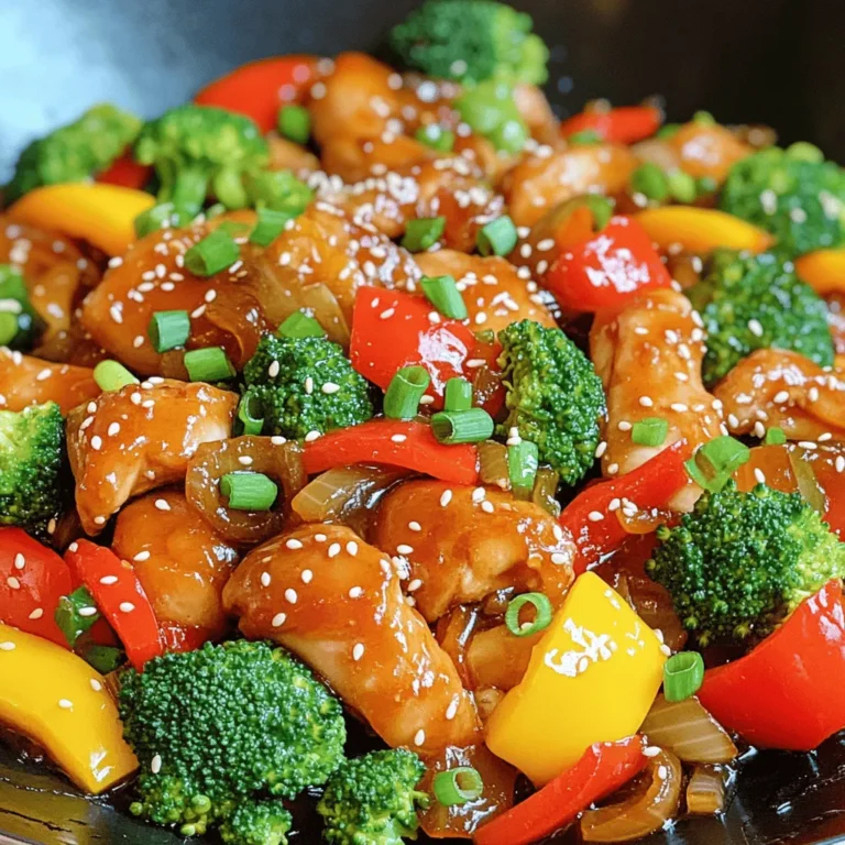 - 1 lb boneless, skinless chicken thighs - Mixed bell peppers - Broccoli florets - 1 medium onion, thinly sliced - 3 cloves garlic, minced - Honey - Low-sodium soy sauce - Sesame oil - Fresh ginger - Cornstarch slurry - Vegetable oil - Garnishes: sesame seeds and green onions To make Honey Garlic Chicken Stir Fry, gather these tasty ingredients. You’ll use chicken thighs for juiciness. Mixed bell peppers add color and crunch. Broccoli gives a great texture and nutrition. For the sauce, honey adds sweetness. Low-sodium soy sauce gives a savory touch. Sesame oil brings a rich flavor. Fresh ginger adds a nice zing. Don’t forget the extra items. The cornstarch slurry helps thicken the sauce. Vegetable oil is great for cooking. Garnishes like sesame seeds and green onions make it look pretty. You can find the full recipe above. Enjoy cooking this quick and delicious meal! Whisk together honey, soy sauce, sesame oil, and ginger. Mix until smooth. This sauce adds sweet and savory notes to the dish. It will coat the chicken and veggies well, making each bite tasty. Combine chicken with salt and pepper in a bowl. Toss to coat it well. Let it marinate for about 10 minutes. This step brings out the chicken's flavor and makes it tender. - Heat the Pan: In a large wok or skillet, heat 1 tablespoon of vegetable oil over medium-high heat. Wait until it shimmers. - Cook Chicken: Add the marinated chicken in a single layer. Cook for 5-7 minutes. Stir occasionally until golden brown and cooked through. Remove it from the pan and set aside. - Sauté Vegetables: Add the remaining oil to the same pan. Toss in minced garlic, sliced onions, and bell peppers. Stir-fry for 3-4 minutes until tender but crisp. Then add broccoli and cook for 2 more minutes. - Combine Chicken and Sauce: Return the chicken to the pan. Pour in the sauce and stir gently. Make sure everything is coated evenly. - Thicken Sauce: Add the cornstarch slurry. Stir and cook for 1-2 minutes until the sauce thickens. This step gives the dish a nice glossy finish. Serve warm over rice or noodles. Enjoy this flavorful quick meal! For the full recipe, check the detailed instructions above. For stir-frying, use a wok or a large pan. These tools help with even cooking. The key is high heat. This keeps the food crisp and helps it cook fast. You want to hear a sizzle when you add the chicken. Keep the food moving for the best results. This way, everything cooks evenly and does not burn. You can add spices like red pepper flakes for heat. Try a splash of lime juice for a fresh kick. Balancing flavors is crucial. Sweetness from honey needs a bit of tang. This makes each bite pop. Don't be afraid to experiment with extra veggies. They can add texture and color to your meal. To serve, use colorful bowls or plates. Start with a base of rice or noodles. Layer the chicken and veggies on top. Drizzle with some extra sauce for flair. For garnishes, sprinkle sesame seeds and green onions. These add a nice crunch and a pop of color. A well-presented dish makes the meal feel special. {{image_4}} You can switch chicken for other proteins. Shrimp works well in this dish. Just cook shrimp for a few minutes. It cooks faster than chicken. Tofu is another great choice. Use firm tofu and cut it into cubes. It absorbs flavors well when marinated. If you want to change up the veggies, try adding snap peas or carrots. They add nice colors and crunch. Zucchini is also a tasty option. You can even throw in mushrooms for a different texture. Feel free to mix any veggies you like! Adjusting the sauce can change the dish's taste. If you like it sweeter, add more honey. For some heat, include a dash of chili paste or red pepper flakes. You can also use low-sodium soy sauce for a lighter flavor. Just find what suits your taste best! Try these tips to make your meal special. Check out the [Full Recipe] to get started! To store leftovers, let the stir fry cool down first. Place it in an airtight container. Keep it in the fridge. It will stay fresh for up to three days. When you want to eat it, check for any off smells or changes in color before reheating. If you want to freeze your honey garlic chicken stir fry, use freezer-safe bags or containers. Make sure to remove as much air as possible. This keeps the stir fry fresh. It can last for up to three months in the freezer. Label the bags with the date. This way, you know when to use them. When reheating, use a skillet or a wok for best results. Heat it over medium heat. Add a little water or broth to keep it moist. Stir gently until heated through. This method helps keep the chicken juicy and the veggies crisp. Avoid using a microwave if you can, as it can make the texture mushy. Enjoy your meal! You can serve this dish with several sides. Here are some ideas: - Steamed jasmine rice - Fried rice with veggies - Noodles, such as lo mein or rice noodles - A simple salad with a light dressing - Roasted or steamed vegetables for extra color These sides add balance to your meal and enhance the flavors of the stir fry. Yes, you can prepare parts of this recipe ahead of time. Here’s how: - Marinate chicken in advance: You can marinate the chicken up to 24 hours before cooking. This boosts the flavor. - Chop veggies early: Slice the peppers, onions, and broccoli the day before. Store them in the fridge. - Make the sauce ahead: Whisk the sauce ingredients together and store them in an airtight container. When you are ready to cook, just combine everything in a pan. It will save you time! The calorie count for Honey Garlic Chicken Stir Fry varies based on serving size. On average, one serving has about 350-400 calories. This includes: - Chicken and vegetables - Sauce and oil used for cooking This dish is a tasty, balanced meal that fits into a healthy diet. For more details, refer to the Full Recipe. You learned how to make a tasty Honey Garlic Chicken Stir Fry. We covered essential ingredients, easy steps, and helpful tips. You can switch proteins or veggies for variety. Don’t forget about storage and reheating for later meals. This dish is quick, healthy, and perfect for any night. Enjoy making it your own. Happy cooking!